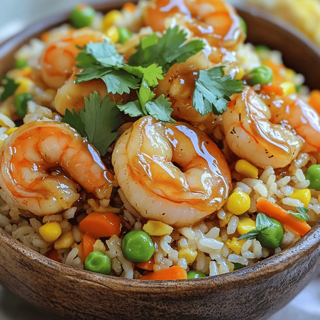 - 1 lb (450g) shrimp, peeled and deveined - 2 cups cooked jasmine rice (day-old preferred) - 3 tablespoons honey - 3 cloves garlic, minced - 2 tablespoons soy sauce - 1 tablespoon sesame oil - 2 green onions, sliced - 1 cup mixed vegetables (peas, carrots, corn) - 2 large eggs, beaten - Fresh cilantro for garnish - Salt and pepper to taste Gathering the right ingredients is key for this dish. For the shrimp, I use fresh or frozen. Make sure to peel and devein them. Day-old jasmine rice works best because it is less sticky. Honey gives a sweet touch, while minced garlic adds flavor. For extra taste, soy sauce and sesame oil are must-haves. Green onions add a fresh crunch. I love using a mix of peas, carrots, and corn for color and nutrition. If you want to make it heartier, consider adding beaten eggs. Fresh cilantro makes a lovely garnish, and salt and pepper enhance the taste. Each ingredient plays a role in making this dish a winner. 1. First, heat sesame oil in a large skillet over medium-high heat. 2. Add minced garlic and sauté for about 30 seconds. The garlic should smell nice but not brown. 3. Now, add the shrimp and cook for 3 to 4 minutes. You want them to turn pink and opaque. 1. Drizzle honey and soy sauce over the cooked shrimp. 2. Toss the shrimp well to coat them in the sauce. Set the shrimp mixture aside for later. 1. In the same skillet, add mixed vegetables. Sauté them for 2 to 3 minutes until warm. 2. Push the veggies to one side of the skillet. Pour beaten eggs on the other side. 3. Scramble the eggs until cooked, then mix them with the vegetables. 4. Next, add the cooked jasmine rice to the skillet. Break up any clumps as you stir. 5. Return the honey garlic shrimp to the skillet. Mix everything well to combine. 6. Season with salt and pepper to your liking. 7. Finally, remove from heat and stir in sliced green onions just before serving. Using day-old rice makes a big difference. Fresh rice can be sticky and mushy. Day-old rice is drier and gives your fried rice a nice texture. Just store it in the fridge overnight. Before cooking, break up any clumps with a fork. To cook shrimp perfectly, heat your skillet on medium-high. Add sesame oil and garlic first. Cook for 30 seconds until fragrant. Then, add shrimp. Cook until they turn pink and opaque, which takes about 3-4 minutes. Don’t overcook; they will be tough. For a great presentation, serve the fried rice in bowls. Top each bowl with fresh cilantro and sliced green onions. This adds color and freshness. You can also serve lime wedges on the side. The lime gives a zesty kick that brightens the dish. Pair this meal with a simple side salad or steamed broccoli. These options balance the flavors and add extra nutrients. You can even serve it with a light soup for a complete meal. To boost flavor, consider adding spices like red pepper flakes or black pepper. Fresh herbs like basil or mint can also work wonders. Just chop them finely and mix them in right before serving. If you want extra flavor, try adding soy sauce or a splash of chili sauce. These can give your dish a nice kick. Just remember to start with a small amount and adjust to your taste. {{image_2}} You can easily swap shrimp for other proteins. Chicken works well and cooks quickly. Just cut it into small pieces. Tofu is a great option for vegetarians. Use firm tofu and cube it before cooking. For a vegan twist, try plant-based shrimp. It mimics shrimp's texture and taste. Feel free to change up the veggies too. Use any seasonal vegetables you like. Fresh broccoli, snap peas, or zucchini add great flavor. Spinach is another excellent choice. Toss it in at the end for extra nutrients. Bell peppers add a nice crunch and color too. If you don’t have jasmine rice, don’t worry! You can use brown rice for a nuttier taste. Brown rice is healthier and adds more fiber. Cauliflower rice is a fantastic low-carb option. It cooks fast and soaks up flavors well. Just make sure to adjust the cooking time for these alternatives. To keep your Honey Garlic Shrimp Fried Rice fresh, store it in an airtight container. This helps lock in flavor and moisture. Let the rice cool to room temperature before sealing it. In the fridge, it will stay good for about 3 to 4 days. Reheating fried rice can be tricky. The best way is to use a skillet. Heat it over medium heat, adding a splash of water or broth. This helps steam the rice and keeps it moist. Stir often to avoid burning. If you use a microwave, cover it loosely with a lid or wrap. This keeps some moisture in. Yes, you can freeze Honey Garlic Shrimp Fried Rice! To freeze, let it cool completely and pack it in a freezer-safe bag. Remove as much air as possible. It’s best to eat it within 1 to 2 months for the best taste. To thaw, place it in the fridge overnight. Reheat in a skillet or microwave until hot. Yes, you can make this dish ahead. Meal prepping honey garlic shrimp fried rice is easy. Start by cooking the shrimp and rice. You can store these in separate containers. When ready to eat, simply reheat and mix. This method keeps flavors fresh. Tips for meal prepping: - Use day-old rice for best texture. - Cook shrimp just until pink, then cool. - Store veggies and eggs separately to keep them fresh. - Mix everything together right before serving. If you need to skip soy sauce, try tamari. It has a similar taste and is often gluten-free. You can also use coconut aminos. It’s a great choice for a sweeter flavor. Alternatives for soy sauce in this recipe: - Tamari: A gluten-free option. - Coconut aminos: Sweeter and less salty. - Liquid aminos: A soy sauce alternative with a similar flavor. Yes, you can make honey garlic shrimp fried rice gluten-free. Just use tamari or coconut aminos instead of soy sauce. Most shrimp and veggies are naturally gluten-free too. How to make a gluten-free version: - Choose gluten-free soy sauce or coconut aminos. - Check all packaged ingredients for gluten content. - Use fresh vegetables for the best taste and texture. This blog post covered how to make delicious honey garlic shrimp fried rice. We talked about key ingredients, step-by-step instructions, and useful tips to elevate your dish. You learned about variations, like protein and vegetable swaps, plus storage and reheating advice. Cooking can be fun and creative. Enjoy trying new ideas to make this dish your own. With simple tweaks, you can take your meals to the next level. Happy cooking!