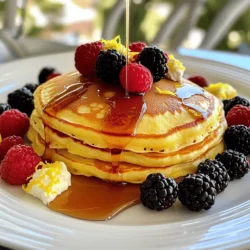 - 1 cup ricotta cheese - 1/2 cup milk - 3 large eggs - Zest of 1 lemon - 1 tablespoon fresh lemon juice To make these pancakes, start with ricotta cheese. This cheese gives a creamy texture. Next, add milk for moisture. Eggs help bind everything together. Lemon zest and juice add a bright flavor. The fresh taste of lemon makes it special. - 1 cup all-purpose flour - 2 tablespoons sugar - 1 tablespoon baking powder - 1/2 teaspoon salt Now, let’s move to the dry ingredients. All-purpose flour forms the pancake base. Sugar adds a touch of sweetness. Baking powder helps the pancakes rise and become fluffy. Salt balances the flavors, making each bite tasty. - Butter or oil for cooking - Maple syrup and fresh berries for serving For cooking, you need butter or oil. This prevents the pancakes from sticking. When serving, top them with maple syrup. Fresh berries add color and flavor. Together, they make a delightful breakfast. In a large bowl, combine the ricotta cheese, milk, eggs, lemon zest, and lemon juice. Use a whisk to mix until smooth. Make sure everything blends well. This step is key for a creamy texture. In another bowl, mix together the flour, sugar, baking powder, and salt. Stir well to combine. This helps the dry ingredients to be evenly spread in the batter. Gradually add the dry mix to the wet mixture. Stir gently just until combined. Remember, it is okay to have a few lumps. Overmixing can make your pancakes tough. Heat a non-stick skillet over medium heat. Lightly grease it with butter or oil. Pour about 1/4 cup of batter onto the skillet for each pancake. Cook for 2-3 minutes. Look for bubbles on the surface and edges that look set. Flip the pancakes and cook for another 2-3 minutes until golden brown. Repeat until all batter is used. Enjoy them warm with maple syrup and fresh berries. To get the best texture in your pancakes, avoid overmixing the batter. When you mix too much, you make the pancakes tough. Just mix until the dry ingredients are combined with the wet ones. The batter should still have some lumps. Ricotta cheese plays a key role in making these pancakes soft and fluffy. It adds moisture and a creamy texture. This creaminess helps the pancakes rise well when cooked. You can add a splash of vanilla extract for a sweet twist. Fresh herbs like basil can also bring a fun flavor. They add a nice surprise to the pancakes. For serving, think beyond just syrup. Try fresh berries, whipped cream, or a sprinkle of powdered sugar. These toppings boost the taste and look of your pancakes. For the best cooking, use a non-stick skillet over medium heat. Make sure to lightly grease it with butter or oil. This prevents sticking and helps the pancakes brown nicely. Look for bubbles forming on the surface as a sign of doneness. When the edges look set, it’s time to flip. After flipping, cook until golden brown. This helps ensure your pancakes are cooked through and delicious. {{image_2}} You can change up your lemon ricotta pancakes in fun ways. - Blueberry Lemon Ricotta Pancakes: Add fresh blueberries to the batter. They burst while cooking, adding sweetness. This gives a lovely contrast to the lemon flavor. - Savory Herb-Infused Pancakes: Mix in herbs like chives or parsley. These add a savory twist. Serve these with eggs for a brunch that feels special. If you have specific dietary needs, you can still enjoy these pancakes. - Gluten-free options: Use a gluten-free flour blend instead of all-purpose flour. This keeps the soft texture while making it safe for gluten-free diets. - Dairy-free alternatives: Swap ricotta with dairy-free cheese. Use almond milk or oat milk for a creamy base. This way, everyone can join in the fun. Toppings can make your pancakes even better. - Creative toppings and pairs: Try adding whipped cream, honey, or yogurt. Fresh fruits like strawberries or raspberries pair well, too. - Ideal accompaniments: Serve with crispy bacon or sausage for a full meal. A side of fresh fruit salad can brighten up your plate. To keep leftover pancakes fresh, place them in an airtight container. Refrigerate them for up to three days. If you want to save them longer, freeze the pancakes. Just stack them with parchment paper between each one. This helps prevent them from sticking together. When you're ready to eat your pancakes, you can use a few methods to reheat them: - Microwave: Place a pancake on a microwave-safe plate. Heat for about 20-30 seconds. - Skillet: Heat a skillet over low heat. Add a little butter, then warm each pancake for 1-2 minutes on each side. - Oven: Preheat the oven to 350°F (175°C). Place pancakes on a baking sheet and cover them with foil. Heat for about 10 minutes. To keep the texture and flavor, avoid overheating. Each method helps retain their light and fluffy goodness. You can prepare these pancakes in advance for busy mornings. Make the batter a day ahead and store it in the fridge. Just remember to stir it gently before cooking. For easy meal prep, store dry ingredients in one container and wet ingredients in another. This way, you can mix them quickly in the morning without a mess. Enjoy your delicious pancakes with fresh toppings! You can use cottage cheese or cream cheese as a substitute. Cottage cheese gives a similar texture but may have a chunkier feel. Cream cheese makes the pancakes richer but can be denser. You can also use Greek yogurt for a tangy flavor, but it will change the texture. Each substitute will affect the pancakes' taste and fluffiness, so choose based on your preference. Yes, you can make these pancakes ahead of time. To do this, cook the pancakes and let them cool completely. Place the pancakes in an airtight container or wrap them tightly in foil. Store them in the fridge for up to three days. You can also freeze them for up to a month. Just separate layers with parchment paper to prevent sticking. To serve more people, simply double or triple the recipe. Keep the same ratios for the ingredients. If you want to make more, prepare the batter in batches. You can also use two skillets to cook pancakes faster. Just keep an eye on the cooking time, as more pancakes will need a bit longer on the heat. Many toppings work great with these pancakes. You can top them with maple syrup and fresh berries for a sweet touch. Sliced bananas or whipped cream add a nice creaminess. For a twist, try a dollop of lemon curd or a sprinkle of powdered sugar. You can even add nuts or granola for some crunch. Mix and match to find your favorite combination! These Lemon Ricotta Pancakes are simple to make and delightful to eat. We mixed fresh ingredients like ricotta, milk, and eggs to create a rich batter. Remember not to overmix for the best texture. You can also explore flavor variations, dietary adjustments, and creative toppings. Store leftovers or prep in advance for busy mornings. Enjoy your delicious pancakes with maple syrup or fresh berries. With these tips, you’ll impress everyone at the breakfast table. Get cooking, and savor every bite!