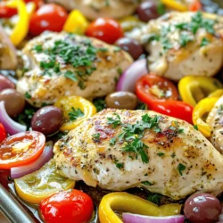 - 4 boneless, skinless chicken breasts - 1/4 cup olive oil - 3 tablespoons fresh lemon juice - Zest of 1 lemon - 4 cloves garlic, minced - 1 teaspoon dried oregano - 1 teaspoon dried thyme - Salt and pepper to taste The chicken breasts form the heart of this dish. They soak up all the flavors. Olive oil and lemon juice add richness and brightness. Garlic brings a warm, savory taste. Oregano and thyme add depth and a hint of earthiness. Salt and pepper enhance all these flavors. - 1 red bell pepper, sliced - 1 yellow bell pepper, sliced - 1 red onion, cut into wedges - 1 cup cherry tomatoes - 1/2 cup Kalamata olives The vegetables add color and nutrition. Bell peppers offer sweetness and crunch. Red onion gives a mild, tangy flavor. Cherry tomatoes burst with juiciness. Kalamata olives bring a briny kick. Together, they create a tasty and vibrant mix. - Fresh parsley, chopped for garnish Fresh parsley adds a pop of green. It brightens the dish and adds freshness. Just sprinkle it on top before serving. It makes your meal look and taste better. First, preheat your oven to 400°F (200°C). This step is key for even cooking. Next, prepare the marinade. In a small bowl, whisk together 1/4 cup of olive oil, 3 tablespoons of fresh lemon juice, the zest of one lemon, and 4 minced garlic cloves. Add 1 teaspoon of dried oregano, 1 teaspoon of dried thyme, and salt and pepper to taste. This mix will bring a burst of flavor to your chicken. Now, it’s time to marinate the chicken. Place 4 boneless, skinless chicken breasts on a large sheet pan. Pour half of the lemon-garlic marinade over the chicken, making sure each piece is coated. Let it marinate for at least 15 minutes or up to 2 hours in the fridge for a deeper flavor. While the chicken marinates, prepare the vegetables. Slice 1 red bell pepper and 1 yellow bell pepper. Cut 1 red onion into wedges and add 1 cup of cherry tomatoes and 1/2 cup of Kalamata olives to the sheet pan. Drizzle the remaining marinade over the vegetables and toss them gently to coat. This adds flavor to every bite. Arrange the marinated chicken breasts among the vegetables on the sheet pan. This layout ensures even cooking and great presentation. Place the sheet pan in the preheated oven. Bake for 25-30 minutes or until the chicken reaches an internal temperature of 165°F (75°C). This step is crucial for food safety. Once cooked, remove the pan from the oven and let it rest for a few minutes. This allows the juices to settle, keeping your chicken moist. Finally, garnish with chopped fresh parsley before serving. This adds a pop of color and freshness. Enjoy your savory sheet-pan lemon garlic Greek chicken! - Optimal marinating time: Marinate the chicken for at least 15 minutes. For better flavor, let it sit for up to 2 hours in the fridge. This allows the chicken to absorb the lemon and garlic flavors deeply. - Homemade marinade variations: You can play with the marinade. Try adding honey for sweetness or a splash of red wine vinegar for tang. You can also swap oregano for rosemary or add a pinch of cumin for warmth. - Achieving perfect chicken texture: Bake the chicken until it reaches 165°F (75°C). You can use a meat thermometer to check. This ensures the chicken is juicy and tender, not dry. - Oven temperature adjustments: If you like crispy edges, broil the chicken for the last 3-5 minutes. Just watch closely to avoid burning! - How to style the dish for serving: Arrange the chicken and veggies neatly on a large platter. Drizzle some extra marinade over the top for shine. - Suggestions for plating: Garnish with fresh parsley for color. You can also add lemon wedges on the side. This adds a pop of brightness and invites your guests to squeeze more lemon on their meal. {{image_2}} For this dish, you can use different chicken cuts. Chicken thighs work well because they stay juicy. If you prefer dark meat, try using bone-in thighs. You can also use chicken tenders for a quick meal. If you're looking for alternative proteins, tofu is a great option. Firm tofu soaks up flavors well. Just press it to remove excess water before marinating. You can also try pork tenderloin, which pairs nicely with lemon and garlic. Feel free to switch up the vegetables based on what’s in season. Zucchini, asparagus, or even carrots can add great flavor. Using seasonal veggies boosts freshness and taste. Adding colorful veggies makes the dish more fun. Consider using purple eggplant or bright green snap peas. They not only taste great but also make your plate pop with color. To take the flavor up a notch, you can introduce spices. Try adding paprika or cumin for a warm kick. You can also mix in a bit of crushed red pepper for heat. Adjusting acidity and sweetness can also change the dish. If you like it sweeter, add a touch of honey or maple syrup. For more acidity, squeeze extra lemon juice right before serving. These small tweaks can create new and exciting flavor profiles. To store your leftovers, first let the dish cool down. Place the chicken and veggies in an airtight container. You can keep this in the fridge for up to three days. Make sure to cover it well to keep it fresh and tasty. When reheating, the oven is best. Preheat it to 350°F (175°C). Place the chicken and vegetables on a baking sheet. Cover them with foil to keep moisture inside. Heat for about 15 minutes or until hot. This helps keep the chicken juicy and the veggies crisp. To freeze, let the dish cool completely. Place chicken and veggies in a freezer-safe bag or container. Squeeze out as much air as possible before sealing. You can freeze it for up to three months. When you are ready to eat, thaw it in the fridge overnight. To reheat, follow the oven method mentioned above. This way, you can enjoy your tasty meal even later! Making this dish takes only 35 minutes. You spend 15 minutes prepping the food. This includes making the marinade and chopping the veggies. Cooking takes about 25 to 30 minutes in the oven. Your chicken will be ready when it reaches 165°F. This makes it a quick and tasty option for any night. Yes, you can use other olives! While Kalamata olives give a great flavor, green olives work too. You might also try black olives or even stuffed olives. Each type adds a unique taste. Feel free to mix different kinds for extra fun. Many sides go great with Sheet-Pan Lemon Garlic Greek Chicken. Consider serving it with: - Rice or quinoa for a hearty touch - Greek salad for a fresh crunch - Roasted potatoes for added comfort - Grilled vegetables for more color and taste These sides complement the chicken and veggies well, making your meal complete. This blog post covered a delicious sheet-pan lemon garlic Greek chicken. We explored key ingredients like chicken, veggies, and herbs. I shared simple steps for preparation, assembly, and cooking. You learned about tips for marinating, perfecting texture, and presenting your dish. We also discussed variations, storage methods, and answered common questions. Remember, cooking is all about creativity. Make this recipe your own with different ingredients. Enjoy the fresh, vibrant flavors that come together effortlessly in one pan!