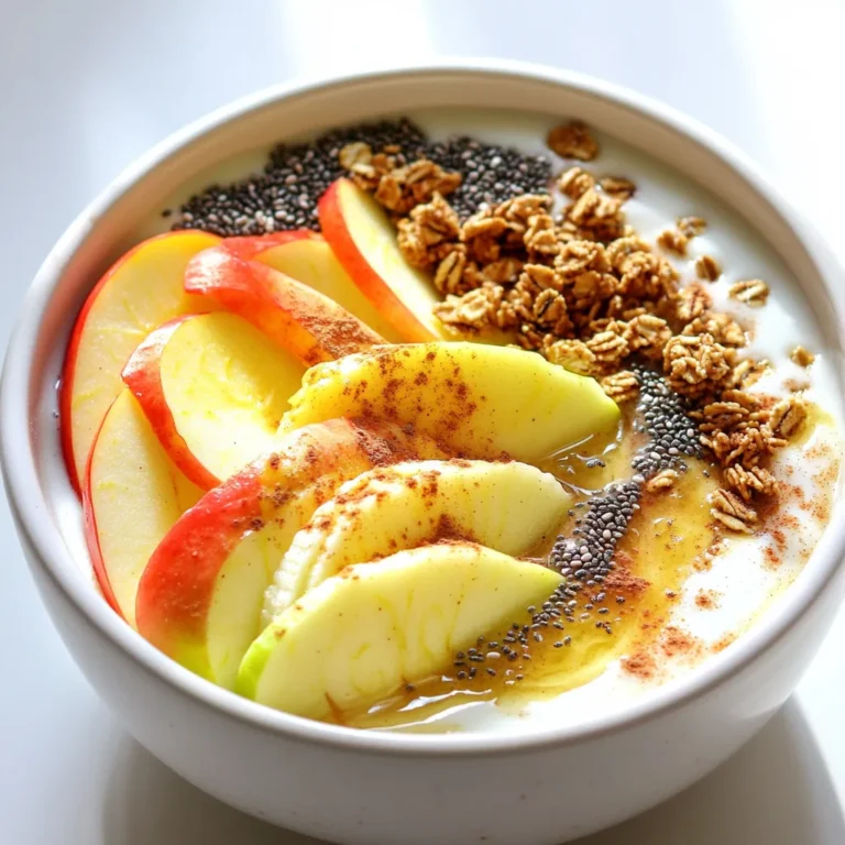 - Apples: I love using two types of apples. One green apple adds tartness, and one red apple brings sweetness. This mix gives a nice balance of flavors. Apples are high in fiber and vitamin C, which are great for health. - Greek yogurt or dairy-free alternative: Greek yogurt makes the smoothie creamy and adds protein. If you prefer dairy-free, use coconut or almond yogurt. Both options give a rich taste and texture. - Frozen banana: A frozen banana is a must for this smoothie bowl. It adds natural sweetness and creaminess. Plus, it helps make your smoothie cold and refreshing. - Almond milk options: I like almond milk for its nutty flavor. You can use sweetened or unsweetened, depending on your taste. Other milk options like oat or soy milk work well too. - Sweeteners: honey vs. maple syrup: You can use either honey or maple syrup to sweeten your smoothie. Honey gives a floral taste, while maple syrup has a warm, earthy flavor. Choose what you like best! - Optional toppings for enhancement: To make your smoothie bowl extra special, try these toppings: sliced apples, chia seeds, granola, and a sprinkle of cinnamon. These toppings add crunch and flavor, making your bowl even more delightful. This Apple Cinnamon Smoothie Bowl is a fun way to enjoy healthy ingredients. Each part adds to the overall taste and nutrition. Enjoy creating your bowl, and feel free to mix in your favorite extras! Start by peeling and chopping the apples. Use one green apple for a tart taste and one red apple for sweetness. This mix gives a great balance of flavors. Next, take a frozen banana. The frozen banana adds creaminess and sweetness to your smoothie. Measure out one cup of Greek yogurt or a dairy-free option. This will give your smoothie bowl a nice, thick texture. Now, it’s time to blend. Add the chopped apples, Greek yogurt, frozen banana, and half a cup of almond milk into the blender. Don’t forget the teaspoon of cinnamon powder and honey or maple syrup if you want extra sweetness. Blend everything until it’s smooth and creamy. If it’s too thick, add more almond milk to reach your desired consistency. To add texture, toss in a quarter cup of rolled oats. Pulse the blender a few times so that the oats mix in but still give a bit of crunch. Pour the smoothie mixture into a bowl, using a spatula to smooth the top. For a beautiful finish, arrange sliced apples on top, sprinkle with chia seeds and granola, and dust with more cinnamon. Enjoy your tasty and healthy Apple Cinnamon Smoothie Bowl right away! To get the right thickness for your Apple Cinnamon Smoothie Bowl, you can adjust the milk. If you want it thicker, use less almond milk. If it’s too thick, add more milk. When blending, start on a low setting. This helps mix the ingredients gently. After a few seconds, switch to high speed. Blend until smooth, but leave some texture from the oats. Cinnamon adds warmth, but you can try other spices. Nutmeg or allspice can give a nice twist. If you like a little heat, add a pinch of ginger. For a different flavor, consider adding vanilla extract. This small change can make a big difference in taste. This smoothie bowl works great for breakfast or a snack. Top it with sliced apples and granola for crunch. You can also pair it with a piece of toast or some nuts for a balanced meal. Feel free to get creative with toppings. Chia seeds add nutrition, while a drizzle of honey makes it sweeter. Enjoy your bowl right away for the best taste! {{image_2}} You can easily switch up the fruits in your Apple Cinnamon Smoothie Bowl. Try using pears for a sweet touch. Berries add a bright flavor and color. Seasonal fruits like peaches or plums work great in summer. In fall, go for figs or pomegranates. This keeps your smoothie fresh and exciting. If you're vegan, swap Greek yogurt for a plant-based yogurt. Almond or coconut yogurt blends well. To make it gluten-free, ensure your oats are certified gluten-free. For a protein boost, add protein powder or nut butter. This adds nutrients without adding much prep time. Adding nut butters like almond or peanut can enhance the taste. They give a creamy texture and extra protein. You can also sprinkle in seeds like chia or flax for added crunch. If you want to spice things up, try adding nutmeg or vanilla extract. Each choice can give your smoothie bowl a new twist. To keep your Apple Cinnamon Smoothie Bowl fresh, store it in an airtight container. This helps prevent air exposure, which can make it spoil. I recommend eating it within 24 hours for the best taste and texture. After that, it may separate or lose its creaminess. You can freeze any leftover smoothie mixture if you want to enjoy it later. Pour it into an ice cube tray or a freezer-safe container. This way, it stays fresh for about one month. When you are ready to eat, thaw it in the refrigerator overnight for the best texture. You can also blend it again to make it smooth after thawing. If you have extra smoothie mixture, don’t let it go to waste! You can use it in various ways. Mix it into oatmeal for a quick breakfast or turn it into popsicles for a fun treat. You can even blend it with some greens for a nutrient boost in a smoothie. Get creative and enjoy the flavors! Yes, you can use many types of milk. Almond milk is a great choice. It adds a nutty flavor. You can also use soy milk, oat milk, or coconut milk. These options are tasty and often dairy-free. If you prefer cow's milk, that works too! Just remember to adjust the amount to get your desired smoothie texture. If you don't have Greek yogurt, try plain yogurt. Both dairy and non-dairy options work well. You can use coconut yogurt for a vegan choice. Another option is silken tofu, which makes it creamy. Just blend it well to get a smooth texture. Use any substitute that fits your taste and diet. To make your smoothie bowl more filling, add oats or seeds. Rolled oats give a nice texture and fiber. Chia seeds are another great option. They add healthy fats and protein. You can also mix in nut butter, like almond or peanut butter. For extra nutrition, throw in some spinach or kale. These boosts keep you full and energized! This blog post has covered all the essential steps for making a delicious smoothie bowl. You learned about the key ingredients, like apples and frozen bananas, and how they boost flavor and nutrition. I shared tips for perfecting texture and enhancing flavor with spices. Remember, you can customize your smoothie bowl to fit your taste and diet. Enjoy experimenting with different fruits and toppings. Smoothie bowls are fun to make and great for breakfast or snacks. Enjoy your creation and make it your own!