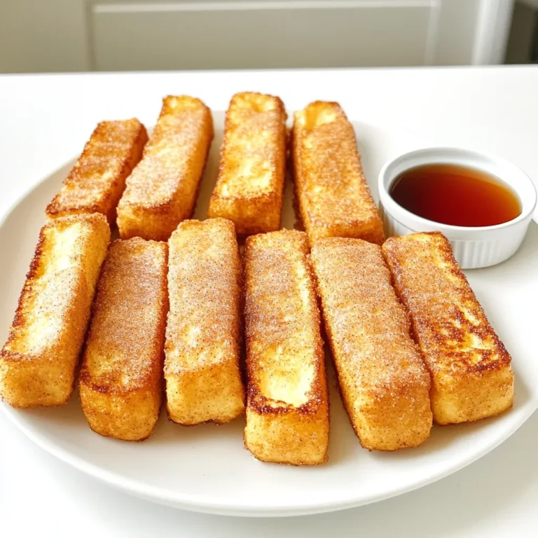 To make Air Fryer Cinnamon Sugar French Toast Sticks, gather these key items: - 6 slices of thick bread (like Texas toast or challah) - 2 large eggs - 1/2 cup milk (you can use dairy or non-dairy) - 1 teaspoon vanilla extract - 1 teaspoon ground cinnamon - 1/4 teaspoon nutmeg - 3 tablespoons granulated sugar - Cooking spray or melted butter for brushing - Maple syrup for dipping (optional) Choosing the right bread makes a big difference. Thick bread holds the egg mixture well. Texas toast and challah are my favorites. You can also try brioche for a richer taste. Avoid thin bread, as it may get too soggy. If you need dairy-free options, use almond, oat, or soy milk. For gluten-free, select gluten-free bread. Many brands offer great choices. You can still enjoy this treat while meeting dietary needs. Just make sure to adjust cooking times as needed. First, grab a large bowl. Add 2 large eggs, 1/2 cup of milk, and 1 teaspoon of vanilla extract. Whisk it all together until mixed well. Now, sprinkle in 1 teaspoon of ground cinnamon and 1/4 teaspoon of nutmeg. Mix again until everything blends into a creamy mixture. This egg mix gives your French toast sticks a rich flavor. Take 6 slices of thick bread, like Texas toast or challah. Lay each slice flat on a cutting board. Cut each slice into 3 equal sticks. Aim for long, even shapes. This makes them easy to dip and cook in the air fryer. The size helps with that perfect golden crust too. Next, dip each bread stick into the egg mixture. Make sure to coat them evenly, but don’t soak them. Let any extra mixture drip off. In a small bowl, mix 3 tablespoons of granulated sugar with the leftover cinnamon. Sprinkle this sweet mix over each stick. Make sure all sides get coated well. This adds a tasty crunch. Preheat your air fryer to 375°F (190°C) for about 3-5 minutes. While it heats, lightly spray the air fryer basket with cooking spray. You can also brush it with melted butter for a richer taste. Place the coated sticks in a single layer in the basket. Avoid overcrowding; you may need to cook in batches. Air fry them for 8-10 minutes, flipping halfway through. Look for a golden brown color and crispy edges. Once done, let them cool slightly before enjoying. Serve warm with maple syrup for dipping if you'd like! To get the best crispness, avoid soaking the bread too long. Dip each stick just enough to coat it. This keeps the insides soft while the outside gets crispy. Air frying at the right temperature is key. Set your air fryer to 375°F (190°C). Cook for 8-10 minutes, flipping halfway. Check for a golden brown color on the outside. For the best flavor and texture, use cooking spray or melted butter. Cooking spray gives a light layer that helps crisp the bread. If you use butter, brush it on lightly. Both options add taste and aid in crisping. Just be careful not to overdo it. A thin layer is all you need. To prevent sticking, spray the air fryer basket with cooking spray. This simple step makes a big difference. Arrange the sticks in a single layer and leave space between them. If they crowd together, they may stick. If using butter, ensure it covers the basket well. This will help the sticks release easily after cooking. {{image_2}} You can jazz up your French toast sticks with fun flavors. Add chocolate chips for a sweet twist. They melt while cooking, making each bite rich. You can also include fresh fruit. Try berries or banana slices. Just place them on the bread before dipping. This makes your sticks tasty and colorful. If you want a savory treat, swap sugar for herbs. Try adding a pinch of garlic powder and some dried herbs. This gives your French toast sticks a whole new taste. You can pair them with cheese. Just sprinkle shredded cheese on top. These savory sticks are perfect for lunch or a snack. Serve your French toast sticks with a variety of toppings. Maple syrup is a classic choice. You can also use honey or fruit compote for a sweet touch. Want something crunchy? Try adding nuts or granola. For sides, pair with yogurt or fresh fruit. This makes your meal balanced and fun! After you enjoy your Air Fryer Cinnamon Sugar French Toast Sticks, store any leftovers in an airtight container. Place them in the fridge if you plan to eat them within three days. This helps keep them fresh and tasty. To reheat your French toast sticks, use the air fryer for the best results. Preheat the air fryer to 350°F (175°C). Place the sticks in a single layer and heat for about 3-5 minutes. This method keeps them crispy and warm, just like fresh. If you want to save some for later, freezing is a great option. First, let the sticks cool completely. Then, place them in a single layer on a baking sheet and freeze for about an hour. Once frozen, transfer them to a freezer bag. They can last up to three months. When you're ready to eat, reheat directly from the freezer using the air fryer. Air Fryer Cinnamon Sugar French Toast Sticks last about 2 to 3 days in the fridge. Store them in an airtight container to keep them fresh. They may lose some crispness over time, but they will still taste good. You can reheat them in the air fryer for a few minutes to regain some crunch. Yes, you can use frozen bread for this recipe. Just let the bread thaw before cutting it into sticks. This way, the egg mixture can coat the bread well. Frozen bread may not soak up as much of the egg mix, but it will still cook nicely in the air fryer. You can serve French toast sticks with many tasty options. Here are a few ideas: - Maple syrup for dipping - Fresh fruit like strawberries or bananas - Whipped cream for a sweet touch - Nut butter for extra protein - Chocolate sauce for a fun twist These additions make your French toast sticks even more enjoyable! You now have a full guide on making Air Fryer Cinnamon Sugar French Toast Sticks. We covered the key ingredients, cooking steps, tips for crispness, and tasty variations. Remember to choose the right bread and try fun flavor additions. Proper storage will keep your leftovers fresh. Enjoy your delicious creation with friends or family. This recipe is easy and fun to share. Now, get cooking and enjoy every bite!