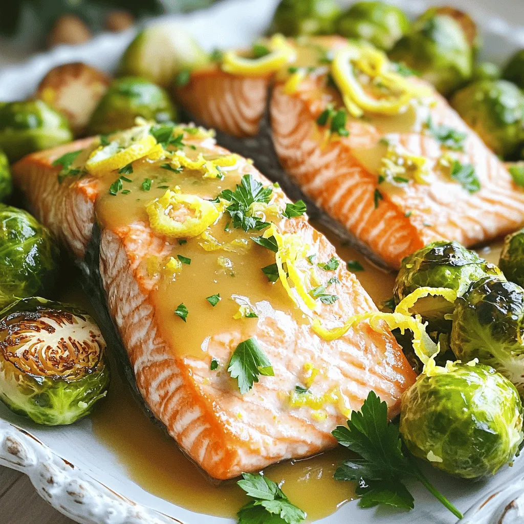 - 4 salmon fillets (about 6 oz each) - 1 lb Brussels sprouts, halved - 3 tablespoons Dijon mustard - 3 tablespoons fresh lemon juice - 2 garlic cloves, minced - 1 tablespoon honey (optional for sweetness) - Fresh parsley for garnish - 3 tablespoons olive oil, divided - Salt and black pepper to taste - Zest of 1 lemon Gathering the right ingredients is key for this dish. First, you need fresh salmon fillets. Look for fillets that are bright and moist. Next, grab some Brussels sprouts. They should be firm and green. Dijon mustard gives the dish a nice tang. Fresh lemon juice brightens the flavors. Don't forget the garlic! It adds depth. Honey is optional, but it can balance the mustard's tang. Using fresh parsley at the end adds a pop of color and flavor. You will also need olive oil for roasting. Make sure to have salt and black pepper handy. Finally, use lemon zest for an extra zing! With these ingredients, you will create a flavorful and healthy meal. - Preheat your oven to 400°F (200°C). - Line a large sheet pan with parchment paper for easy cleanup. - In a small bowl, whisk together the Dijon mustard, lemon juice, 2 tablespoons of olive oil, minced garlic, lemon zest, salt, pepper, and honey if you want sweetness. - Take the Brussels sprouts and cut them in half. - Place the halved Brussels sprouts on one side of the sheet pan. - Drizzle the remaining tablespoon of olive oil over them. - Season with salt and pepper. Toss well to coat. - Spread the Brussels sprouts in an even layer. - Place the salmon fillets on the other side of the sheet pan. - Pour the lemon-dijon mixture over the salmon. - Make sure each fillet gets an even coat. - Bake it in the preheated oven for 15-20 minutes. - Cook until the salmon flakes easily and the Brussels sprouts are crispy and tender. - To get perfect salmon texture, cook it until it flakes easily. Aim for 145°F. - You can check for doneness by inserting a fork into the thickest part of the fish. If it breaks apart, it’s ready. - For an appealing dish, serve the salmon and Brussels sprouts on a large platter. Drizzle with extra lemon juice. - You can add a sprinkle of chopped parsley for a fresh look. Serve with a light salad or quinoa for balance. - Use a sharp knife to halve the Brussels sprouts quickly. This helps them cook evenly. - I recommend buying pre-trimmed Brussels sprouts. It saves time and effort, letting you focus on the fun of cooking! {{image_2}} You can easily change the protein in this recipe. Instead of salmon, try chicken or tofu. Both work well with the lemon-dijon mix. They soak up flavors and cook nicely. For vegetables, Brussels sprouts are great, but don't stop there. You can add asparagus or carrots. These veggies will roast well and add color to your plate. To boost the taste, consider adding herbs and spices. Thyme or paprika can add a nice kick. Just sprinkle them on the salmon or veggies before cooking. You might also want to try different mustard types. Spicy brown mustard or whole grain mustard can change the taste. Each option gives a new flavor twist. If you need gluten-free options, check the mustard label. Most Dijon mustards are gluten-free. This dish will fit your needs without extra fuss. For those on a low-carb diet, this meal is already perfect. Salmon and Brussels sprouts are both low in carbs. Feel free to enjoy this dish without guilt! Store your leftovers in a sealed container. This keeps the salmon and Brussels sprouts fresh. You can refrigerate them for up to three days. Make sure to let the meal cool before sealing it. This helps avoid extra moisture, which can make the food soggy. To freeze salmon and Brussels sprouts, wrap them tightly in plastic wrap. Place them in a freezer-safe bag. They can last up to three months in the freezer. For reheating, thaw them overnight in the fridge. Then, warm them in the oven at 350°F (175°C) until heated through. This helps keep the texture nice. You can use leftover salmon in salads or wraps. Flake the salmon and mix it with greens or grain. The Brussels sprouts work great in stir-fries or as a side. You can also add them to soups for a veggie boost. Get creative and enjoy your leftovers! What is the best temperature for cooking salmon? The best temperature for cooking salmon is 400°F (200°C). This high heat cooks the salmon well while keeping it moist. How do you know when salmon is fully cooked? Salmon is done when it flakes easily with a fork. The flesh should be opaque and not translucent. Use a fork to check the thickest part of the fillet. Can I use a different type of pan? Yes, you can use a different pan. A casserole dish or a baking tray works too. Just make sure it fits in your oven. What’s the benefit of sheet pan cooking? Sheet pan cooking is quick and easy. You can cook your main dish and veggies at once. This saves time and reduces cleanup. Can I halve the recipe for fewer servings? Absolutely! You can easily halve the recipe. Just use two salmon fillets and adjust the other ingredients. How do I adjust cooking time for thicker salmon fillets? If your salmon fillets are thicker, increase the cooking time. Check for doneness after 20 minutes and add more time if needed. Always check the thickest part to be sure. This article covered a simple and tasty sheet pan salmon recipe. We discussed key ingredients and step-by-step instructions for easy cooking. I shared helpful tips for perfect texture and serving ideas. You can also explore variations to suit your taste and dietary needs. Whether you're a beginner or a pro, this meal is quick and healthy. Enjoy your cooking journey and savor each bite of your delicious dish!