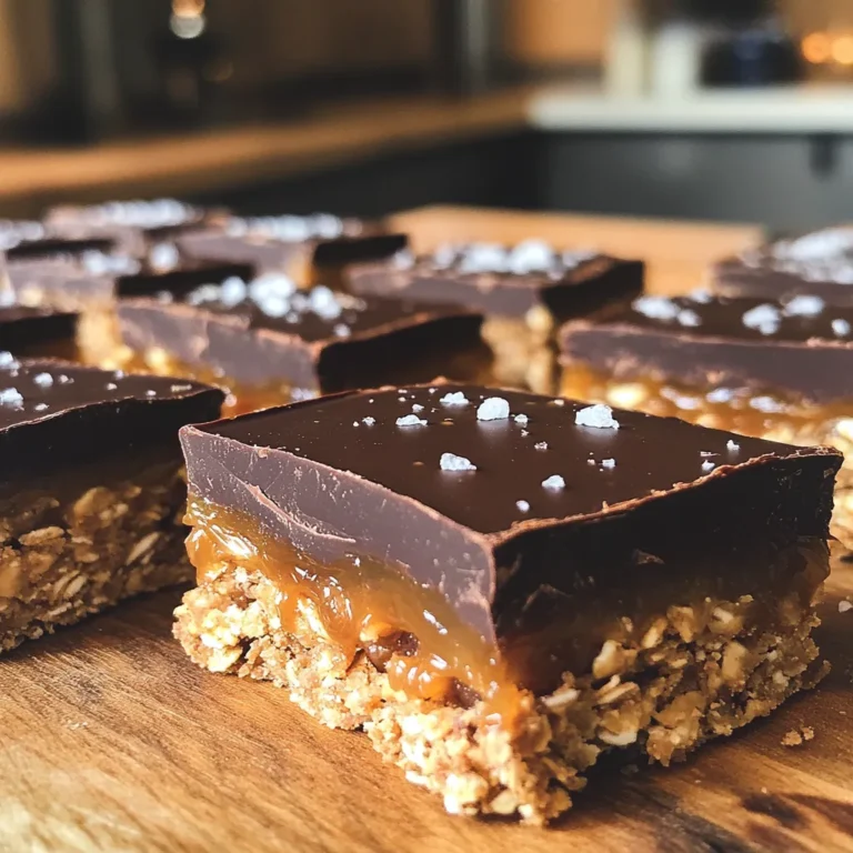 - 2 cups rolled oats - 1 cup medjool dates, pitted and chopped - 1/2 cup almond butter (or peanut butter) - 1/3 cup maple syrup - 1/2 teaspoon vanilla extract - 1/4 teaspoon salt - 1/2 cup dark chocolate chips (vegan if desired) - 1/4 cup coconut cream (optional, for creamier texture) - Sea salt flakes for topping These ingredients come together to make a tasty treat. The rolled oats give a chewy base. Medjool dates add natural sweetness. Almond butter or peanut butter binds everything together. Maple syrup adds a nice flavor. Vanilla extract and salt enhance the taste. Dark chocolate chips provide a rich, creamy layer. Coconut cream adds a lovely texture if you want it. Sea salt flakes on top create a perfect sweet-salty finish. You can swap almond butter for peanut butter. This change gives a different flavor. If you want a nut-free option, try sunflower seed butter. You can replace dark chocolate chips with any chocolate you like. Choose white chocolate for a different taste. If you don’t have coconut cream, just skip it. The bars will still taste great without it. Use fresh medjool dates for the best flavor. They should be soft and moist. Choose rolled oats labeled as gluten-free if you need them to be gluten-free. Look for high-quality chocolate chips; they make a difference in taste. For nut butters, pick natural brands without added sugars. Fresh ingredients make these bars taste amazing. Always check for sea salt flakes that are flaky and not too coarse. To start, gather all your ingredients. You will need rolled oats, medjool dates, almond butter, maple syrup, vanilla extract, and salt. Place them into a food processor. Pulse the mixture until it sticks together but still has some texture. You want it to be thick and sticky. Next, take an 8x8 inch baking pan and line it with parchment paper. This makes it easy to lift out the bars later. Leave some paper hanging over the sides. Now, transfer the oat mixture into the pan. Use your hands or a spatula to press it down. Make sure it is even and compact. This helps the bars hold their shape. Now it’s time to melt the chocolate. In a microwave-safe bowl, add dark chocolate chips and coconut cream if you want a creamier texture. Heat it in 30-second bursts, stirring in between. Once smooth, pour the melted chocolate over the pressed oat layer. Use a spatula to spread it evenly. Finally, sprinkle sea salt flakes on top. This enhances the salted caramel flavor and adds a nice crunch. To get the right texture for your bars, blend the oats and dates well. You want a sticky mix that still holds some texture. If it feels too dry, add more almond butter or a splash of maple syrup. If it’s too wet, add a bit more oats. Press the mixture firmly into the pan to keep it from crumbling later. Keep your bars fresh by storing them in an airtight container. They last up to a week in the fridge. If you want to enjoy them longer, freeze the bars. Wrap each bar in plastic wrap and place them in a freezer bag. They can last for up to three months frozen. Use a food processor to mix the ingredients evenly. This tool makes blending quick and easy. A good spatula helps spread the chocolate smoothly over the oat layer. Finally, a sharp knife is key for cutting the bars into neat squares after they set. {{image_2}} You can change up the nut butter in this recipe. Almond butter adds a nutty flavor, but peanut butter works great too. Try sunflower seed butter for a different taste. You can also experiment with chocolate. Dark chocolate gives a rich flavor, while milk chocolate adds sweetness. For a fun twist, use white chocolate. To make these bars even better, add some crunchy bits. Chopped nuts like almonds or walnuts add a nice crunch. Seeds like chia or flaxseed boost the nutrition and texture. You can also mix in dried fruit, like cranberries or apricots. These add sweetness and chewiness to your bars. If you need a gluten-free option, make sure to use certified gluten-free oats. This way, everyone can enjoy the bars. For a vegan version, use maple syrup and dark chocolate chips that are dairy-free. You can also skip the coconut cream if you want a lighter treat. These small changes keep the recipe tasty for all diets. To keep your salted caramel chocolate oat bars fresh, store them in an airtight container. Place a piece of parchment paper between layers to avoid sticking. You can keep them in the fridge for up to a week. If you want a quick snack, grab one from the fridge whenever you need a treat. If you want to save some bars for later, freezing is a great option. Wrap each bar tightly in plastic wrap. Then, put them in a freezer-safe bag or container. Properly stored, they can last for up to three months in the freezer. To enjoy, just thaw them in the fridge overnight. These bars stay fresh for about a week in the fridge. After that, their taste and texture may change. Always check for any signs of spoilage before eating. For the best flavor, eat them within the first few days after making them. Enjoy the sweet, salty goodness while they’re at their best! Yes, you can make these bars ahead of time. They actually taste better after chilling in the fridge. I love making a batch on Sunday for quick snacks during the week. If you don't have almond butter, you can use peanut butter. Sunflower seed butter is another great option for nut-free diets. Each of these will add a unique flavor. The bars are set when they feel firm to the touch. After chilling for at least an hour, they should hold their shape when you cut them. If they feel too soft, give them more time in the fridge. Yes, you can use quick oats or steel-cut oats if you prefer. Keep in mind that quick oats will yield a smoother texture. Steel-cut oats will add a chewier bite. Adjust your blending time based on the type you use. We covered the main ingredients, step-by-step instructions, and tips for making delicious bars. You learned about variations, storage, and answers to common questions. With these insights, you can create the perfect bars to share with others. Experiment with flavors and enjoy the process. Keep these tips handy for success every time you bake. Happy cooking!