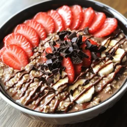 - 1 cup rolled oats - 2 cups almond milk - 1 ripe banana, mashed - 2 tablespoons cocoa powder - 2 tablespoons protein powder - 1 tablespoon maple syrup (optional) - 1 cup fresh strawberries, hulled and sliced - Optional toppings: dark chocolate shavings, chia seeds, or nuts - A pinch of salt and vanilla extract You need simple, wholesome ingredients for this recipe. First, rolled oats give you the base. They cook well and add great texture. Almond milk keeps it creamy and adds a nice flavor. If you want a boost of sweetness, the ripe banana is perfect. Next, the cocoa powder brings a rich chocolate taste. You can choose any protein powder you like. It adds nutrition and keeps you full. If you want some extra sweetness, add maple syrup. For toppings, fresh strawberries add a burst of flavor. They pair well with chocolate. You can also add dark chocolate shavings or nuts for extra crunch. Chia seeds are a great option too. They boost nutrition and add a nice texture. Don’t forget the pinch of salt; it enhances all the flavors. Lastly, a splash of vanilla extract rounds out the taste perfectly. These ingredients come together for a tasty and satisfying meal. You can enjoy it as breakfast or a snack. - In a medium saucepan, combine 1 cup of rolled oats, 2 cups of almond milk, and a pinch of salt. - Stir the mixture and bring it to a gentle boil over medium heat. - Once it starts to boil, reduce the heat to low. - Add 1 ripe mashed banana, 2 tablespoons of cocoa powder, and 2 tablespoons of protein powder. - Mix well until all ingredients blend together. - Let it simmer for about 5 minutes. Stir occasionally until the oatmeal thickens to your liking. - Remove the saucepan from the heat. - Stir in 1/2 teaspoon of vanilla extract and 1 tablespoon of maple syrup if you want some sweetness. - Serve the oatmeal in bowls. Top with 1 cup of sliced strawberries and any extra toppings you enjoy. To make your Protein Chocolate Strawberry Oatmeal just right, focus on the consistency first. Start with rolled oats; they cook up nicely and give a great texture. As you heat the oats and milk, stir them often. This helps to prevent sticking and ensures even cooking. Once the mixture comes to a gentle boil, lower the heat. Add your mashed banana, cocoa powder, and protein powder. This is where the magic happens! Let it simmer for about five minutes. Keep an eye on it. If it gets too thick, add more almond milk to reach your desired creaminess. Adjusting sweetness is simple. You can use maple syrup or skip it if you prefer. Taste your oatmeal before serving. Add more sweetness if you like it sweeter. You can also try a drizzle of honey or agave for a different flavor. Every ingredient in this oatmeal brings something good for you. Rolled oats are high in fiber, which helps keep you full. They are also great for heart health. Almond milk is low in calories and a good source of vitamin E. Bananas add potassium and natural sweetness, while cocoa powder is rich in antioxidants. The protein powder boosts your protein intake, which is key for building muscles. A protein-rich breakfast helps keep your energy steady all morning. This means fewer cravings and better focus during your day. How you present your oatmeal matters! A good-looking dish makes it more fun to eat. Use a bright bowl that contrasts with your oatmeal. This makes the colors pop. Top your oatmeal with sliced strawberries, which add a fresh look. You can also sprinkle dark chocolate shavings for a fancy touch. If you want, add a spoonful of nuts or chia seeds for texture. When taking photos, use natural light. This helps show off the colors and textures nicely. A simple background can help your oatmeal stand out even more. {{image_2}} You can change the taste of your Protein Chocolate Strawberry Oatmeal easily. First, try using different milk types. Almond milk works great, but you can also use soy or coconut milk. Each type brings a unique flavor and texture. Next, swap out strawberries for other fruits. Blueberries, raspberries, or bananas add new tastes and colors. Each fruit not only adds flavor but also boosts nutrition. Mix and match to find your favorite! Another way to customize this recipe is by selecting different protein powders. Chocolate protein powder is a popular choice, but vanilla or peanut butter flavors work well too. Each option gives a distinct taste to your oatmeal. You can also add nut butter for more protein. Almond or peanut butter adds creaminess and a rich flavor. A spoonful boosts protein and keeps you full longer. You can tweak this recipe for different seasons and holidays. For example, during fall, add pumpkin puree and spices like cinnamon or nutmeg. These flavors give a cozy feel to your meal. In summer, fresh peaches or berries can brighten your bowl. Feel free to enhance your oatmeal with spices for extra warmth or freshness. This way, your Protein Chocolate Strawberry Oatmeal stays exciting all year! To store leftover Protein Chocolate Strawberry Oatmeal, place it in an airtight container. This keeps it fresh in the fridge for up to three days. When you’re ready to eat, scoop out what you need and reheat it. You can use the microwave or a small saucepan. For the microwave, heat in 30-second bursts, stirring in between. On the stove, add a splash of almond milk to keep it creamy. Heat gently over low until warm. You can freeze oatmeal for later use. To do this, let it cool completely first. Then, scoop portions into freezer-safe bags or containers. Be sure to remove as much air as you can before sealing. This helps prevent freezer burn. When you want to eat it, take it out and thaw it overnight in the fridge. For a quick option, you can microwave it straight from the freezer. Just add a little almond milk and heat until warm. The prepared Protein Chocolate Strawberry Oatmeal lasts about three days in the fridge. If frozen, it can last up to three months. Always check for signs of spoilage before eating. If you see any mold or if it smells off, it’s best to throw it out. Enjoy your oatmeal fresh for the best taste and nutrition! Yes, you can make this oatmeal overnight. Start by mixing the rolled oats, almond milk, mashed banana, cocoa powder, protein powder, and a pinch of salt in a jar. Stir well to combine all the ingredients. Seal the jar and place it in your fridge overnight. In the morning, the oats will soak up the milk and flavors. Just give it a good stir, and it’s ready to enjoy! You can top it with fresh strawberries and any extras you like. This recipe is great for meal prep! You can make a big batch and store it in the fridge. Divide the oatmeal into individual containers for easy grab-and-go meals. It keeps well for about three to four days. Just reheat it in the microwave or on the stove. If you want to add fresh fruit, do it just before eating for the best taste and texture. You can use instant oats, but the texture will be different. Instant oats cook faster and become creamier. If you choose instant oats, reduce the cooking time to about 1-2 minutes. Keep an eye on it to avoid overcooking. The flavor will still be delicious, but the oatmeal may not be as thick as with rolled oats. We explored a delicious protein-rich chocolate strawberry oatmeal recipe. We covered the main ingredients, like oats, almond milk, and banana. I shared step-by-step instructions and tips for perfecting your dish. You can even adjust flavors and toppings to suit your style. Store leftovers easily for later enjoyment. This oatmeal is not just tasty; it’s healthy and versatile too. I hope you enjoy making and eating this fun meal!