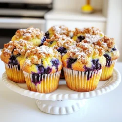 - 2 cups all-purpose flour - 3/4 cup granulated sugar, divided - 1 tablespoon baking powder - 1/2 teaspoon baking soda - 1/2 teaspoon salt - 1/2 cup unsalted butter, melted and cooled - 2 large eggs - 3/4 cup buttermilk (or milk plus 1 tablespoon lemon juice) - Zest of 1 lemon - 1 teaspoon vanilla extract - 1 1/2 cups fresh blueberries (or frozen) - 1/2 cup all-purpose flour - 1/4 cup unsalted butter, softened - 1/4 cup packed brown sugar - 1/2 teaspoon cinnamon - Pinch of salt When I make Bakery-Style Blueberry Lemon Streusel Muffins, I start with fresh, high-quality ingredients. It makes a big difference in taste. For the muffins, I use all-purpose flour, which gives them a nice rise. I like to use both baking powder and baking soda for the perfect fluffiness. Granulated sugar sweetens the muffins but also helps with browning. I divide the sugar to balance sweetness with the tartness of the lemon. The unsalted butter adds richness and moisture, while eggs give structure. I use buttermilk for a tender crumb, but milk with lemon juice works too. The lemon zest is my secret for bright flavor. It brings out the blueberries' sweetness. Don't forget the vanilla extract! It adds depth to the muffins. For the streusel topping, I keep it simple. I mix flour, softened butter, brown sugar, cinnamon, and a pinch of salt. This mix adds a crunchy, sweet layer on top. It's a lovely contrast to the soft muffins below. Using fresh blueberries is best, but frozen ones work too. Just remember to fold them in gently so they don’t break. Each ingredient plays a role in creating the perfect muffin experience. - Preheat the oven to 375°F (190°C). - Line your muffin tin with paper liners or spray with cooking spray. - In a large bowl, whisk together 2 cups of flour, 3/4 cup of sugar, baking powder, baking soda, and salt. - In another bowl, mix melted butter, eggs, buttermilk, lemon zest, and vanilla extract. - Gently fold the wet mix into the dry mix until just combined. Do not overmix. - Carefully fold in 1 1/2 cups of blueberries. Handle them gently to avoid breaking. - In a small bowl, mix 1/2 cup flour, 1/4 cup softened butter, brown sugar, cinnamon, and a pinch of salt. Mix until crumbly. - Fill each muffin liner about 2/3 full with batter. - Top each with a generous tablespoon of the streusel mix. - Bake for 18-22 minutes or until a toothpick comes out clean. To get the best texture, do not overmix the batter. Overmixing can make your muffins tough instead of soft and fluffy. Mix until just combined. This means some lumps are okay. It will create a lighter muffin. Using room temperature ingredients helps too. When butter and eggs are warm, they mix better. This makes your batter smooth and well combined. The result is a tender muffin with a nice rise. Store your baked muffins in an airtight container. This keeps them moist and fresh. They can last up to three days at room temperature. If you want to keep them longer, freezing is a great option. To freeze muffins, let them cool completely. Then, wrap each muffin in plastic wrap. Place them in a freezer bag. They can last for up to three months. When you want one, take it out and let it thaw or heat it up in the oven. For a great presentation, serve muffins warm. Dust them lightly with powdered sugar for a nice touch. Arrange them on a wooden board. Add fresh blueberries and lemon slices around them. This makes a beautiful display. Pair these muffins with drinks like coffee or tea. A glass of cold lemonade works well, too. The flavors of lemon and blueberry blend perfectly, making every bite a delight. {{image_2}} You can easily change the flavor of your muffins. Instead of blueberries, try raspberries or strawberries. These berries have a bright taste and work well in this recipe. You can also mix in chopped nuts like walnuts or pecans. They add a nice crunch. For a sweet twist, add chocolate chips. The chocolate pairs well with the lemon flavor. If you need a gluten-free option, use gluten-free flour. Almond flour or a gluten-free all-purpose blend works great. Just make sure to adjust the amount of liquid. Gluten-free flours can need more moisture. You might also want to add a bit of baking powder to help the muffins rise. To make these muffins vegan, replace the eggs with flaxseed meal or applesauce. Use 1 tablespoon of flaxseed mixed with 2.5 tablespoons of water for each egg. For buttermilk, mix plant-based milk with lemon juice. Lastly, use plant-based butter for the streusel topping. This keeps the muffins rich and tasty without dairy. To keep your blueberry lemon muffins fresh for 2-3 days, store them in an airtight container. This helps lock in moisture and flavor. You can keep them at room temperature. Just make sure they are completely cool before sealing. Avoid refrigeration if you want to maintain their soft texture. If you want to save muffins for later, freezing is the way to go. Wrap each muffin in plastic wrap or foil. Then, place them in a freezer bag or an airtight container. This keeps them fresh for up to three months. When you're ready to eat, thaw them overnight in the fridge. You can also warm them in the oven for a few minutes. This will help regain their fresh-baked taste. Yes, you can use frozen blueberries! Pros: - They are easy to find and often cheaper. - They are picked at peak ripeness, so they taste good. Cons: - They can release more juice, making the muffins soggy. - You may need to adjust baking time slightly. When using frozen blueberries, do not thaw them. Fold them directly into the batter. This keeps the muffins from turning blue. If your muffins are dry, don’t worry! Solutions: - Add more buttermilk or milk to the batter. - Mix in a little extra melted butter for richness. - Make sure you don’t overbake them. Check your muffins a few minutes early. If a toothpick comes out clean, they are done. To get a crunchier streusel topping, try these tips: - Make sure your butter is cold when mixing. - Don’t overmix the streusel; it should be crumbly. - Bake the muffins a little longer if needed. Keep an eye on them to avoid burning. A good streusel should be golden brown and crisp. This blog post covered how to make delicious blueberry muffins from scratch. We looked at simple ingredients, step-by-step instructions, and helpful tips. Remember, do not overmix the batter for the best texture. You can also try different flavors or make them gluten-free or vegan. Storing is easy; just use airtight containers. With these tricks, you can bake muffins that everyone will love. Enjoy your time in the kitchen, and happy baking!