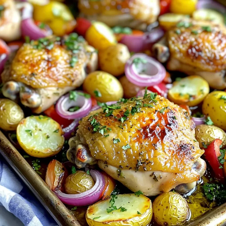 - 4 chicken thighs, skin-on and bone-in - 1.5 pounds baby potatoes, halved - 1 red onion, cut into wedges - 1 red bell pepper, sliced - 4 tablespoons olive oil - 3 cloves garlic, minced - 1 tablespoon dried oregano - 1 teaspoon dried thyme - Juice and zest of 1 lemon - Salt and pepper to taste - Fresh parsley, chopped I love using chicken thighs for this dish. They stay juicy and tender, making every bite a delight. Baby potatoes add a hearty feel, and they soak up all the flavors. The red onion and red bell pepper bring a bit of sweetness and color, making the dish more appealing. For the marinade, I mix olive oil, garlic, oregano, and thyme. This blend gives the chicken that classic Greek flavor. The lemon juice and zest add a fresh zing, brightening up each bite. I always use salt and pepper to bring out the best in the chicken and veggies. Don’t skip the fresh parsley! It adds a nice pop of color and freshness. Just chop it up and sprinkle it on top before serving. This dish is not just tasty; it’s also a feast for the eyes! - Preheating the oven Start by preheating your oven to 425°F (220°C). This high heat helps to cook the chicken and potatoes evenly and gives them a nice golden color. - Preparing the marinade In a large mixing bowl, combine the juice and zest of one lemon, four tablespoons of olive oil, minced garlic, dried oregano, dried thyme, salt, and pepper. Mix it well. This marinade will add fantastic flavor to your chicken. - Coating chicken thighs Add the chicken thighs to your marinade. Make sure each piece is fully coated. This helps the flavors seep into the meat. - Recommended marinating time Let the chicken marinate for at least 30 minutes. If you have time, marinate for up to two hours in the fridge for even more flavor. - Preparing vegetables While the chicken marinates, prepare your vegetables. Toss the halved baby potatoes, red onion wedges, and sliced red bell pepper in a bowl with a drizzle of olive oil. Add a pinch of salt and pepper for taste. - Arranging on the baking sheet Line a large baking sheet with parchment paper or foil. Place the marinated chicken thighs on one side. On the other side, arrange the seasoned potatoes and vegetables. - Cooking time and temperature Roast the chicken and vegetables in the oven for about 35 to 40 minutes. The high heat cooks everything perfectly. - Checking for doneness Use a meat thermometer to check the chicken's internal temperature. It should reach 165°F (75°C) for safe eating. The potatoes should be golden and tender, ready to enjoy. For the best taste, marinate your chicken for at least 30 minutes. If you can, let it sit for up to 2 hours. This extra time allows the flavors to soak in. You can add more spices too. Try some paprika or cumin for a warm kick. Fresh herbs like dill or rosemary can brighten the dish. Just chop them finely and mix them in. To get crispy chicken skin, make sure the skin is dry. Pat it with a paper towel before marinating. Place the chicken skin-side up on the baking sheet. For tender potatoes, cut them in half for quicker cooking. Toss them well with olive oil and seasoning. This helps them roast nicely and absorb the flavors. Pair this dish with a simple Greek salad for a fresh side. Add some tzatziki sauce for dipping. It adds a creamy, cool touch. For a great presentation, arrange the chicken and potatoes nicely on a plate. Sprinkle fresh parsley on top to add color. This makes the meal look as good as it tastes! {{image_2}} If you want to switch the chicken, you have great choices. You can use chicken breasts instead of thighs. They cook faster and are leaner. For a plant-based option, try chickpeas or tofu. Both soak up flavors well and add protein. Mix up your veggies for fun. Zucchini and carrots work well in this dish. You can roast them alongside the chicken and potatoes. For a seasonal twist, use root veggies in the fall. In summer, try bell peppers or asparagus for a fresh taste. Add a Mediterranean touch to your dish. Crumbled feta cheese or olives can enhance flavors. You can also change the herbs. Instead of oregano and thyme, use rosemary for a piney flavor. Basil offers a sweet twist that brightens the dish. Store your leftovers in a safe way. Let the dish cool down first. Use airtight containers to keep it fresh. Glass or plastic containers work well. Label them with the date to track freshness. The meal lasts about three to four days in the fridge. To freeze the dish, let it cool completely. Place it in freezer-safe containers. You can also use freezer bags. Squeeze out air to prevent freezer burn. The dish stays good for up to three months. When ready to eat, thaw it in the fridge overnight. Reheat your meal for the best taste. Use an oven to keep the texture. Preheat it to 350°F (175°C). Place the dish in an oven-safe dish. Heat for about 20 minutes or until hot. You can also use a microwave. If using a microwave, heat in short bursts. Stir the food to heat evenly. You can pair this dish with many tasty sides. Here are some ideas: - Greek salad with tomatoes and cucumbers - Tzatziki sauce for dipping - Warm pita bread - Steamed green beans or broccoli - Rice pilaf or quinoa These options add freshness and balance to your meal. Leftovers can stay fresh in the fridge for about three to four days. Store them in an airtight container for best results. If you want to freeze them, they can last up to three months. Just remember to let them cool before freezing. Yes, you can prepare this dish ahead of time. Marinate the chicken and chop the veggies a day before. Keep them in the fridge until you are ready to cook. When you are ready, just roast everything in the oven. It saves time and makes cooking easier. You can use chicken breasts, but they cook faster. Check them after 25 to 30 minutes. Breasts can be less juicy than thighs. They have a milder flavor, so adjust your seasoning if needed. If you want to make more servings, simply double the ingredients. Use more chicken and potatoes. Make sure to spread them out on the baking sheet. You may need a bit more time in the oven, so keep an eye on the chicken and potatoes. This blog post covered a delicious sheet-pan Greek chicken dinner. We discussed key ingredients like chicken thighs, vegetables, and a flavorful marinade. I shared simple steps for preparation, marinating, and roasting. Tips for enhancing flavors, perfecting texture, and serving suggestions will help you create a great meal. Variations include protein swaps and seasonal veggies, plus storage tips to keep leftovers fresh. Try this recipe to bring ease and taste to your table!