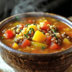 - 4 large bell peppers (assorted colors), diced - 1 lb ground beef (or turkey for a lighter option) - 1 cup uncooked rice (brown or white) Bell peppers are the star of this soup. They add sweetness and color. I like to mix red, yellow, and green for a vibrant look. Ground beef or turkey gives the soup its hearty base. Turkey makes it lighter but both options work well. Rice adds texture and makes the soup filling. - 1 can (15 oz) diced tomatoes with green chilies - 1 can (15 oz) tomato sauce - 4 cups beef or vegetable broth Diced tomatoes bring a tangy flavor. The green chilies add a bit of heat, but not too much. Tomato sauce makes the soup rich and smooth. Broth is the base. It adds depth to the flavors and keeps everything moist. - 2 teaspoons Italian seasoning - 1 tablespoon Worcestershire sauce - Fresh parsley or basil for garnish Italian seasoning gives the soup a warm, herbal taste. Worcestershire sauce adds a hint of umami, which enhances all the flavors. Fresh herbs, like parsley or basil, bring a bright note when you serve the soup. They make the dish look and taste fresh. This combination of ingredients makes the soup warm and filling. It’s perfect for any day. Dicing Vegetables Start by dicing the bell peppers into small pieces. Use different colors for a vibrant look. Next, chop the onion finely. Mince the garlic cloves until they are small. These fresh veggies add flavor and color to the soup. Browning Ground Meat In a large skillet, heat it over medium. Add the ground beef or turkey. Cook until it turns brown. This step adds a lot of flavor to your soup. Once browned, drain the excess fat. Then, transfer the cooked meat to the slow cooker. Adding Ingredients to Slow Cooker Now, it’s time to build your soup! Add the chopped onion, minced garlic, and diced bell peppers to the slow cooker. Next, open the can of diced tomatoes with green chilies and pour it in. Add the tomato sauce and broth. This forms the base of your soup. Stirring and Mixing Stir everything together in the slow cooker. Mix well to combine all the flavors. After that, add the uncooked rice, Italian seasoning, Worcestershire sauce, salt, and pepper. This will create a rich and hearty soup. Cooking on Low vs. High Cover the slow cooker. You can choose to cook on low for 6-8 hours or on high for 3-4 hours. Cooking on low lets the flavors meld well, while high is faster if you’re short on time. Checking for Doneness After the cooking time, check the soup. The rice should be tender, and the peppers soft. Give it a taste and adjust the seasoning if needed. If you want a thicker soup, blend a portion with an immersion blender. This will give a nice texture. For the best flavor in your soup, adjust your seasoning to fit your taste. Start with salt and pepper. Always taste the soup before serving. If needed, add more salt or pepper. Italian seasoning adds a nice touch. If you want more kick, try adding red pepper flakes. You can also add extra veggies for more depth. Consider using carrots, corn, or even zucchini. These will enhance both the taste and the nutrition of your soup. Just chop them up and toss them in. If you want a thicker soup, use an immersion blender. Blend a portion of the soup right in the slow cooker. This will make it creamier without losing the chunky bits you love. Cooking times also impact thickness. If you cook the soup longer, the rice will absorb more liquid. I suggest cooking on low for 8 hours for a nice thick soup. When serving your soup, consider some tasty accompaniments. Garlic bread or a simple salad pairs nicely. They complement the flavors of the soup well. For presentation, serve in deep bowls and garnish with fresh parsley or basil. This adds a pop of color. It also makes your dish look more inviting. Enjoy the warmth and comfort of your hearty soup! {{image_2}} Using ground turkey is a great way to make the soup lighter. It has less fat than beef but still offers good flavor. You can also use sausage for a richer taste. Just choose your favorite type. For a vegetarian option, you can skip the meat entirely. Use black beans or lentils instead. These options add protein and texture. They also soak up the great flavors in the soup. If you want to try something different, consider using quinoa. It cooks fast and adds a nutty taste. You can also use cauliflower rice for a low-carb choice. It will give you the same texture but fewer carbs. Just add the quinoa or cauliflower rice at the same time as the regular rice. This way, they will cook well in the soup. Want a spicy kick? Adding jalapeños can bring heat to your soup. Just chop them up and toss them in with the other veggies. Start with one or two to find your perfect spice level. Adding cheese at serving can make the soup extra rich. Cheddar or Monterey Jack melts well and adds creaminess. Sprinkle some on top just before serving for a delicious finish. After you make this soup, you can keep it in the fridge. It stays fresh for about 3 to 4 days. To keep your soup safe, let it cool first before putting it in the fridge. You can freeze the soup, too. It lasts for about 3 months in the freezer. When you freeze it, use a container that seals tight. Leave some space at the top for the soup to expand. When you want to eat the soup again, you can heat it up in two ways: microwaving or stovetop. Microwaving: Pour your soup into a bowl. Cover it with a microwave-safe lid. Heat it for about 2 to 3 minutes. Stir it halfway to make sure it heats evenly. Stovetop: Pour the soup into a pot. Heat it on low to medium heat. Stir often. It should be hot in about 5 to 10 minutes. To keep your soup fresh, use airtight containers. This helps to keep out air and moisture. You can also label your containers with dates. This way, you know how long they last. Always check for odd smells or colors before eating. If it seems off, it's best to throw it away. Yes, you can make this soup ahead of time. It tastes even better the next day! To prep, cook the soup as directed. Once done, let it cool. Store it in an airtight container in the fridge. It will stay fresh for about three days. You can also freeze it for later. Just use a freezer-safe container. When ready, thaw it in the fridge overnight. Reheat on the stove or in the microwave. To make more servings, you will need to scale the ingredients. For each extra serving, add more peppers, meat, and rice. A good rule is to add one extra bell pepper and about 1/4 cup of rice for each serving. You can also adjust the broth and tomatoes. Keep the seasoning the same, but taste and adjust as needed. This way, you can make enough soup for a crowd! If you want a different protein, there are many tasty options. Ground turkey works well for a lighter soup. You can also use ground chicken or pork. For a vegetarian version, try lentils or black beans. Chickpeas add great texture too. Just cook them a bit longer to ensure they are soft. Each option gives the soup a unique flavor! This soup recipe blends fresh veggies, ground meat, and rich seasonings for a hearty meal. You can customize it by using turkey or vegetarian options. Following the steps keeps it simple and tasty. Remember to store leftovers properly for freshness. Try the variations and tips to make it uniquely yours. Enjoy a satisfying bowl, whether solo or with friends. Your cooking skills will shine with this simple yet delicious dish. Dive in and savor each bite!