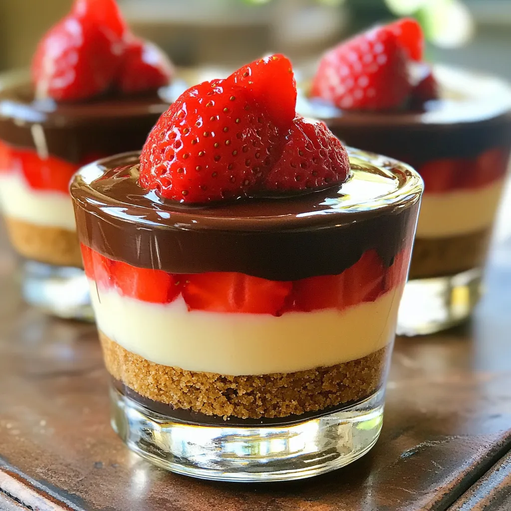 For our no-bake chocolate covered strawberry cheesecake cups, you will need a few simple ingredients. Each item plays a key role in building the rich, creamy layers and delicious flavors. Here’s what you need: - 1 cup graham cracker crumbs - 4 tablespoons unsalted butter, melted - 8 oz cream cheese, softened - 1 cup heavy whipping cream - 1/2 cup powdered sugar - 1 teaspoon vanilla extract - 1 cup fresh strawberries, hulled and sliced - 1/2 cup dark chocolate chips - 1 tablespoon coconut oil (for the chocolate coating) - Extra strawberries for garnish Each ingredient adds its own flavor and texture. The graham cracker crumbs serve as a tasty crust. The butter binds the crumbs together. Cream cheese gives the filling a rich and creamy base. Heavy whipping cream adds a light texture. Powdered sugar sweetens the mix, while vanilla extract enhances the flavor. Fresh strawberries bring a fruity burst. Dark chocolate chips melt into a rich topping. Coconut oil helps the chocolate flow smoothly. Finally, the extra strawberries make your cups look pretty and inviting. Gather these ingredients, and you’re ready to create a delightful dessert that will impress anyone. To start, you need graham cracker crumbs. In a bowl, mix 1 cup of crumbs with 4 tablespoons of melted unsalted butter. Use your hands or a fork to blend until it looks like wet sand. This mixture will be your crust. Next, grab your serving cups or glasses. Take about 2 tablespoons of the crust mix and press it down firmly at the bottom of each cup. This step makes a solid base for your cheesecake. Set these aside and move on to the filling. For the filling, you will need 8 ounces of softened cream cheese. In a mixing bowl, beat the cream cheese until it is smooth. Then, slowly add 1/2 cup of powdered sugar and 1 teaspoon of vanilla extract. Keep mixing until everything is well combined. In another bowl, pour 1 cup of heavy whipping cream. Whip it until stiff peaks form. This means the cream should stand up nicely when you lift the whisk. Now, gently fold this whipped cream into the cream cheese mix. Be careful not to deflate the fluffy cream. Make sure it is light and airy. Now it’s time to layer your cups. Spoon the cheesecake filling over the crust in each cup. Fill them about three-quarters full. Next, take 1 cup of fresh strawberries, hulled and sliced, and add a layer on top of the cheesecake filling. For a delicious chocolate drizzle, you’ll need 1/2 cup of dark chocolate chips and 1 tablespoon of coconut oil. Combine these in a microwave-safe bowl. Heat in the microwave for 30 seconds at a time, stirring until smooth. Now, drizzle this melted chocolate over the strawberry layers in each cup. It adds a rich touch. Finally, refrigerate the cheesecake cups for at least 2 hours to set. Before serving, add extra strawberries on top for a nice look. Enjoy your tasty treat! To make a smooth filling, start with soft cream cheese. Let it sit at room temperature for about 30 minutes. This helps it mix well. Mix slowly and scrape the bowl often. Add powdered sugar little by little. This step keeps the mixture light and fluffy. Once you whip the cream, fold it gently. This keeps air in the filling, making it airy. If you have extra cheesecake cups, cover them with plastic wrap. Store them in the fridge. They stay fresh for up to three days. I suggest eating them within two days for the best taste. If you want to save them longer, you can freeze the filling without the crust. Just thaw it in the fridge and assemble when you’re ready. Serve these cups chilled for the best flavor. You can add a drizzle of extra melted chocolate on top. Fresh mint leaves can add a nice touch too. For a fun twist, you can sprinkle crushed graham crackers on top. This adds a nice crunch. You can also try different fruits like raspberries or blueberries for a new flavor. {{image_2}} You can play with flavors to make these cups your own. Try using lemon or lime zest in the cheesecake filling for a zesty twist. Add a teaspoon of almond extract for a nutty touch. If you love chocolate, mix cocoa powder into the cream cheese for a richer flavor. You can also use flavored cream cheese, like strawberry or vanilla, to add more depth. Toppings can change the whole vibe of the dessert. Instead of fresh strawberries, try raspberries or blueberries. They add a nice tartness. You can also crush nuts or sprinkle granola on top for crunch. A drizzle of caramel sauce adds a sweet layer. For a fun twist, use mini marshmallows or crushed cookies instead of fruit. You can easily adapt this recipe for different diets. For a gluten-free option, swap graham crackers for gluten-free crumbs. Use dairy-free cream cheese and coconut cream to make it vegan. Sweeten with maple syrup instead of powdered sugar for a healthier choice. This way, everyone can enjoy these cheesecake cups! Store your no-bake chocolate covered strawberry cheesecake cups in the fridge. Use an airtight container to keep them fresh. If you stack the cups, place parchment paper between them to avoid sticking. This method preserves the lovely layers and keeps the chocolate intact. You can freeze these cheesecake cups, but they need some prep. First, let the cups set in the fridge for two hours. Then, wrap each cup tightly in plastic wrap. Place them in a freezer-safe bag or container. They will stay fresh for up to three months. To enjoy, move them to the fridge overnight to thaw. These cheesecake cups last up to five days in the fridge. After that, the strawberries may lose their freshness. Always check for any signs of spoilage before serving. If you notice any changes in color or smell, it's best to discard them. Enjoy these treats while they are fresh for the best taste! Yes, you can make this recipe dairy-free. Use dairy-free cream cheese and coconut cream instead of heavy cream. This way, you keep the rich taste and creamy texture. Look for options that fit your diet. These cheesecake cups need to chill for at least 2 hours. This time lets the filling firm up. If you want a firmer texture, you can leave them to set longer. Just be sure to cover them well in the fridge. Absolutely! You can use other fruits like blueberries, raspberries, or even sliced bananas. Each fruit adds a unique flavor to the cups. Just remember to layer them on top of the cheesecake filling like you do with strawberries. I covered how to make tasty cheesecake cups using simple ingredients. You learned about the crust, filling, and how to assemble them. The tips shared will help you perfect your cheesecake and store any leftovers. Remember, you can change flavors and toppings to fit your taste. Enjoy creating these easy dessert cups and share them with others. With practice, you’ll impress everyone with your cheesecake skills!