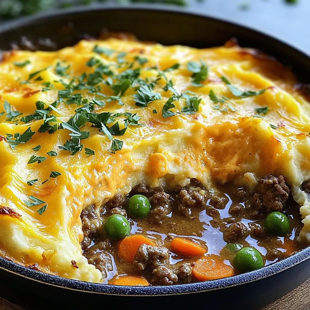- 1 lb ground beef or lamb - 1 cup carrots, diced - 1 cup peas (frozen or fresh) - 1 medium onion, chopped - 2 cloves garlic, minced - 1 tablespoon tomato paste - 1 tablespoon Worcestershire sauce - 1 cup beef broth - 1 teaspoon dried thyme - 1 teaspoon dried rosemary - Salt and pepper to taste - 2 cups mashed potatoes (prepared) - 1 cup sharp cheddar cheese, shredded - 2 tablespoons olive oil For this Skillet Shepherd’s Pie, I use ground beef or lamb. Both meats add rich flavor. You can choose what you like best. Next, I add diced carrots and peas. They bring color and texture. I always chop one medium onion and mince two cloves of garlic. These aromatics make the filling smell amazing. To create depth, I use tomato paste and Worcestershire sauce. They boost the flavor. Beef broth adds moisture and helps mix everything together. I sprinkle in dried thyme and rosemary for a warm taste. Salt and pepper adjust the seasoning to your liking. For the topping, I use prepared mashed potatoes. I mix in sharp cheddar cheese, which melts beautifully. The combination of these ingredients makes a hearty dish that warms the heart. Start by heating 2 tablespoons of olive oil in a large, oven-safe skillet over medium-high heat. Once the oil is hot, add 1 medium chopped onion. Cook the onion until it turns translucent, which takes about 3 to 4 minutes. This step adds a nice flavor base. Next, add 1 pound of ground beef or lamb to the skillet. Cook it while breaking it apart with a spatula. This takes about 5 to 7 minutes. Make sure to drain any excess fat to keep the dish from being too greasy. Once the meat is browned, it’s time to add some color and nutrition. Stir in 1 cup of diced carrots and 1 cup of peas. Cook these vegetables for another 3 to 4 minutes. You want them to soften but still have some crunch. Now, let’s kick up the flavor. Add 2 cloves of minced garlic, 1 tablespoon of tomato paste, and 1 tablespoon of Worcestershire sauce. Sprinkle in 1 teaspoon of dried thyme and 1 teaspoon of dried rosemary. Don’t forget salt and pepper to taste. Mix everything well and cook for another 2 minutes. This will make your kitchen smell amazing! Next, we’ll create the gravy. Pour in 1 cup of beef broth and bring the mixture to a simmer. Allow it to cook for about 5 minutes. This helps thicken the filling. While the filling simmers, grab your prepared mashed potatoes. Mix in 1 cup of shredded sharp cheddar cheese until it’s well combined. This cheesy mash will be the star of the dish. Now, it’s time to assemble. Once your filling is ready, spoon the cheddar mashed potatoes on top. Spread it evenly across the surface. Preheat your oven to 400°F (200°C). Transfer the skillet to the oven and bake for about 20 minutes. Look for a golden, bubbly top. This final step adds a delicious, crispy layer to your meal. To make the best cheddar mash, choose sharp cheddar cheese. It adds great taste. You can also try aged cheddar for a stronger flavor. Mixing in a bit of cream cheese gives it a creamy texture. For creamy mashed potatoes, use hot, cooked potatoes. Mash them while they are warm. Add butter and cream slowly. This helps you control the texture. Avoid over-mixing, or your mash may become gluey. To boost the flavor, add spices like paprika or cayenne for heat. A pinch of nutmeg can also add warmth. If you like herbs, fresh thyme or rosemary works well. Fresh herbs bring bright flavors. Dried herbs are fine too; just use less. They are more concentrated. Consider adding a splash of milk or chicken broth to the mash for extra flavor. Mix it in carefully to avoid making it runny. Always taste as you go. Adjust salt and pepper to suit your preference. {{image_2}} You can switch the meat in your Skillet Shepherd's Pie. Ground turkey or chicken works well. These meats are leaner and still tasty. You can also try a vegetarian version. Use lentils instead of meat. Lentils add protein and fiber, making the dish hearty. Feel free to mix in other veggies. You can add corn, bell peppers, or mushrooms. These choices give different flavors and colors to your meal. Depending on the season, try fresh vegetables. For example, use zucchini in summer or butternut squash in fall. Seasonal veggies make your dish vibrant and fresh. After you enjoy your Skillet Shepherd's Pie, store any leftovers in an airtight container. Make sure the pie cools down to room temperature first. This helps keep it fresh and safe. Place it in the fridge for up to three days. When you're ready to eat, reheat it in the oven for the best taste. Preheat your oven to 350°F (175°C). Cover the pie with foil to keep it moist and heat for about 20 minutes. Check that it is hot throughout before serving. You can freeze Skillet Shepherd's Pie before or after baking. If you freeze it before baking, cover it tightly with plastic wrap and then foil. This keeps out air and prevents freezer burn. It can last for up to three months. When you're ready to bake, remove the plastic wrap and bake it directly from the freezer. Bake for about 40-45 minutes at 400°F (200°C). If you freeze it after baking, let it cool first. Store it in an airtight container. To thaw, move it to the fridge overnight. Reheat it in the oven as described above. Enjoy your savory meal whenever you want! Yes, you can prepare Shepherd's Pie ahead of time. To do this, follow these tips: - Prepare the filling: Cook the meat and vegetables as the recipe states. Let it cool before storing. - Store separately: Keep the filling and mashed potatoes in different containers. This stops the mash from getting soggy. - Refrigerate: You can keep the filling and mash in the fridge for up to two days. - Bake when ready: When you're ready to eat, assemble and bake as directed. This way, you’ll have a fresh dish. If you want to switch up the cheese, there are great options: - Monterey Jack: This cheese melts well and has a mild flavor. - Gruyère: A bit nutty, this cheese adds a nice twist. - Mozzarella: For a stretchy texture, mozzarella works well. - Parmesan: Use this for a sharper taste, but mix with a creamier cheese. These alternatives give you different flavors while keeping the dish creamy. You’ll know your Shepherd's Pie is ready by looking for a few signs: - Golden top: The cheddar mash should be golden brown. - Bubbling edges: Look for bubbles along the sides of the pie. - Aroma: A rich, savory smell means it’s done. These clues tell you that your dish is perfectly baked and ready to serve. This blog covered how to make Skillet Shepherd’s Pie. You learned about the key ingredients like ground meat, veggies, and cheese. We went through step-by-step cooking, from preparing the skillet to baking. Plus, I shared tips for a perfect cheddar mash and flavor enhancements. You can even explore variations with different proteins and veggies. Proper storage is key for leftovers too. Overall, this dish is easy, tasty, and perfect for everyone. Enjoy making it your own!