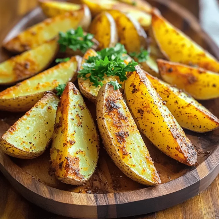 - 4 medium russet potatoes - 3 tablespoons olive oil - 2 teaspoons Cajun seasoning - 1 teaspoon garlic powder - 1 teaspoon smoked paprika - ½ teaspoon onion powder - ½ teaspoon salt - ¼ teaspoon black pepper The main ingredients create the perfect base for these potato wedges. Russet potatoes are starchy and crisp up nicely. The olive oil helps the spices stick and adds flavor. Cajun seasoning gives the wedges a spicy kick. Garlic powder and smoked paprika add depth. Onion powder, salt, and black pepper round out the taste. - Fresh parsley, chopped Fresh parsley adds a nice touch. It brightens the dish and makes it look pretty. You can sprinkle it on top right before serving. This little addition gives your Cajun potato wedges a burst of color and flavor. Set your air fryer to 400°F (200°C). Let it preheat for about 5 minutes. This step is key for crispy wedges. Wash 4 medium russet potatoes. Cut them into even wedges. Place the wedges in a large bowl. Drizzle 3 tablespoons of olive oil over the wedges. Toss them gently so each piece is coated well. In a small bowl, mix 2 teaspoons of Cajun seasoning, 1 teaspoon of garlic powder, 1 teaspoon of smoked paprika, ½ teaspoon of onion powder, ½ teaspoon of salt, and ¼ teaspoon of black pepper. Sprinkle this mix over the oiled potato wedges. Toss again until all the wedges are coated evenly with seasoning. Once the air fryer is ready, arrange the potato wedges in a single layer in the basket. Depending on your air fryer's size, you may need to cook in batches. Cook for 15-20 minutes. Halfway through cooking, shake the basket for even crispiness. When golden brown, carefully remove the wedges. Transfer them to a serving platter and enjoy! To achieve crispy Cajun potato wedges, cook them in batches. This method allows hot air to circulate, giving each wedge room to crisp up. Avoid overcrowding the air fryer basket. Space the wedges apart so they cook evenly. You can change the seasoning to match your taste. If you love heat, add more Cajun seasoning. For a milder flavor, reduce the amount. Feel free to experiment with garlic powder and smoked paprika for a twist. Your taste buds will thank you! Shaking the basket halfway through cooking is key. This action helps the wedges cook evenly. Keep an eye on them to avoid burning. If they start to brown too fast, lower the cooking time. Perfect wedges need a little care! {{image_2}} You can switch up the flavor of your potato wedges. Try using ranch seasoning for a creamy kick. Chili powder gives them a smoky, spicy taste. Just sprinkle the seasoning over the oiled wedges like you do with Cajun seasoning. Mix well to coat each piece. You can also create a blend of your favorites. Get creative with spices you love! If you want to change the base, try sweet potatoes. They add a natural sweetness and vibrant color. Yukon gold potatoes are another great choice. They’re creamy and buttery, making your wedges extra tasty. Just cut them like russet potatoes and follow the same steps. You’ll get a different flavor and texture that you will enjoy. Want a lighter version? Reduce the olive oil to just one tablespoon. You can also use a cooking spray to coat the wedges. This keeps them crispy without too much fat. If you want to skip the oil completely, try boiling the wedges first. After that, air fry them for a crunchy finish. You’ll still get that great flavor with fewer calories. To keep your Cajun potato wedges fresh, store them in an airtight container. Place a paper towel inside to soak up any moisture. This will help maintain their crispiness. Refrigerate the container for up to three days. If you want to keep them longer, consider freezing. To reheat and keep the wedges crispy, use your air fryer. Preheat it to 350°F (175°C). Place the wedges in the basket in a single layer. Heat for about 5-7 minutes, shaking once halfway. This method revives the crunchiness, making them taste freshly cooked. Yes, you can freeze air-fried potato wedges. Allow them to cool completely after cooking. Once cooled, place them in a freezer-safe bag or container. They can last in the freezer for up to three months. When ready to eat, reheat directly from the freezer in your air fryer. To make air fryer Cajun potato wedges without oil, use a few simple tips. First, soak the potato wedges in water for 30 minutes. This helps them become crispier. Next, use a spray bottle to lightly mist the wedges with water. Finally, coat the wedges with spices for flavor. Don't forget to shake the basket halfway through cooking for even crispiness. Cajun potato wedges pair well with many sides and dips. Here are some great options: - Ranch dressing: This cool dip balances the spices. - Ketchup: A classic choice for any fries. - Salsa: Adds a fresh kick. - Coleslaw: A crunchy side to complement the wedges. - Grilled chicken: A hearty main dish that goes nicely. Yes, you can use different types of potatoes! Here are a few suggestions: - Sweet potatoes: They add a sweet flavor and vibrant color. - Yukon gold potatoes: These give a buttery taste and creamy texture. - Red potatoes: They have a waxy texture and hold their shape well. Each type of potato will change the flavor and texture slightly, so feel free to experiment! In this post, we explored how to make tasty Cajun potato wedges in an air fryer. We covered key ingredients, simple steps, helpful tips, and tasty variations. You can personalize your wedges to match your taste. Remember to store leftovers properly and know the best ways to reheat. This recipe is fun and easy, perfect for any meal or snack. Enjoy your cooking adventure with these crispy wedges!