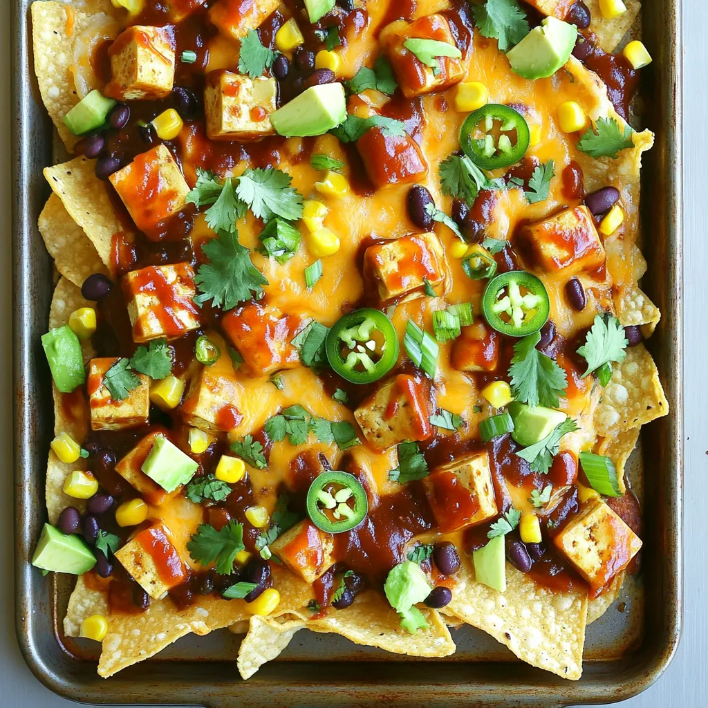 For these tasty Sheet-Pan BBQ Tofu Nachos, you will need some simple ingredients. Here’s what to gather: - 1 block firm tofu, pressed and cubed - 1 cup BBQ sauce (preferably homemade for extra flavor) - 1 bag tortilla chips - 1 cup shredded cheddar cheese (or vegan cheese for a dairy-free option) - 1 cup black beans, rinsed and drained - 1 cup corn kernels (fresh or frozen) - 1 jalapeño, sliced (optional) - 1 avocado, diced - 1/2 cup fresh cilantro, chopped - 1/4 cup green onions, sliced - Sour cream (or dairy-free yogurt) for topping Each of these ingredients plays a key role in making your nachos delicious and fun. The firm tofu gives a great texture, while the BBQ sauce adds a sweet and smoky flavor. The tortilla chips serve as a perfect base for all the toppings. You can choose shredded cheese based on your dietary needs, and the black beans and corn add nutrition and color. Don't forget the jalapeños for a spicy kick! Finally, the avocado, cilantro, and green onions bring freshness to every bite. To start, you need to press and cube the tofu. This helps remove excess water. Wrap the block of firm tofu in a clean kitchen towel. Place something heavy on top, like a cast-iron skillet. Let it sit for about 15 minutes. Once pressed, cut the tofu into small cubes. Next, preheat your oven to 400°F (200°C). This step is key for getting your nachos crispy. While the oven heats, prepare your vegetables and toppings. Rinse and drain the black beans. If using fresh corn, cut it off the cob. Slice the jalapeño if you want some heat. Dice the avocado and chop the cilantro and green onions. Set everything aside in bowls for easy access. In a medium bowl, toss the cubed tofu with BBQ sauce until each piece is well-coated. You can use homemade sauce for a richer taste. Now, arrange the sauced tofu cubes on a large sheet pan. Spread them out evenly so they cook well. Bake the tofu for 15 minutes. This will make it slightly crispy and full of flavor. After baking the tofu, take the pan out of the oven. Layer the tortilla chips in an even layer on the same pan. This keeps clean-up easy! Sprinkle the black beans, corn, and half of the shredded cheese over the chips. Next, distribute the BBQ tofu evenly over the top of the nachos. If you like, add slices of jalapeño for extra spice. Finally, top with the remaining cheese. Return the pan to the oven and bake for an additional 10 to 12 minutes. This helps the cheese melt and get bubbly. To achieve that perfect bubbly cheese, keep an eye on it. You want it melted but not burnt. When it looks golden brown, take it out. Once done, top your nachos with diced avocado, fresh cilantro, and green onions. Serve right away with dollops of sour cream or dairy-free yogurt on top. Enjoy! To get the best texture from tofu, start by pressing it. Use a clean kitchen towel or paper towel to soak up excess water. You can place a heavy object on top of the tofu for about 15-30 minutes. This step helps the tofu absorb the BBQ sauce better. For a flavorful BBQ sauce, try making your own. A simple mix of ketchup, brown sugar, vinegar, and spices works well. If you use store-bought sauce, choose one with natural ingredients for the best taste. To serve your nachos in a rustic style, keep them on the sheet pan. This way, everyone can dig in. You can also transfer them to a large platter for a nice touch. Add a sprinkle of fresh cilantro and extra jalapeño slices for color. If you want to skip cheese, use avocado or a vegan cheese alternative. Other great toppings include diced tomatoes, chopped bell peppers, or even olives. Get creative with your toppings to make each batch unique! For drinks, a cold soda or sparkling water pairs nicely with nachos. If you want something stronger, try a light beer or a fruity cocktail. As for sides, fresh veggies or a simple salad work well. You could also serve with a bowl of fresh salsa or guacamole. These sides will balance the richness of the nachos and make your meal complete. {{image_2}} For a tasty vegan treat, use plant-based cheese. Many brands offer great options. Just make sure to check the label for quality. You can also substitute sour cream with vegan yogurt. It adds creaminess without the dairy. Both swaps keep your nachos fun and friendly for all diets. Feel free to play with your BBQ sauce. Try a spicy or smoky version for a kick. You can also swap seasonal veggies in. Fresh tomatoes, bell peppers, or zucchini add color and flavor. Using local produce makes your dish even better and supports nearby farms. Want to turn up the heat? Add sliced jalapeños or a dash of hot sauce. You can also mix in spices like paprika or cumin for depth. Experimenting with spice lets you find your perfect flavor balance. Just remember, start small and taste as you go! To store your nachos, use an airtight container. Glass or plastic containers work well. Make sure the nachos are cooled before sealing. This helps keep them fresh. You can keep the leftovers in the fridge for up to three days. To reheat nachos, the oven is your best friend. Preheat your oven to 350°F (175°C). Place the nachos on a baking sheet. Heat for about 10 minutes. This method keeps the chips crispy and the cheese melty. You can also use a microwave, but it may make the chips soft. Heat in short bursts of 30 seconds until warm. Yes, you can freeze nachos! To prepare for freezing, layer the chips and toppings separately. Store them in freezer-safe bags. This way, you can enjoy them later. When you’re ready, just bake from frozen at 350°F (175°C) until heated through. You can easily make this dish gluten-free. Look for gluten-free tortilla chips at the store. Many brands offer tasty options. For BBQ sauce, check the label or make your own. Use tamari instead of soy sauce in your homemade sauce. This swap keeps the flavor while avoiding gluten. Yes, you can prep this dish ahead of time. Start by pressing and cubing the tofu. Toss it with BBQ sauce and store it in the fridge. You can also chop the veggies, like jalapeños and green onions, a day before. Store them in airtight containers. Keep the chips separate until you’re ready to bake. This way, they won’t get soggy. There are many ways to enhance your nachos. Try adding diced tomatoes or black olives for more flavor. Fresh lime juice can brighten the dish. You can also sprinkle some crushed tortilla chips on top for crunch. If you like heat, add sliced serrano peppers. For a creamy touch, consider drizzling extra sour cream or a vegan alternative over the top. In this article, we explored how to make delicious BBQ tofu nachos. We covered the ingredients, from tofu and BBQ sauce to various toppings, and walked through easy steps for preparation, cooking, and assembly. I shared tips for perfect texture and serving ideas, along with variations for everyone. Don’t forget about storage options for leftovers and reheating methods. Enjoy crafting your own tasty nachos, and let your creativity shine through as you mix and match ingredients!