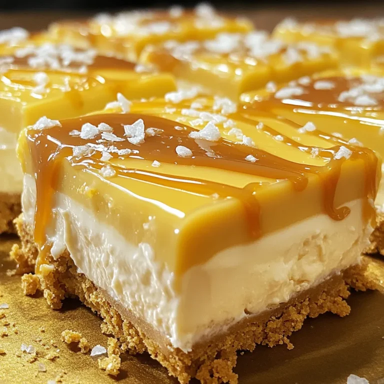 To make these No-Bake Salted Caramel Cheesecake Bars, you'll need: - 1 ½ cups graham cracker crumbs - ½ cup unsalted butter, melted - 1 cup cream cheese, softened - 1 cup powdered sugar - 1 teaspoon vanilla extract - 1 cup heavy whipping cream - ½ cup salted caramel sauce (store-bought or homemade) - Sea salt flakes (for garnish) You can switch some ingredients for different flavors or dietary needs. - Use gluten-free graham crackers for a gluten-free option. - Swap unsalted butter with coconut oil for a dairy-free version. - For a lighter cheesecake, use low-fat cream cheese. - Instead of heavy cream, try coconut cream for a vegan twist. - Make your own salted caramel sauce to control sweetness and ingredients. Choosing the right ingredients makes a big difference in taste. - Select fresh cream cheese. It should be soft but not overly runny. - Use real vanilla extract instead of imitation for a richer flavor. - Look for heavy cream that has at least 36% fat for the best whip. - Choose a salted caramel sauce with few ingredients for the best taste. - Ensure your graham crackers are fresh and crunchy for the perfect crust. These tips help you create cheesecake bars that taste amazing and look great. To start, grab a medium bowl. Add 1 ½ cups of graham cracker crumbs and ½ cup of melted unsalted butter. Mix these together well. You want the crumbs to look like wet sand. Once mixed, press this mixture firmly into a 9x9 inch baking dish. Make sure to cover the bottom evenly. This will be your crust. Chill it in the refrigerator for 15 minutes. This helps it hold its shape. Next, get a mixing bowl. Beat 1 cup of softened cream cheese with an electric mixer. Mix until it is smooth and creamy. Slowly add in 1 cup of powdered sugar and 1 teaspoon of vanilla extract. Keep mixing until it is well combined. In another bowl, whip 1 cup of heavy whipping cream until you see stiff peaks. Gently fold this whipped cream into the cream cheese mixture. Be careful not to overmix. This keeps it light and fluffy. Now, take half of the ½ cup of salted caramel sauce. Drizzle it into the cream cheese mixture. Fold it gently to create a nice marbled look. Spread this cheesecake filling over your chilled crust. Use a spatula to smooth the top. Drizzle the rest of the salted caramel on top. Take a toothpick or knife and swirl it slightly for decoration. Chill the cheesecake bars in the refrigerator for at least 4 hours, or until they are set. When they are ready, cut into bars and sprinkle sea salt flakes on top before serving. Enjoy! When making no-bake cheesecake bars, avoid overmixing your cream cheese. This can lead to a dense texture. Also, be sure to press the crust firmly into the dish. A loose crust will crumble when you cut the bars. Lastly, don’t skip chilling time. If you cut them too early, they will fall apart. To get that creamy texture, whip the heavy cream until stiff peaks form. This airiness makes your cheesecake light. When folding the whipped cream into the cream cheese, do it gently. You want to keep the air in for a fluffy result. Also, make sure your cream cheese is softened. Cold cream cheese can create lumps in your filling. For a stunning look, cut the bars with a sharp knife. Wipe the knife between cuts for clean lines. Drizzle extra salted caramel on top before serving. A sprinkle of sea salt flakes adds a nice touch. Serve these bars on a colorful plate for a pop of color. You can also add fresh fruit on the side for a fresh contrast. {{image_2}} You can add fun flavors to your no-bake salted caramel cheesecake bars. Consider mixing in some cocoa powder to create a chocolate version. Use ¼ cup of cocoa powder with your cream cheese. This gives a rich, chocolatey taste. You might also try adding a splash of coffee or espresso powder. This gives a nice depth and pairs well with caramel. For a fruity twist, blend in some lemon or orange zest. This adds brightness and freshness to the dessert. If you want gluten-free bars, simply use gluten-free graham cracker crumbs. They work just as well in the crust. For a vegan version, swap out cream cheese with vegan cream cheese. Use coconut cream instead of heavy whipping cream. This gives a similar texture and a slight coconut flavor. Check your caramel sauce, too, as some brands may not be vegan. Choose a vegan caramel sauce for the best results. Toppings can change the look and taste of your bars. Try using crushed nuts, like pecans or walnuts, for a crunchy bite. You can also use chocolate chips for added sweetness. Instead of plain sea salt, consider using flavored salt, like smoked salt, for a twist. Drizzle with melted chocolate or a fruit sauce for more color. You can also layer whipped cream on top for a nice finish. These little changes can make your dessert feel new and exciting! To keep your no-bake salted caramel cheesecake bars fresh, store them in an airtight container. This way, they won’t dry out. You can also cover the dish with plastic wrap. Place them in the fridge for best results. If you have leftover salted caramel sauce, store it separately. This keeps the bars from getting too soggy. You can freeze these cheesecake bars for later enjoyment. Cut them into individual bars before freezing. Wrap each bar tightly in plastic wrap and then in aluminum foil. This prevents freezer burn. Place them in a freezer-safe bag or container. They will stay fresh for up to three months. When ready to eat, thaw them overnight in the fridge. These bars will last in the fridge for up to five days. Store them properly, and they will maintain their taste and texture. The longer they sit, the softer they may become. Enjoy them within this time frame for the best flavor and quality. Yes, you can make these bars ahead of time. They taste even better after chilling overnight. This gives the flavors time to meld. Just keep them covered in the fridge. You can serve them the next day, too. If you don’t have salted caramel sauce, you can make your own. Just melt sugar in a pan until it turns golden. Add butter and cream, then sprinkle in some sea salt. Stir until smooth. This will give you a tasty homemade sauce. To know if the cheesecake bars are set, gently touch the top. It should feel firm but still have a slight give. If it feels too soft, let them chill longer. After four hours, they should be ready to cut. Enjoy the creamy texture! In this article, we covered key steps to making delicious cheesecake bars. We discussed choosing quality ingredients, crafting the perfect crust, and creating a smooth filling. Remember to avoid common mistakes and try various flavor options to impress your guests. Proper storage is crucial for keeping them fresh. By following these tips and tricks, you can serve a dessert that looks and tastes amazing. Enjoy the process and happy baking!