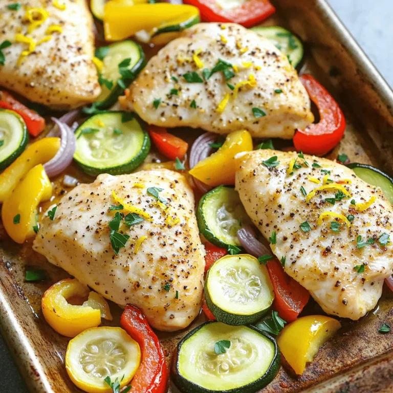 - 4 boneless, skinless chicken breasts - 2 large zucchinis, sliced into half-moons - 1 red bell pepper, sliced - 1 yellow bell pepper, sliced - 1 red onion, sliced into wedges - 4 cloves garlic, minced For this lemon pepper chicken veggie bake, we start with chicken breasts. They cook well and stay juicy. Then, we add fresh veggies like zucchini, bell peppers, and red onion. These vegetables not only add color but also great taste to the dish. - 1/4 cup olive oil - 2 tablespoons lemon juice - 2 teaspoons lemon zest - 2 teaspoons freshly cracked black pepper - 1 teaspoon garlic powder - 1 teaspoon salt - Fresh parsley for garnish, chopped The marinade is key to flavor. Olive oil and lemon juice give the chicken a bright taste. Lemon zest adds more lemon flavor. Seasonings like black pepper, garlic powder, and salt make everything pop. Lastly, fresh parsley gives a nice touch when serving. Preheating the Oven Start by setting your oven to 400°F (200°C). This heat is perfect for cooking both chicken and veggies. A hot oven helps everything cook evenly and get golden. Preparing the Marinade In a small bowl, mix olive oil, lemon juice, lemon zest, cracked black pepper, garlic powder, and salt. Whisk it well until all the ingredients blend together. This marinade gives the chicken a zesty kick. Coating the Chicken Place the chicken breasts on a large sheet pan. Brush half of your lemon pepper marinade on top. Make sure each piece gets a nice, even coat. This step adds a lot of flavor to the chicken. Tossing the Vegetables In a big bowl, combine sliced zucchini, bell peppers, and red onion. Add the minced garlic and the rest of your marinade. Toss everything well to coat the veggies. This will help them soak up all the tasty flavors. Arranging the Ingredients Spread the vegetable mixture around the chicken on the sheet pan. Keep everything in a single layer. This step ensures even cooking. If the veggies stack too high, they won't cook right. Cooking Time and Temperature Bake in your preheated oven for 25-30 minutes. Check if the chicken is done by making sure it reaches an internal temperature of 165°F (75°C). The veggies should be tender and slightly caramelized. Let the dish rest for about 5 minutes before slicing the chicken. This helps keep it juicy. Marinating Tips To get the best flavor, marinate the chicken for at least 30 minutes. This helps the lemon and spices soak into the meat. If you can, marinate it overnight in the fridge. Use a zip-top bag for easy mixing and less mess. Just pour in the marinade, add the chicken, seal the bag, and shake it! Ensuring Even Cooking For even cooking, make sure the chicken breasts are all the same size. If they are not, pound them to an even thickness. This helps them cook at the same rate. Also, spread the veggies evenly around the chicken on the pan. This way, everything cooks perfectly together. Additional Seasonings Feel free to add more spices to the marinade. A pinch of paprika or a dash of cayenne can add a nice kick. You can also try adding some Italian seasoning for a different flavor. The key is to find what you love! Using Fresh Herbs Fresh herbs can brighten up this dish. Try adding basil or thyme along with the parsley. Scatter them over the veggies before baking. You can also sprinkle some on after cooking for a fresh taste. Fresh herbs make this bake even more delicious! {{image_2}} You can change up the veggies in this dish. Use seasonal veggies for fresh flavors. Try asparagus in spring or squash in summer. Sweet potatoes add a nice touch in fall. Root veggies, like carrots or beets, work well in winter. You can also add other flavorful items. Cherry tomatoes give a burst of sweetness. Broccoli or cauliflower add crunch and nutrients. Just keep the cooking time in mind. Some veggies may need less time to bake. If you want to switch proteins, chicken is not your only option. Turkey breasts are lean and tasty. Pork tenderloin works too. Just adjust the cooking time based on the meat you pick. For a vegan twist, use chickpeas or tofu. Both soak up flavors well. You can season them just like the chicken. Bake until golden for a delicious meal that fits any diet. After enjoying your Lemon Pepper Chicken Veggie Bake, you may have leftovers. To keep them fresh, use suitable containers. Glass or BPA-free plastic containers work well. Ensure they are airtight to prevent drying out. When storing in the fridge, place your leftovers in the container once they cool. This helps avoid condensation, which can make the food soggy. Your dish will stay fresh for up to three days. If you want to keep it longer, consider freezing it. To enjoy your leftovers, you need to reheat them properly. The oven method is simple and effective. Preheat your oven to 350°F (175°C). Place the chicken and veggies on a baking sheet. Cover with foil to keep moisture in. Heat for about 15-20 minutes, or until warm. If you need a quicker option, the microwave works too. Place your chicken and veggies in a microwave-safe dish. Cover it loosely with a microwave-safe lid or a paper towel. Heat for about 2-3 minutes. Check if it is hot throughout; if not, continue heating in 30-second bursts. These methods ensure your Lemon Pepper Chicken Veggie Bake tastes great even on day two! How long does the chicken need to marinate? Let the chicken marinate for at least 30 minutes. This time helps the flavors soak in. You can also marinate it longer, up to 2 hours, for a stronger taste. Can I use frozen chicken breasts? Yes, you can use frozen chicken breasts. Just be sure to thaw them fully first. This step helps the marinade stick better and ensures even cooking. What should the internal temperature be? The chicken should reach an internal temperature of 165°F (75°C). Use a meat thermometer to check. This temperature ensures the chicken is safe to eat and fully cooked. Can I double the recipe for meal prep? Yes, you can double the recipe easily. Just use a larger sheet pan if needed. Keep in mind that cooking time may vary slightly, so check the chicken's temperature. In this article, we covered key ingredients, marinade components, and step-by-step cooking instructions. You learned how to prepare chicken breasts and fresh vegetables with a simple marinade. We shared tips for even cooking and ways to enhance flavors. You can also explore variations and storage info to suit your needs. Remember, with a few easy steps and fresh ingredients, you can create a delicious meal. Enjoy experimenting with your own flavors and look forward to tasty results!