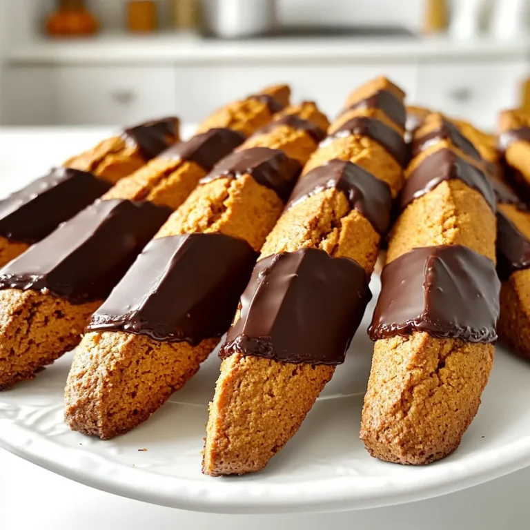 To make Chocolate Dipped Pumpkin Spice Biscotti, you will need the following ingredients: - 2 cups all-purpose flour - 1 teaspoon baking powder - 1 teaspoon ground cinnamon - 1/2 teaspoon ground ginger - 1/4 teaspoon ground nutmeg - 1/4 teaspoon ground cloves - 1/2 teaspoon salt - 1/2 cup unsalted butter, softened - 3/4 cup granulated sugar - 2 large eggs - 1/2 cup canned pumpkin puree - 1 teaspoon vanilla extract - 1/2 cup chopped pecans or walnuts (optional) - 6 ounces dark chocolate, chopped Each ingredient plays a key role in making this biscuit delight. The flour gives structure, while the spices bring warmth and flavor. Pumpkin puree adds moisture and a lovely fall taste. Butter and sugar create a rich base, making every bite melt in your mouth. If you choose to add nuts, they add crunch. Finally, dark chocolate gives a sweet finish. Enjoy gathering these ingredients! - Preheat oven to 350°F (175°C). - Line a baking sheet with parchment paper. - In a bowl, whisk together: - 2 cups all-purpose flour - 1 teaspoon baking powder - 1 teaspoon ground cinnamon - 1/2 teaspoon ground ginger - 1/4 teaspoon ground nutmeg - 1/4 teaspoon ground cloves - 1/2 teaspoon salt This mix gives your biscotti great flavor. - In a large bowl, beat together: - 1/2 cup unsalted butter, softened - 3/4 cup granulated sugar Beat until fluffy. This takes about 3-4 minutes. - Add: - 2 large eggs - 1/2 cup canned pumpkin puree - 1 teaspoon vanilla extract Mix until well combined. - Gradually mix the dry ingredients into the wet mixture. - If you like, fold in: - 1/2 cup chopped pecans or walnuts This step blends all the flavors. - Divide the dough into two logs. Each log should be about 12 inches long. - Flatten each log slightly. - Bake for 25-30 minutes, or until they are lightly browned. - Let them cool for 15 minutes. - Slice the logs diagonally into 1/2 inch thick pieces. - Place the biscotti slices back on the baking sheet, cut side down. - Bake for another 10-15 minutes. Turn them halfway through. They should be firm and crisp. - Melt 6 ounces of dark chocolate in a microwave or double boiler. - Dip the ends of each biscotti into the melted chocolate. - Allow any excess to drip off. - Place them on parchment paper to set. Let the chocolate harden completely before serving. To get a crisp yet tender biscotti, start with room temperature butter. This helps create a nice, fluffy mixture. Mix the dough just until combined. Overmixing can lead to tough biscotti. Shape the dough into logs that are about 12 inches long. Flatten them slightly for even baking. Bake until they are lightly browned. This gives great texture to each bite. One common mistake is overmixing the dough. This can make the biscotti hard instead of tender. Another mistake is underbaking them. If you take them out too soon, they won’t be crisp. Make sure to use room temperature ingredients. Cold butter or eggs can change the dough's texture. You can boost the flavor of your biscotti with extra spices. Try adding a pinch of ground cardamom or a dash of allspice. You can also mix in some chopped dried fruit like cranberries. This adds a nice chew and flavor. For a twist, use flavored extracts like almond or maple instead of vanilla. {{image_2}} To make chocolate dipped pumpkin spice biscotti without nuts, simply skip the chopped pecans or walnuts. The biscotti will still be tasty and have great texture. You can also add a bit more pumpkin puree to keep it moist. This option works well for those with nut allergies. You can switch up the chocolate you use for dipping. White chocolate adds sweetness and a creamy flavor, while milk chocolate gives a smooth finish. Both options pair well with the spice of the biscotti. Melt the chocolate as before and dip the ends for a fun twist. Each choice brings a new taste to the table. Add seasonal flair by mixing in dried cranberries or orange zest. Cranberries add tartness, while orange zest brightens the flavor. You can also try adding a pinch of cardamom for a warm touch. These additions make your biscotti stand out for fall or winter gatherings. Feel free to experiment with your favorite flavors! To keep your biscotti fresh, store them in a tight container. Use a glass jar or plastic box with a lid. Avoid humidity, as it can make them soft. Place a paper towel inside to absorb moisture. Keep them at room temperature for the best taste. This way, the chocolate stays crisp, and the flavors remain strong. You can freeze biscotti for later enjoyment. First, ensure they are fully cooled. Wrap them tightly in plastic wrap or foil. Then, place them in a freezer-safe bag. When you are ready to eat them, thaw at room temperature. You can also warm them in an oven at 350°F for a few minutes. This brings back their crunch. At room temperature, biscotti last for about two weeks. They stay fresh for longer when stored properly. If you freeze them, they can last up to three months. Just remember to seal them well to avoid freezer burn. Enjoy your biscotti whenever you crave a tasty treat! Yes, you can! For a gluten-free option, use a gluten-free all-purpose flour blend. Look for blends with xanthan gum for best results. Almond flour is another great choice for a nutty flavor. Just remember to adjust the baking time as needed, since some gluten-free flours can change the texture. To make these biscotti dairy-free, swap the unsalted butter for coconut oil or a plant-based butter. For the chocolate, use dairy-free dark chocolate chips or bars. Ensure they are labeled dairy-free to avoid any issues. These swaps will keep your biscotti rich and delicious without dairy. These biscotti pair well with many drinks and treats. Enjoy them with a warm cup of coffee or a spiced chai tea. They also go great with a glass of milk or a scoop of vanilla ice cream. For a festive touch, serve them with pumpkin-flavored desserts or a drizzle of caramel sauce. You have a great recipe for Chocolate Dipped Pumpkin Spice Biscotti. We gathered all the ingredients, wrote clear steps, and added tips. You learned how to achieve the perfect texture and avoid common mistakes. Plus, I shared fun variations and storage tips. These biscotti make a great treat for any season. Enjoy baking and sharing them with friends or family. Your kitchen will smell wonderful, and they will love the taste!