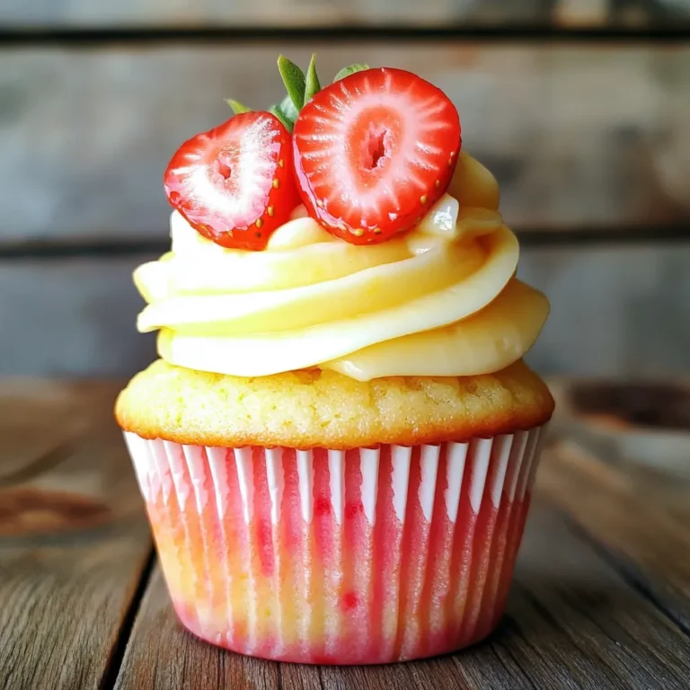 - 1 ½ cups all-purpose flour - 1 teaspoon baking powder - ½ teaspoon baking soda - ¼ teaspoon salt - ½ cup unsalted butter, softened - 1 cup granulated sugar - 2 large eggs - 1 teaspoon vanilla extract - ½ cup buttermilk - Zest of 1 lemon - 2 tablespoons fresh lemon juice - 1 cup fresh strawberries, pureed - 1 cup powdered sugar - 4 oz cream cheese, softened - 2 tablespoons butter, softened - 1 tablespoon fresh lemon juice - Extra strawberries for decoration When I make Strawberry Lemonade Cupcakes, I always start with the ingredients. This cupcake recipe is simple and fun. It uses fresh strawberries and zesty lemon. The blend of flavors makes each bite refreshing. For the dry ingredients, I use all-purpose flour, baking powder, baking soda, and salt. These basics help the cupcakes rise and stay soft. I mix them well in a bowl. Next, I gather the wet ingredients. I love using softened butter for creaminess. I beat it with granulated sugar until fluffy. Then I add eggs, vanilla, buttermilk, lemon zest, and lemon juice. The lemon juice and zest add a bright kick. Finally, I fold in pureed strawberries to give the cupcakes a fruity twist. For the frosting, I mix cream cheese and butter until smooth. I add powdered sugar and lemon juice. This creates a light and tangy frosting. I top each cupcake with a fresh strawberry for a touch of color. These ingredients come together to make a delightful summer treat. They are perfect for parties or just a sunny day at home. - Preheat your oven to 350°F (175°C). - Line a muffin tray with cupcake liners. - Whisk together the flour, baking powder, baking soda, and salt. - Cream butter and sugar until light and fluffy. - Incorporate eggs one at a time and mix well. - Stir in vanilla extract, buttermilk, lemon zest, and lemon juice. - Gradually add dry ingredients to wet mixture. - Carefully fold in pureed strawberries. - Divide batter into prepared muffin tray. - Bake for 18-20 minutes or until a toothpick comes out clean. - Beat cream cheese and butter until smooth. - Gradually add powdered sugar and lemon juice, mix until fluffy. - Once cooled, frost cupcakes and garnish with fresh strawberries. - Accurate measurements are key for success. Use a scale or measuring cups. - Over-mixing leads to dense cupcakes. Mix just until combined. - Room temperature ingredients make smoother frosting. Take your butter and cream cheese out early. - Use a piping bag for pretty designs. It’s fun and easy to do! - Pair these cupcakes with cold lemonade. It’s a perfect summer match! - These treats shine at parties, picnics, or any celebration. Everyone will love them! {{image_2}} You can switch up the flavors in your cupcakes. If you want a different taste, try using raspberries or blueberries instead of strawberries. Both fruits add a nice tartness. For adults, add a splash of vodka to the batter. This will give your cupcakes a fun twist for summer parties. The frosting can also change the cupcake's vibe. Instead of cream cheese frosting, try buttercream or whipped cream. Both options add a light and airy touch. To make it even better, add some citrus zest to the frosting. This will enhance the lemon flavor and make it even more refreshing. If you follow a gluten-free diet, you can still enjoy these cupcakes. Use a 1:1 gluten-free flour blend to replace the regular flour. For those who are vegan, you can make easy swaps. Replace the eggs with flaxseed meal mixed with water. Use plant-based butter instead of regular butter. This way, everyone can enjoy a tasty treat! Store your cupcakes in an airtight container. They stay fresh at room temperature for up to three days. If you want them to last longer, refrigerate them. They can stay good for five to seven days in the fridge. You can freeze unfrosted cupcakes for up to three months. Make sure to place them in a freezer-safe container. When you're ready to enjoy them, thaw the cupcakes at room temperature. Once they are soft, you can frost and serve them. If you have leftover frosting, store it in the refrigerator. It will stay fresh for up to a week. Just make sure to cover it well to prevent it from drying out. Yes, but ensure they are thawed and excess liquid is drained. Frozen strawberries can work well, but fresh ones give the best taste. They add a burst of flavor that brightens the cupcakes. A toothpick inserted in the center should come out clean. Keep an eye on them after about 18 minutes. If the toothpick has batter on it, bake for another minute and check again. Yes, adjust the baking time and use a 9-inch round cake pan. The cupcakes bake quickly, so a cake may need 25 to 30 minutes. Check with a toothpick to be sure it's done. You can use milk combined with a splash of vinegar or lemon juice as a substitute. Mix one cup of milk with one tablespoon of vinegar or lemon juice and let it sit for about five minutes. This gives you a great buttermilk substitute. These cupcakes blend fresh strawberries and zesty lemon for a delightful treat. You’ve learned to prep, mix, bake, and frost them with ease. Remember to measure accurately and avoid over-mixing for the best results. Try different flavors or dietary options to suit your taste. Enjoy these cupcakes at any event or just for fun. Baking can be a joy, and these cupcakes will surely impress anyone who tastes them!