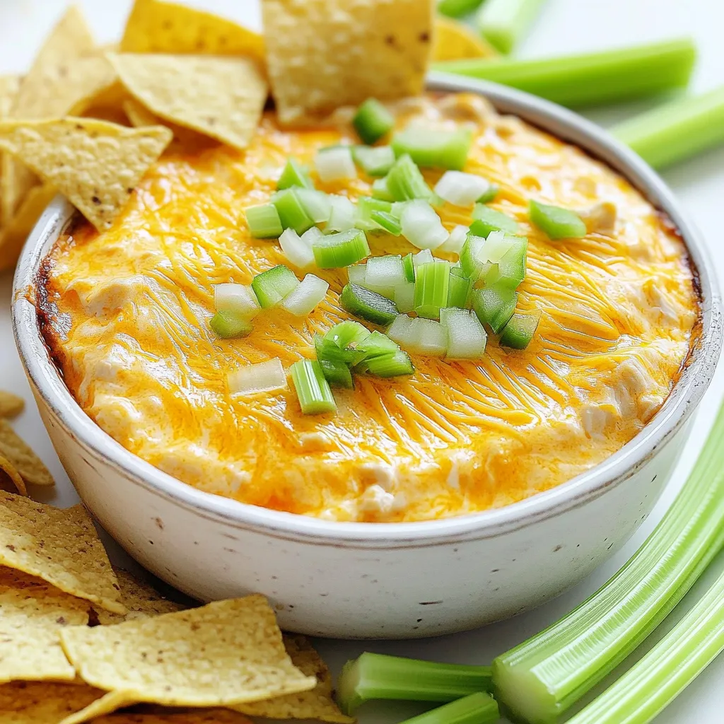To make creamy buffalo chicken dip, gather these key items: - 2 cups cooked shredded chicken - 1 (8 oz) package cream cheese, softened - 1/2 cup sour cream - 1/2 cup mayonnaise - 1 cup shredded sharp cheddar cheese - 1/2 cup buffalo sauce (adjust to taste) - 1 teaspoon garlic powder - 1 teaspoon onion powder - Salt and pepper to taste These ingredients blend together to create a rich and flavorful dip. The chicken gives protein, while cream cheese, sour cream, and mayonnaise add creaminess. For a fun touch, consider these garnishes: - Chopped green onions - Diced celery These add color and crunch to your dish. They also enhance the flavor and make the dip look more appealing. If you’re missing an ingredient, here are some swaps: - Greek yogurt can replace sour cream or mayonnaise for a healthier option. - Use any cheese you like, such as Monterey Jack or mozzarella, instead of sharp cheddar. - If you want less heat, try using mild buffalo sauce or a mix of hot sauce and ketchup. These substitutions can help you customize the dip to your taste. Enjoy experimenting with different flavors! Start by getting your slow cooker ready. Place the softened cream cheese, sour cream, and mayonnaise in the slow cooker. Use a spatula to mix them until creamy and smooth. This step is key for a rich base. You want it to be well-blended before adding anything else. Now, add the cooked shredded chicken to the creamy mix. Pour in the buffalo sauce next. Stir gently until everything is covered. Then, add the garlic powder, onion powder, salt, and pepper. Taste as you go to ensure it has the flavor you like. Lastly, fold in the shredded sharp cheddar cheese. Set aside a bit of cheese for later. This will make your dip even cheesier! Cover the slow cooker with its lid and set it to low heat. Cook for about 2 hours. Stir occasionally. You want the dip hot and the cheese melted. After two hours, sprinkle the reserved cheddar cheese on top. Let it melt for another 10 minutes with the lid on. Serve the dip warm. It pairs well with tortilla chips, celery sticks, or crackers. For a nice touch, garnish with chopped green onions or diced celery. Enjoy this creamy buffalo chicken dip at your next gathering! To get a creamy dip, start with softened cream cheese. Mix it with sour cream and mayonnaise until smooth. This creates a great base. I like to use a large slow cooker for even heating. Stir in your shredded chicken and buffalo sauce gently. Don't rush this step. The goal is to blend flavors without losing creaminess. Want more heat? Add extra buffalo sauce. Start with an extra tablespoon, then taste. If you want it milder, use less buffalo sauce. You can also mix in a bit of ranch dressing. This adds creaminess and cools the spice. Adjust to find your perfect balance. For game day, serve with tortilla chips, celery sticks, and crackers. This makes it fun and easy to dip. If you are hosting a party, present the dip in a rustic bowl. Top it with chopped green onions for a pop of color. Arrange an assortment of dippers around the bowl. This adds a festive touch and invites guests to dig in. {{image_2}} You can switch up the cheese in your dip. Use mozzarella for a stretchy texture. Gouda adds a smoky flavor. Try pepper jack for a spicy kick. Each cheese brings a new taste. Feel free to mix different cheeses for a fun twist. You can make this dip healthier by using Greek yogurt. Replace the sour cream with plain Greek yogurt. It keeps the dip creamy while cutting calories. Greek yogurt also adds protein, making it a better choice. You still get that rich taste without the extra fat. Want a vegetarian Buffalo dip? Use canned jackfruit instead of chicken. Shred the jackfruit just like you would chicken. Another option is to mix in beans like chickpeas. These options keep the flavor while being meat-free. Serve with fresh veggies for a healthy crunch. To keep your creamy buffalo chicken dip fresh, store it in an airtight container. Let the dip cool down before you put it in the fridge. This helps it stay creamy. You can keep it in the fridge for up to four days. Make sure to write the date on the container. This way, you know when to eat it! When you want to reheat your dip, use the microwave or the slow cooker. If you use the microwave, heat it in short bursts. Stir after each burst until it is warm. If you use the slow cooker, set it to low heat. Stir often, so it heats evenly. Adding a splash of buffalo sauce or cream can help it stay creamy. You can freeze the dip if you have leftovers. Place it in a freezer-safe container. Make sure to leave some space at the top, as it will expand. The dip can last for up to three months in the freezer. When you are ready to eat it, thaw it in the fridge overnight. Reheat it gently as mentioned above. Enjoy your creamy dip any time! Yes, you can make this dip ahead of time. Just prepare it as the recipe says but do not cook it right away. Once you mix all the ingredients in the slow cooker, cover it and place it in the fridge. When you are ready to serve, cook it on low heat for about 2 hours. This way, you save time on the day of your event. Buffalo chicken dip pairs well with many items. Here are some great options: - Tortilla chips - Celery sticks - Carrot sticks - Crackers - Pita bread - Veggie sticks These sides add a nice crunch. They also balance the creamy dip. You can even make a platter for a fun presentation. The dip will last about 3 to 4 days in the fridge. Make sure to store it in an airtight container. If you want to keep it longer, freeze it. It can last up to 3 months in the freezer. Just thaw it in the fridge before reheating. Enjoy your dip longer with these tips! In this article, we explored the essential and optional ingredients for making a great dip. I shared step-by-step instructions for preparing and cooking, plus tips to achieve the best texture and flavor. We also looked at fun variations and smart ways to store your dip. Making this dip can be simple and fun. With these insights, you're now ready to create a tasty dish for any event. Enjoy your cooking and impress your friends!