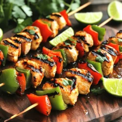 - 1.5 lbs chicken breast, cut into 1-inch cubes - 3 tablespoons olive oil - 2 tablespoons fresh lime juice For these chili lime grilled chicken skewers, chicken breast is the star. I prefer it for its lean quality and ability to soak up flavors. The olive oil adds richness and helps keep the chicken moist. Fresh lime juice gives the dish a bright and zesty kick. - 2 teaspoons chili powder - 1 teaspoon cumin - 1 teaspoon paprika The chili powder brings heat and depth. Cumin adds a warm, earthy note. Paprika brings a mild sweetness and a vibrant color that enhances the dish visually. - 2 garlic cloves, minced - 1 teaspoon honey - 1 red bell pepper, cut into chunks - 1 green bell pepper, cut into chunks Minced garlic adds a strong, aromatic flavor. A touch of honey balances the spice with sweetness. The red and green bell peppers not only add color but also a crunchy texture that pairs well with tender chicken. To create the marinade, I mix several simple ingredients in a medium bowl. I use: - 3 tablespoons olive oil - 2 tablespoons fresh lime juice - 2 teaspoons chili powder - 1 teaspoon cumin - 1 teaspoon paprika - 2 minced garlic cloves - 1 teaspoon honey - Salt and pepper to taste I blend these well. This step is key. The flavors meld together, making the chicken tasty and bright. Next, I marinate the chicken. I cut 1.5 lbs of chicken breast into 1-inch cubes. I add these cubes to the marinade. I make sure each piece is coated well. Then, I cover the bowl with plastic wrap and refrigerate it for at least 30 minutes. This chilling time helps the chicken absorb the flavors. Keeping the chicken cool is important for safety. After marinating, I prepare the skewers. I soak wooden skewers in water for about 15 minutes. This helps prevent burning. If I use metal skewers, I skip this step. I then thread the chicken cubes onto the skewers. I alternate with colorful chunks of red and green bell peppers. This adds flavor and makes the skewers look great. Before grilling, I preheat the grill to medium-high heat. I lightly oil the grates to stop the chicken from sticking. When I place the skewers on the grill, I cook them for about 10-12 minutes. I turn them occasionally to create nice grill marks. I use a meat thermometer to check if the chicken reached 165°F (75°C). This ensures safe eating. Once cooked, I remove the skewers from the grill. I let them rest for a few minutes. This step helps lock in the juices and keeps the chicken moist. To keep food from sticking, coat the grill grates with oil. Use a paper towel soaked in oil and tongs to apply it. This will help create a nice sear on your chicken. If flare-ups happen, move the skewers to a cooler part of the grill. This way, you won’t burn your chicken. Each grill type needs special heat settings. Gas grills usually heat up fast. Keep the temperature around medium-high. For charcoal grills, let the coals burn down to medium heat. Adjust your cooking time based on the grill you use. For the best taste, marinate the chicken for at least 30 minutes. If you have time, let it sit longer. This allows the spices to soak in deeply. You can even marinate overnight for a bolder flavor. When choosing spices, fresh herbs and spices often pack more flavor than dried ones. Fresh lime juice brightens the dish. If you use dried spices, try to find high-quality ones for the best results. Serve the skewers on a large platter. Add fresh lime wedges and chopped cilantro for a colorful look. This brightens the dish and adds flavor. Pair the skewers with guacamole or a light salad. This adds freshness and balances the dish. Don’t forget to enjoy the vibrant colors and aromas as you serve! {{image_2}} You can swap chicken for other proteins in this recipe. If you want to use beef, choose tender cuts like sirloin or flank steak. Cut them into 1-inch cubes for even cooking. For pork, use tenderloin or boneless chops. They also work well on skewers. If you're looking for vegetarian options, try tofu or tempeh. Both absorb flavors well. Make sure to press tofu to remove excess moisture. You can also use hearty veggies like mushrooms or zucchini for a filling meal. You can adjust the spice level based on your taste. If you like heat, add more chili powder or a pinch of cayenne pepper. For a milder flavor, reduce the chili powder. Adding fresh herbs can elevate your skewers. Cilantro or parsley can add a fresh touch. You might also try different seasonings like oregano or thyme. Experimenting with flavors keeps the dish exciting! Pair your skewers with a light salad. A simple green salad with lime vinaigrette works great. You can also make a corn salad for a sweet crunch. For dipping sauces, consider guacamole or a yogurt-based dip. A zesty chimichurri sauce can also add a nice kick. These sides will enhance the meal and offer a variety of tastes. To store leftover chili lime grilled chicken skewers, let them cool first. Place the skewers in an airtight container. This helps keep them fresh and tasty. You can store them in the fridge for up to three days. For best results, eat them sooner rather than later. When it’s time to enjoy your leftovers, reheat them safely. The best way is to use an oven or a stovetop. Heat the oven to 350°F (175°C) and place the skewers on a baking sheet. Bake for about 10 minutes. If using a stovetop, heat a pan over medium heat. Add the skewers and cook for about 5 minutes, turning them until hot. Always check that chicken reaches an internal temperature of 165°F (75°C) to ensure food safety. Yes, you can freeze cooked chicken skewers! Wrap each skewer tightly in plastic wrap, then place them in a freezer-safe bag. Label the bag with the date. They can last in the freezer for up to three months. To thaw, move the bag to the fridge for several hours or overnight. After thawing, reheat as mentioned above. This keeps your skewers flavorful and juicy. Soak wooden skewers for about 15 minutes. This step helps prevent them from burning on the grill. While soaking, fill a bowl with water and place the skewers inside. Make sure they are fully submerged. If you skip this, the skewers may catch fire while grilling. This simple step can save your meal! Yes, you can use other vegetables! If you want to switch things up, try zucchini, mushrooms, or cherry tomatoes. These veggies also grill well and add great flavor. Just cut them into similar sizes as the chicken pieces. This way, everything cooks evenly. Feel free to explore your favorites! The safe internal temperature for chicken is 165°F (75°C). Use a meat thermometer to check this. Insert it into the thickest part of the chicken, avoiding the skewers. This ensures the chicken is fully cooked and safe to eat. Checking the temperature is key for juicy and tasty chicken skewers! In this post, we covered how to make delicious grilled chicken skewers. We explored the main ingredients, spices, and the steps to prepare them. I shared tips on grilling and serving to enhance flavor and presentation. Remember, marinating adds depth, and you can switch up proteins and veggies. Follow these methods, and you'll impress everyone at your next meal. Enjoy the grilling adventure!