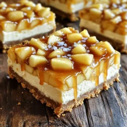 - 1 ½ cups graham cracker crumbs - ½ cup unsalted butter, melted - ¼ cup granulated sugar - 2 (8 oz each) packages cream cheese, softened - ¾ cup brown sugar, packed - 2 large eggs - 1 teaspoon vanilla extract - 2 cups apples, peeled, cored, and diced (Granny Smith or Honeycrisp) - ½ teaspoon ground cinnamon - ½ cup salted caramel sauce (store-bought or homemade) - Sea salt, for garnish You can swap graham cracker crumbs with crushed cookies. Use Oreo or digestive biscuits for a twist. If you need a dairy-free option, try vegan cream cheese. Maple syrup can replace brown sugar for a unique flavor. For apples, any tart variety works well. Try Fuji or Braeburn apples for a sweet touch. Use dry measuring cups for solid ingredients like graham crumbs and sugar. Level off the top with a straight edge for accuracy. For sticky ingredients like melted butter, use a liquid measuring cup. Always pack brown sugar firmly in the cup. When measuring cream cheese, let it soften first for a smooth blend. Set your oven to 325°F (163°C). This step warms up the oven for baking. It makes sure your cheesecake bars bake evenly. Line a 9x9 inch baking dish with parchment paper. Leave some paper hanging over the sides. This helps you lift the bars out later. In a mixing bowl, add 1 ½ cups of graham cracker crumbs, ½ cup of melted unsalted butter, and ¼ cup of granulated sugar. Mix these ingredients well. You want the crumbs to be coated nicely. Press the mixture firmly into the bottom of the baking dish. This forms a solid crust. In a separate bowl, beat together two packages of softened cream cheese and ¾ cup of brown sugar. Mix until it's smooth and creamy. Add two large eggs one at a time. Make sure to blend well after each egg. Finally, stir in 1 teaspoon of vanilla extract until it is fully mixed. Take 2 cups of peeled, cored, and diced apples. Granny Smith or Honeycrisp apples work great. In another bowl, toss these apple pieces with ½ teaspoon of ground cinnamon. This adds a warm flavor. Then, gently fold the cinnamon apples into the cheesecake mixture. Make sure they are well distributed. Now, pour the apple cheesecake mixture over the cooled crust. Spread it out evenly. Drizzle ½ cup of salted caramel sauce on top. Use a knife to swirl the caramel into the cheesecake layer. This creates a fun marbled look. Place the dish in the oven and bake for 30-35 minutes. The edges should be set, but the center can have a slight jiggle. Once done, take it out and let it cool at room temperature for about 1 hour. After that, move the cheesecake bars to the fridge. Chill them for at least 4 hours, or overnight for the best results. To cut perfect bars, first chill them well. Once they are firm, use a sharp knife. Wipe the knife with a damp cloth after each cut. This keeps the edges neat. You can also use a ruler to mark where to cut. This ensures even pieces. Store any leftover bars in an airtight container. Place parchment paper between layers to prevent sticking. They can last about a week in the fridge. If you want them to last longer, freeze them. Wrap each bar tightly in plastic wrap. Then place them in a freezer-safe bag. They can stay fresh for up to three months. For a creamy texture, use softened cream cheese. Beat it until smooth to avoid lumps. Make sure your eggs are at room temperature. This helps them mix better. Don't overbake the bars. The center should jiggle slightly when done. Let them cool before chilling. This helps set the cheesecake without cracking. {{image_2}} You can change up the fruit in these bars. Try pears instead of apples. They add a nice sweetness. Berries also work well. Blueberries or raspberries give a tart flavor. You can mix fruits too. Combine apples and cranberries for a tasty twist. If you need these bars to be gluten-free, swap the graham crackers. Use gluten-free crumbs instead. You can find them in many stores. Just check the label to be sure. For the filling, all other ingredients are naturally gluten-free. Toppings can really elevate your cheesecake bars. Drizzle more salted caramel on top for extra sweetness. Add chopped nuts for crunch. Walnuts or pecans work well here. You can also sprinkle extra sea salt for a bold flavor. A dollop of whipped cream adds a creamy touch. To keep your cheesecake bars fresh, place them in an airtight container. You can store them in the fridge for up to five days. Make sure to keep them covered. This helps prevent them from drying out. If you have leftovers, always let them cool completely before storing. The cool bars will taste better later. If you want to save some for later, freezing works great! First, cut the cheesecake bars into squares. Wrap each piece in plastic wrap. Then, place the wrapped bars in a freezer-safe bag or container. They can stay in the freezer for up to three months. When you're ready to enjoy them, just thaw them in the fridge overnight. Reheating cheesecake bars can be tricky. You want to warm them, not cook them more! The best way is to use the microwave. Heat a single bar for about 10 seconds. Check to see if it’s warm enough. If not, heat for another 5 seconds. You can also let them sit at room temperature for a bit. Enjoy your warm, tasty treat! Yes, you can use different apples. I like Granny Smith for its tartness. Honeycrisp adds sweetness. Other good options include Fuji or Braeburn. Choose apples based on your taste. Always peel and core the apples for the best texture. These cheesecake bars last about five days in the fridge. Keep them in an airtight container. They taste best when fresh, but they still hold up well. The flavors can deepen over time, making them even more enjoyable. Yes, you can make these bars ahead of time. I recommend making them the day before you need them. This allows the flavors to meld beautifully. Just remember to chill them for at least four hours or overnight before serving. This blog post covered all you need to make delicious cheesecake bars. We discussed key ingredients, how to measure them, and offered helpful substitutes. You learned step-by-step instructions for baking these treats and tips for cutting and storing them. Don't forget the fun variations! You can easily switch fruits or try gluten-free options. Now, you're ready to create a tasty dessert everyone will love. Enjoy sharing these bars with friends and family. Happy baking!