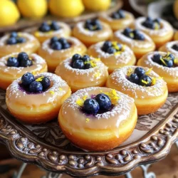 - 1 cup all-purpose flour - 1/2 cup granulated sugar - 1/2 teaspoon baking powder - 1/2 teaspoon baking soda - 1/4 teaspoon salt - 1/2 teaspoon ground cinnamon - 1 large egg - 1/4 cup buttermilk - 1/4 cup vegetable oil - 1 teaspoon vanilla extract - Zest of 1 lemon - 1 tablespoon fresh lemon juice - 3/4 cup fresh blueberries (plus extra for garnish) Using fresh ingredients makes a big difference in taste. Fresh blueberries burst with flavor. They add sweetness and a juicy texture to the donuts. Lemon zest brings bright notes to the mix. Fresh lemon juice enhances the tangy flavor. When you use fresh items, you create a better donut. Your friends and family will notice the difference in each bite. You can change some ingredients while keeping the taste great. Try whole wheat flour instead of all-purpose flour. This makes the donuts a bit healthier. If you don't have buttermilk, mix milk with a little vinegar or lemon juice. This creates a similar tang. You can also swap blueberries for raspberries or strawberries. Each fruit brings its own flavor twist. Keep the zest and juice to keep that lemony kick! Start by preheating your oven to 350°F (175°C). Grease the donut pan with cooking spray. This step helps the donuts pop out easily after baking. Make sure every mold is coated well. In a large bowl, combine the following dry ingredients: - 1 cup all-purpose flour - 1/2 cup granulated sugar - 1/2 teaspoon baking powder - 1/2 teaspoon baking soda - 1/4 teaspoon salt - 1/2 teaspoon ground cinnamon Whisk these together until they blend well. This mix gives the donuts their structure and flavor. In another bowl, whisk together these wet ingredients: - 1 large egg - 1/4 cup buttermilk - 1/4 cup vegetable oil - 1 teaspoon vanilla extract - Zest of 1 lemon - 1 tablespoon fresh lemon juice Make sure the mixture is smooth and well combined. Each ingredient adds moisture and flavor. Now, pour the wet mix into the dry mix. Stir gently until just combined. Be careful not to overmix. Next, fold in 3/4 cup fresh blueberries. Use a spatula to avoid crushing them. This will give your donuts juicy bursts of flavor. Spoon the batter into each donut mold, filling them about 2/3 full. Bake for 10-12 minutes. To check doneness, insert a toothpick in the center. If it comes out clean, the donuts are ready. Let the donuts cool in the pan for about 5 minutes. Then, transfer them to a wire rack to cool completely. If you want to glaze, mix 1 cup powdered sugar with 2 tablespoons lemon juice. Drizzle over the cooled donuts. For a fun touch, garnish with extra blueberries. When baking donuts, avoid overmixing the batter. Overmixing can make the donuts tough. Mix just until the dry ingredients blend with the wet ones. Another mistake is not measuring your flour correctly. Too much flour can lead to dry donuts. Use the spoon and level method for accuracy. Lastly, don’t skip greasing the pan. This step ensures your donuts come out easily. To get soft and fluffy donuts, use fresh ingredients. Fresh eggs and buttermilk make a big difference. Make sure your oven is preheated to 350°F. This ensures even baking. Fill the donut pan only two-thirds full. This allows room for the donuts to rise without overflowing. Let them cool in the pan for five minutes before moving them. This helps them keep their shape. Serve your lemon blueberry donuts fresh. They are great on their own or with coffee. Try pairing them with a light tea for a refreshing treat. For a fun twist, add a lemon glaze. Simply mix powdered sugar and lemon juice for a sweet finish. Garnish with extra blueberries for a pop of color. This adds to the visual appeal and flavor. {{image_2}} You can change the glaze to match your taste. Instead of the lemon glaze, try a vanilla glaze. Mix 1 cup of powdered sugar with 2 tablespoons of milk and 1 teaspoon of vanilla. For a chocolate glaze, melt 1 cup of chocolate chips with 2 tablespoons of vegetable oil. Drizzle it over the donuts for a rich treat. You can also add a sprinkle of sea salt to enhance the sweet and salty flavor. If you love muffins, turn this recipe into muffins. Use the same batter but pour it into a muffin tin instead of a donut pan. Bake at the same temperature for 15-18 minutes. You’ll have soft, fluffy lemon blueberry muffins that are just as tasty. Top them with a sprinkle of coarse sugar for a sweet crunch. Add spices for extra flavor. A pinch of nutmeg or cardamom can add warmth to the donuts. You can also replace some blueberries with other fruits. Try raspberries or chopped strawberries for a twist. Each fruit brings its own flavor and sweetness. Mix and match to find your favorite combination. To keep your donuts fresh, store them in an airtight container. This helps keep moisture in and air out. Place a paper towel in the container to absorb excess moisture. This way, your donuts stay soft, not soggy. Store them at room temperature for two to three days. To enjoy donuts warm, use your microwave. Heat one donut for about 10 seconds. Check if it's warm enough; if not, add a few more seconds. If you want a bit of crunch, use the oven or toaster oven. Preheat it to 350°F (175°C) and heat the donuts for about 5 minutes. This gives them a fresh-baked feel. If you want to save some donuts for later, freezing is a great option. First, let them cool completely. Then, wrap each donut in plastic wrap. Place wrapped donuts in a freezer bag or container. Label the bag with the date. Frozen donuts can stay fresh for up to three months. When ready to eat, let them thaw at room temperature or reheat them as mentioned above. Enjoy your treats anytime! Yes, you can use frozen blueberries. Just make sure to thaw and drain them first. This helps avoid extra moisture in your batter. Frozen blueberries may burst during mixing, but they still taste great. You can check if the donuts are done by using a toothpick. Insert it into the center of a donut. If it comes out clean, your donuts are ready. They should also look golden and spring back when touched. Absolutely! To make gluten-free donuts, swap the all-purpose flour with a gluten-free blend. Be sure your blend has a binding agent like xanthan gum. This will help keep the donuts fluffy and hold their shape. These donuts are best served fresh. You can dust them with powdered sugar or drizzle with lemon glaze. Add extra blueberries on top for a beautiful presentation. They work well for breakfast or as a sweet snack. These donuts stay fresh for about 2-3 days at room temperature. Store them in an airtight container to keep them moist. If you want them to last longer, you can freeze them for up to three months. You learned how to make delicious lemon blueberry donuts using fresh ingredients. Each step, from prepping the pan to glazing the finished product, ensures tasty results. Avoid common baking mistakes for the best texture. Feel free to experiment with glazes or add spices for fun twists. Remember to store your donuts properly to keep them fresh. I hope you feel inspired to try these recipes and make them your own! Enjoy the sweet journey ahead.