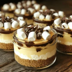 To make S’mores No Bake Cheesecake Jars, you need a few key ingredients. Each one adds a special touch to the dish. Here’s the complete list: - 8 oz cream cheese, softened - 1/2 cup powdered sugar - 1 teaspoon vanilla extract - 1 cup heavy whipping cream - 1 cup graham cracker crumbs - 1/2 cup mini marshmallows - 1/2 cup chocolate chips (milk or dark) - 1/4 cup melted butter - Additional mini marshmallows and chocolate shavings for topping Cream cheese gives the cheesecake its rich and creamy base. Powdered sugar sweetens it just right. Vanilla extract adds a warm flavor that ties it all together. Heavy whipping cream makes the filling light and fluffy. Graham cracker crumbs form the crunchy crust. They give a nice texture and flavor. Mini marshmallows and chocolate chips provide that classic s’mores taste. Melted butter helps hold the crust together. For toppings, add mini marshmallows and chocolate shavings. They make your jars look extra special. Each ingredient plays a role in creating a fun and tasty dessert. Enjoy gathering these items and let’s get started! First, grab a bowl. Add the graham cracker crumbs and melted butter. Mix them together well. You want a crumbly texture that sticks together. Now, take about 2 tablespoons of this mixture and press it into the bottom of each jar. This is your crust layer. In a separate mixing bowl, add the softened cream cheese and powdered sugar. Use an electric mixer to beat them until smooth. Next, pour in the vanilla extract and mix again. This adds a nice flavor to the filling. Now, take another bowl and pour in the heavy cream. Whip it until you see stiff peaks form. This means it should hold its shape. Gently fold the whipped cream into the cream cheese mixture. Be careful not to deflate the whipped cream. You want it light and fluffy. It's time to layer the jars. Spoon a layer of the cheesecake filling over the crust in each jar, filling them halfway. Then, sprinkle a layer of mini marshmallows and chocolate chips on top. This gives it that classic s'mores taste. Add another layer of cheesecake filling next. Finish with the remaining graham cracker crust on top. Cover the jars with lids or plastic wrap. Place them in the fridge for at least 2 hours. This helps the flavors mix and the cheesecake set properly. When ready to serve, you can toast the top layer of mini marshmallows. Use a kitchen torch for a nice char. If you don’t have that, just place the jars under a broiler for a few seconds. This gives a fun toasted effect. Top with chocolate shavings for a special touch. To get the best whipped cream, start with cold tools. Use a cold bowl and cold beaters. This helps the cream whip faster and better. Pour in the heavy cream and beat it on high speed. Look for stiff peaks. This takes about 3 to 5 minutes. Be careful not to over-whip it. Over-whipped cream can turn into butter. Gently fold the whipped cream into the cream cheese mix. This adds lightness without losing air. If you have leftover cheesecake jars, store them in the fridge. Use an airtight container or cover the jars with plastic wrap. They stay fresh for up to three days. If you want to keep them longer, you can freeze them. Just make sure to use freezer-safe jars. To thaw, place them in the fridge overnight. This keeps the texture smooth. For a great graham cracker crust, mix crumbs and melted butter well. You want it to feel like wet sand. If it's too dry, add a bit more butter. Press the mixture firmly into the bottom of each jar. This helps the crust hold together. Chill the crust for a few minutes before adding the cheesecake filling. This sets the crust and keeps it from crumbling. {{image_2}} You can make a chocolate hazelnut version by adding hazelnut spread. Just mix 1/4 cup of hazelnut spread into the cream cheese filling. This adds a rich, nutty flavor that pairs well with the chocolate and marshmallows. For a fall twist, use pumpkin puree and spices. Add 1/2 cup of pumpkin puree and 1 teaspoon of pumpkin pie spice to your cream cheese mixture. This gives the jars a warm, cozy flavor. You can also create a vegan version! Substitute cream cheese with vegan cream cheese. Use coconut cream instead of heavy cream. Replace the powdered sugar with powdered maple sugar if you like. This way, everyone can enjoy this tasty treat! You must store the S’mores No Bake Cheesecake Jars in the fridge. Cover each jar tightly. This keeps the flavors fresh and the texture smooth. You can use a lid or plastic wrap. Be sure to chill them for at least two hours before serving. Freezing these jars is a great option for later treats. To freeze, first, make sure the jars are sealed well. You can use plastic wrap or a tight lid. Freeze them for up to three months. When ready to eat, thaw them in the fridge overnight. These cheesecakes last for about five days in the fridge. After that, the texture may change. The flavors might not be as fresh. To enjoy them at their best, try to eat them within this time frame. If you freeze them, they can last longer and still taste great! Yes, you can swap cream cheese for mascarpone. Mascarpone adds a rich flavor. It creates a creamier texture. You can also try ricotta. Ricotta will give a lighter touch. Just make sure it is well-drained. To make this dessert gluten-free, use gluten-free graham crackers. Many brands offer gluten-free options. Just check the package for the label. You can also make your own crust with ground nuts. Almonds or pecans can work well. Yes, you can prep these jars a day ahead. Just store them in the fridge. This helps the flavors blend nicely. They will taste even better after chilling overnight. If you don’t have a kitchen torch, use your oven. Set the broiler to high. Place the jars on a baking sheet. Broil them for a few seconds. Keep an eye on them to avoid burning. You can top them with extra mini marshmallows and chocolate shavings. Try adding crushed graham crackers for crunch. Serve with fresh berries for a fruity twist. You can also drizzle chocolate sauce on top. These ideas will make your jars more fun and tasty! You’ve learned how to make delicious S'mores No Bake Cheesecake Jars. We covered the simple ingredients and step-by-step instructions for a tasty treat. I shared tips for perfect whipped cream and how to store leftovers. You also saw fun variations, like chocolate hazelnut and pumpkin spice. Remember, you can always prep these in advance for quick serving. Now, it’s your turn to enjoy this sweet dessert. Happy baking!