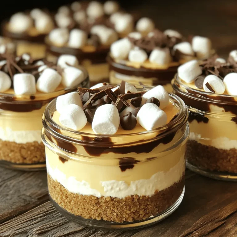 To make S’mores No Bake Cheesecake Jars, you need a few key ingredients. Each one adds a special touch to the dish. Here’s the complete list: - 8 oz cream cheese, softened - 1/2 cup powdered sugar - 1 teaspoon vanilla extract - 1 cup heavy whipping cream - 1 cup graham cracker crumbs - 1/2 cup mini marshmallows - 1/2 cup chocolate chips (milk or dark) - 1/4 cup melted butter - Additional mini marshmallows and chocolate shavings for topping Cream cheese gives the cheesecake its rich and creamy base. Powdered sugar sweetens it just right. Vanilla extract adds a warm flavor that ties it all together. Heavy whipping cream makes the filling light and fluffy. Graham cracker crumbs form the crunchy crust. They give a nice texture and flavor. Mini marshmallows and chocolate chips provide that classic s’mores taste. Melted butter helps hold the crust together. For toppings, add mini marshmallows and chocolate shavings. They make your jars look extra special. Each ingredient plays a role in creating a fun and tasty dessert. Enjoy gathering these items and let’s get started! First, grab a bowl. Add the graham cracker crumbs and melted butter. Mix them together well. You want a crumbly texture that sticks together. Now, take about 2 tablespoons of this mixture and press it into the bottom of each jar. This is your crust layer. In a separate mixing bowl, add the softened cream cheese and powdered sugar. Use an electric mixer to beat them until smooth. Next, pour in the vanilla extract and mix again. This adds a nice flavor to the filling. Now, take another bowl and pour in the heavy cream. Whip it until you see stiff peaks form. This means it should hold its shape. Gently fold the whipped cream into the cream cheese mixture. Be careful not to deflate the whipped cream. You want it light and fluffy. It's time to layer the jars. Spoon a layer of the cheesecake filling over the crust in each jar, filling them halfway. Then, sprinkle a layer of mini marshmallows and chocolate chips on top. This gives it that classic s'mores taste. Add another layer of cheesecake filling next. Finish with the remaining graham cracker crust on top. Cover the jars with lids or plastic wrap. Place them in the fridge for at least 2 hours. This helps the flavors mix and the cheesecake set properly. When ready to serve, you can toast the top layer of mini marshmallows. Use a kitchen torch for a nice char. If you don’t have that, just place the jars under a broiler for a few seconds. This gives a fun toasted effect. Top with chocolate shavings for a special touch. To get the best whipped cream, start with cold tools. Use a cold bowl and cold beaters. This helps the cream whip faster and better. Pour in the heavy cream and beat it on high speed. Look for stiff peaks. This takes about 3 to 5 minutes. Be careful not to over-whip it. Over-whipped cream can turn into butter. Gently fold the whipped cream into the cream cheese mix. This adds lightness without losing air. If you have leftover cheesecake jars, store them in the fridge. Use an airtight container or cover the jars with plastic wrap. They stay fresh for up to three days. If you want to keep them longer, you can freeze them. Just make sure to use freezer-safe jars. To thaw, place them in the fridge overnight. This keeps the texture smooth. For a great graham cracker crust, mix crumbs and melted butter well. You want it to feel like wet sand. If it's too dry, add a bit more butter. Press the mixture firmly into the bottom of each jar. This helps the crust hold together. Chill the crust for a few minutes before adding the cheesecake filling. This sets the crust and keeps it from crumbling. {{image_2}} You can make a chocolate hazelnut version by adding hazelnut spread. Just mix 1/4 cup of hazelnut spread into the cream cheese filling. This adds a rich, nutty flavor that pairs well with the chocolate and marshmallows. For a fall twist, use pumpkin puree and spices. Add 1/2 cup of pumpkin puree and 1 teaspoon of pumpkin pie spice to your cream cheese mixture. This gives the jars a warm, cozy flavor. You can also create a vegan version! Substitute cream cheese with vegan cream cheese. Use coconut cream instead of heavy cream. Replace the powdered sugar with powdered maple sugar if you like. This way, everyone can enjoy this tasty treat! You must store the S’mores No Bake Cheesecake Jars in the fridge. Cover each jar tightly. This keeps the flavors fresh and the texture smooth. You can use a lid or plastic wrap. Be sure to chill them for at least two hours before serving. Freezing these jars is a great option for later treats. To freeze, first, make sure the jars are sealed well. You can use plastic wrap or a tight lid. Freeze them for up to three months. When ready to eat, thaw them in the fridge overnight. These cheesecakes last for about five days in the fridge. After that, the texture may change. The flavors might not be as fresh. To enjoy them at their best, try to eat them within this time frame. If you freeze them, they can last longer and still taste great! Yes, you can swap cream cheese for mascarpone. Mascarpone adds a rich flavor. It creates a creamier texture. You can also try ricotta. Ricotta will give a lighter touch. Just make sure it is well-drained. To make this dessert gluten-free, use gluten-free graham crackers. Many brands offer gluten-free options. Just check the package for the label. You can also make your own crust with ground nuts. Almonds or pecans can work well. Yes, you can prep these jars a day ahead. Just store them in the fridge. This helps the flavors blend nicely. They will taste even better after chilling overnight. If you don’t have a kitchen torch, use your oven. Set the broiler to high. Place the jars on a baking sheet. Broil them for a few seconds. Keep an eye on them to avoid burning. You can top them with extra mini marshmallows and chocolate shavings. Try adding crushed graham crackers for crunch. Serve with fresh berries for a fruity twist. You can also drizzle chocolate sauce on top. These ideas will make your jars more fun and tasty! You’ve learned how to make delicious S'mores No Bake Cheesecake Jars. We covered the simple ingredients and step-by-step instructions for a tasty treat. I shared tips for perfect whipped cream and how to store leftovers. You also saw fun variations, like chocolate hazelnut and pumpkin spice. Remember, you can always prep these in advance for quick serving. Now, it’s your turn to enjoy this sweet dessert. Happy baking!