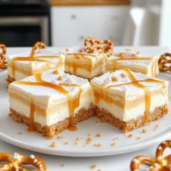 - 2 cups pretzel crumbs - 1/4 cup unsalted butter, melted - 1/2 cup granulated sugar - 16 oz cream cheese, softened - 1 cup powdered sugar - 1 teaspoon vanilla extract - 1 cup heavy whipping cream - 1 cup salted caramel sauce (store-bought or homemade) - Sea salt flakes, for garnish This recipe uses simple, tasty ingredients. The pretzel crumbs give a crunchy base. Melted butter adds richness and helps bind the crumbs. Granulated sugar sweetens the crust just right. For the filling, we need cream cheese, which makes it creamy and smooth. Powdered sugar adds sweetness without grittiness. Vanilla extract gives a warm flavor to the filling. Heavy whipping cream is key for that light, fluffy texture. The salted caramel sauce creates a sweet and salty balance. Finally, sea salt flakes are for garnish, adding a nice touch. These ingredients work together to make something special. You can enjoy these cheesecake bars as a treat anytime! First, mix the pretzel crumbs, melted butter, and granulated sugar in a bowl. Stir until everything combines and looks like wet sand. This mix will give your bars a nice crunch. Next, take a 9x9-inch square baking pan. Line it with parchment paper for easy removal later. Press the pretzel mix evenly into the bottom of the pan. Use the back of a measuring cup to pack it down tightly. This step is key for a sturdy crust. Chill the pan in the fridge while you work on the filling. In a large bowl, beat the softened cream cheese with an electric mixer. Mix until it turns smooth and creamy. This will be the base of your filling. Slowly add the powdered sugar and vanilla extract. Keep mixing until everything is fully combined. The filling should be sweet and rich. In another bowl, whip the heavy cream until stiff peaks form. This means the cream holds its shape. Fold the whipped cream into the cream cheese mix. Do this gently so you keep the fluffy texture. Now it’s time to layer! Take the chilled crust and spread half of the cream cheese filling over it. Then, drizzle half of the salted caramel sauce on top. This adds a sweet and salty touch. Next, pour the rest of the cream cheese filling over the first layer and spread it evenly. Drizzle the remaining caramel sauce on top. Use a knife to swirl the caramel into the filling. This creates a beautiful marbled effect. Finally, cover the pan with plastic wrap. Chill it in the fridge for at least four hours, or until it’s set. After chilling, your cheesecake bars will be ready to slice and enjoy! To get the best texture in your cheesecake bars, pay close attention to whipping cream. Use cold heavy cream for the best results. Beat it until stiff peaks form, but stop before it turns into butter. This step adds fluffiness to your filling. For cream cheese, make sure it is softened before you start mixing. If it is cold, it will clump up. Leave it out at room temperature for at least 30 minutes. You can also microwave it for about 10 seconds, but be careful not to melt it. Properly softened cream cheese helps create a smooth and creamy filling. When serving your cheesecake bars, use a nice platter. This makes them look even more appealing. Consider drizzling extra salted caramel sauce on the side. It adds a nice touch and gives guests a chance to add more sweetness. For garnish, add whole pretzels on top. They not only look great but also add a fun crunch. You can also sprinkle some sea salt flakes on top for an extra pop of flavor. One common mistake is overmixing the filling. Mixing too much can make the texture dense instead of light. Blend just until combined and no lumps remain. Another mistake is not chilling the cheesecake long enough. The bars need at least 4 hours to set properly. If you cut them too soon, they may fall apart. Trust the chilling time for perfect bars! {{image_2}} You can boost flavor in your cheesecake bars. Try using flavored extracts like almond or hazelnut. These small changes can add a fun twist. You can also layer in chocolate or peanut butter. This will give your dessert a rich taste. The choice is yours, and each flavor shines through. For those with dietary needs, ingredient swaps work well. Use gluten-free pretzels for a gluten-free version. This keeps the crunchy crust while making it safe for all. If you need a dairy-free option, choose dairy-free cream cheese. There are many brands available that taste great. These substitutions keep the essence of the bars intact. You can change your cheesecake bars with the seasons. In summer, add fresh berries like strawberries or blueberries. These fruits will brighten the flavors and colors. In fall, consider pumpkin or spice flavors for a cozy touch. You can also customize your bars for holidays. Use themed decorations like candy canes for Christmas or sprinkles for birthdays. These little details make each batch unique and festive. To keep your No-Bake Salted Caramel Pretzel Cheesecake Bars fresh, use an airtight container. Glass or plastic containers work well. If you stack the bars, place parchment paper between layers. This prevents sticking. These bars need refrigeration. Store them in the fridge for the best taste. You can freeze them too. Just wrap them tightly in plastic wrap and then foil. This keeps them fresh for longer. In the fridge, these bars will last about 5 days. If you freeze them, they can last for up to 3 months. Look for signs of spoilage. If the bars smell off or have a change in texture, it’s best to toss them. These bars are best served cold or at room temperature. Take them out of the fridge about 15 minutes before serving. This helps soften them slightly. If they feel a bit firm after storage, try letting them sit out longer. You can also drizzle extra caramel sauce on top to refresh their taste and texture. Enjoy every bite! Yes, you can make these bars a day or two in advance. This gives the flavors time to blend. Just store them in the fridge. Cover them tightly with plastic wrap to keep them fresh. To cut cheesecake bars, use a sharp knife. Dip the knife in hot water, then wipe it dry. Cut straight down and pull the knife back up. Repeat this for each cut. This method helps avoid messy edges. Yes, store-bought caramel sauce works great! It saves time and adds yummy flavor. Just choose a good quality sauce for the best taste. The cheesecake is set when it feels firm to the touch. It should not jiggle in the center. Chill it for at least four hours. For best results, leave it overnight in the fridge. This blog highlighted how to make No-Bake Salted Caramel Pretzel Cheesecake Bars from scratch. We covered essential ingredients, detailed steps, and helpful tips for the best results. Remember to watch for mixing times and chill your bars adequately. Feel free to get creative with flavors or toppings. Store them properly to keep their taste fresh. Enjoy making these delicious treats that everyone will love! You can feel proud sharing this dessert at any gathering.