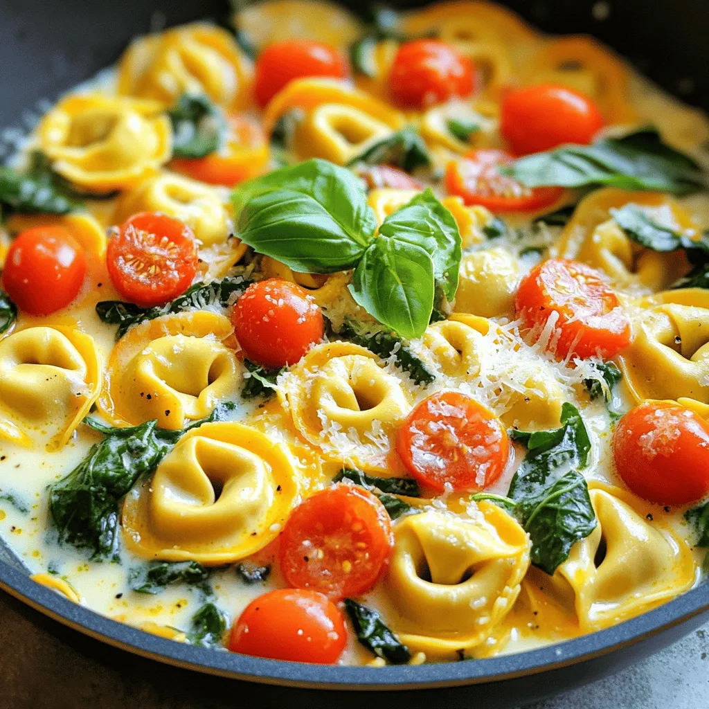 - 2 cups cheese tortellini (fresh or frozen) - 1 tablespoon olive oil - 3 cloves garlic, minced - 1 teaspoon dried Italian herbs (oregano, basil, thyme) - 1 cup cherry tomatoes, halved - 2 cups fresh spinach - 1 cup heavy cream - ½ cup grated Parmesan cheese - Salt and pepper to taste - Fresh basil leaves for garnish This dish shines with simple yet flavorful ingredients. Cheese tortellini serves as the heart of the meal. You can use fresh or frozen tortellini; both work well. The olive oil adds richness, while garlic brings a warm aroma to the dish. Dried Italian herbs give it that classic Tuscan taste. Cherry tomatoes add a sweet burst of flavor. Fresh spinach adds color and nutrients. Heavy cream creates a rich, creamy sauce. Finally, grated Parmesan cheese adds depth and umami. For seasoning, use salt and pepper to suit your taste. Fresh basil leaves will elevate your dish with a pop of color and fresh flavor. Together, these ingredients make a delightful and creamy Tuscan tortellini that is easy to prepare. 1. Heat 1 tablespoon of olive oil in a large skillet over medium heat. 2. Add 3 minced garlic cloves and sauté for 1-2 minutes. Don’t let it burn! 3. Stir in 1 teaspoon of dried Italian herbs and 1 cup of halved cherry tomatoes. Cook for about 3-4 minutes. The tomatoes should start to soften. 1. Add 2 cups of cheese tortellini and 2 cups of water to the skillet. 2. Bring the mixture to a gentle boil. Stir it often. 3. Cook the tortellini according to the package instructions. It usually takes 3-5 minutes for fresh and 7-10 minutes for frozen. 1. Once the tortellini is cooked, lower the heat. 2. Add 2 cups of fresh spinach and let it wilt for 1-2 minutes. 3. Pour in 1 cup of heavy cream and ½ cup of grated Parmesan cheese. Stir well. 4. Allow the sauce to simmer for 3-4 minutes. It should thicken slightly. 5. Season with salt and pepper to taste. 6. Before serving, garnish with fresh basil leaves. Enjoy! To thicken your sauce, try using more cheese. Adding extra Parmesan gives a nice creamy feel. You can also let the sauce simmer longer to reduce it. This makes it richer. Always taste your sauce! Adjust the salt and pepper to fit your liking. A pinch of red pepper flakes can add a fun kick too. For cooking tortellini, boiling in water is best. Keep the heat at medium-high. Fresh tortellini cooks fast, about 3-5 minutes. Frozen tortellini usually needs more time, around 7-10 minutes. Stir gently to prevent sticking. A common pitfall is overcooking. This can make tortellini mushy. So, check for doneness often! Want to mix it up? Add cooked chicken or shrimp for protein. For a veggie boost, toss in zucchini or bell peppers. Fresh herbs like parsley or dill can brighten the dish too. If you like bold flavors, try smoked paprika or lemon zest. These changes keep your meals exciting! {{image_2}} You can mix up this dish by adding meat. Chicken, shrimp, or sausage work great. - Chicken: Cut it into bite-sized pieces. Cook it first in the olive oil. - Shrimp: Add raw shrimp when you cook the tomatoes. They cook fast and add flavor. - Sausage: Use Italian sausage for more spice. Cook it before adding other ingredients. You can also change the veggies. Zucchini or bell peppers add nice colors and tastes. - Zucchini: Slice it thin and add it with the garlic. It cooks quickly. - Bell Peppers: Chop them up and sauté with the tomatoes. They add a sweet crunch. If you want vegetarian options, skip the meat. The dish tastes great without it. For gluten-free needs, use gluten-free tortellini. Many stores sell it now, so you can still enjoy this meal. Want some heat? Add red pepper flakes to the garlic. Start with just a pinch. You can always add more if you like it spicy. If you want a lighter dish, try cream alternatives. Use coconut milk or cashew cream instead of heavy cream. They give a different taste but still taste good. To keep your One-Pan Creamy Tuscan Tortellini fresh, store it in the fridge. Use an airtight container. This will help the dish stay tasty for up to three days. If you want to save it for later, freezing is a great option. Place the tortellini in a freezer-safe container. You can freeze it for up to three months. Just remember to let it cool before freezing to keep the texture. When it’s time to eat your leftovers, you want to reheat it just right. The best method is to use the stove. Simply add a splash of water or cream to the pan. Heat it on low, stirring gently until warm. This helps keep the cream sauce smooth. If you want to add fresh ingredients, like spinach or cherry tomatoes, do this at the end. This way, they stay bright and fresh. Enjoy your delicious meal again! Can I use frozen tortellini? Yes, you can use frozen tortellini. Just add it straight to the skillet. Cook it for about 7-10 minutes, stirring often, until it is tender. Frozen tortellini saves time and works perfectly in this dish. How long does it take to cook tortellini? Cooking time varies by type. Fresh tortellini takes about 3-5 minutes. Frozen tortellini needs around 7-10 minutes. Always check the package for specific times. What can I use instead of heavy cream? You can use half-and-half or whole milk for a lighter option. For a dairy-free choice, try coconut cream or cashew cream. These options give a creamy texture without using heavy cream. Are there alternatives to Parmesan cheese? Yes! You can use Pecorino Romano for a sharper taste. Nutritional yeast is a great vegan option. It adds a cheesy flavor without dairy. What to serve with creamy Tuscan tortellini? This dish pairs well with a fresh salad. A simple green salad with vinaigrette works great. Garlic bread is another tasty option to soak up the creamy sauce. Best side dishes to complement the meal Roasted vegetables, like zucchini or bell peppers, add color and flavor. Steamed asparagus or broccoli also make excellent sides. They add nutrition and balance to the creamy dish. This blog post covered how to make creamy Tuscan tortellini. We talked about the main and additional ingredients, plus seasonings to enhance flavor. You learned the step-by-step cooking process and useful tips for perfecting your sauce. I also shared variations to suit various diets and preferences, and how to store leftovers. Remember, cooking is about creativity. Feel free to adjust flavors and ingredients to make it your own. Enjoy making this dish and share it with others!