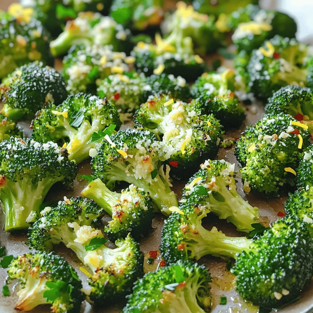 - Broccoli florets - Olive oil - Minced garlic The stars of this dish are the broccoli florets, olive oil, and minced garlic. Broccoli brings a crisp bite, while olive oil adds richness. Garlic gives a strong, tasty punch. Together, they create a simple mix that shines. - Lemon zest and juice - Red pepper flakes - Salt and pepper To boost flavor, we use lemon zest and juice. They add a bright, fresh taste. Red pepper flakes bring heat, making each bite exciting. Salt and pepper round out the flavor, enhancing the dish without overpowering it. - Grated Parmesan cheese - Fresh parsley For extra flavor, sprinkle grated Parmesan cheese on top. It melts slightly, adding a salty creaminess. Fresh parsley offers color and a fresh taste. These toppings make the dish look pretty and taste even better. First, preheat your oven to 425°F (220°C). This high heat will help the broccoli get crispy. While the oven warms up, take your large head of broccoli and cut it into small florets. Make sure the pieces are about the same size for even cooking. In a large mixing bowl, combine the broccoli florets with 3 tablespoons of olive oil. Next, add 4 cloves of minced garlic, the zest and juice of 1 large lemon, and 1 teaspoon of red pepper flakes. Sprinkle in salt and pepper to taste. Toss everything well to coat the broccoli evenly. This step is key for flavor! Spread the broccoli mixture in a single layer on a baking sheet. Make sure not to crowd the florets. Roast in the oven for 20-25 minutes. Toss the broccoli halfway through to ensure even cooking. You want it to be tender with crispy edges. To make sure your broccoli cooks evenly, cut the florets into similar sizes. This helps them roast at the same rate. When you mix the broccoli with oil and seasonings, coat each piece well. This ensures they get nice and crispy. To avoid sogginess, do not overcrowd the baking sheet. Spread the florets in a single layer. If they touch too much, steam builds up. Steam makes them soft instead of crispy. Toss the broccoli halfway through cooking. This allows all sides to brown nicely. Lemon garlic roasted broccoli pairs well with grilled chicken or fish. It also goes great with rice or quinoa. You can serve it as a side dish for any meal. For a beautiful presentation, arrange the broccoli on a large platter. Sprinkle fresh parsley on top. A few lemon wedges on the side add color and a fresh touch. To boost the lemon flavor, add more zest or juice. You can also try using lemon-infused olive oil for a stronger taste. For a stronger garlic punch, add more minced garlic. If you like spice, increase the red pepper flakes. You can also add a dash of hot sauce for extra heat. Just taste as you go to find your perfect balance. {{image_2}} You can get creative with lemon garlic roasted broccoli. Incorporating other vegetables adds flavor and color. Try adding bell peppers, carrots, or zucchini. These veggies roast well and pair nicely with broccoli. Adding proteins for a complete meal makes this dish heartier. You can mix in cooked chicken, shrimp, or chickpeas. This helps you turn the side dish into a main course. Just toss the proteins with the broccoli before roasting. If you prefer other methods, you can use an air fryer. Air fryer instructions are simple. Set the air fryer to 400°F (200°C). Toss the broccoli mix in the basket and cook for 12-15 minutes. Shake the basket halfway to ensure even cooking. You can also try stovetop options. Heat a large skillet over medium heat. Add olive oil and the broccoli mix. Sauté for about 10-12 minutes, stirring often. This method gives you a nice char and keeps the broccoli crisp. You can easily adjust this recipe for different diets. For vegan or dairy-free adaptations, skip the Parmesan cheese. You can use nutritional yeast for a cheesy flavor without dairy. For those needing gluten-free options, this recipe is already safe. All ingredients are gluten-free as long as you check your seasonings. Enjoy your lemon garlic roasted broccoli worry-free! To keep your lemon garlic roasted broccoli fresh, store it in an airtight container. This will prevent moisture and keep it from getting soggy. Place the container in the fridge. The broccoli tastes best if eaten within 3 to 5 days. After that, it may lose its crunch and flavor. When reheating, aim to keep the broccoli crispy. I suggest using an oven or an air fryer for best results. Preheat your oven to 350°F (175°C). Spread the broccoli on a baking sheet and heat for about 10 minutes. If using an air fryer, set it at 350°F (175°C) for around 5 minutes. Avoid using a microwave as it can make the broccoli mushy. To freeze your roasted broccoli, let it cool completely first. Then, place it in a freezer-safe bag. Make sure to remove as much air as possible. This helps prevent freezer burn. It can last up to 3 months in the freezer. To serve, take it out and thaw in the fridge overnight before reheating. This keeps the texture nice and firm. Roasted broccoli lasts about 3 to 5 days in the fridge. Store it in an airtight container. This keeps it fresh and tasty for your next meal. Yes, you can use frozen broccoli. However, frozen broccoli may release extra water. To avoid sogginess, thaw it first and pat it dry with a towel. Lemon garlic roasted broccoli pairs well with many dishes. Try serving it with grilled chicken or fish. It also goes great with rice or quinoa for a healthy meal. Yes, lemon garlic roasted broccoli is very healthy. Broccoli is full of vitamins and minerals. The olive oil adds healthy fats, and garlic has many health benefits too. To make this recipe spicy, add more red pepper flakes. You can also include a dash of hot sauce before roasting. This will give your broccoli a nice kick! Roasting broccoli is simple and rewarding. We covered key ingredients, steps, and tips to achieve tasty, crispy results. Experiment with variations like other veggies, proteins, and cooking methods. Don’t forget about storage; keeping leftovers fresh matters. Add your favorite spices or adjust flavors to fit your taste. With practice, you’ll master this dish in no time. Enjoy your deliciously roasted broccoli!