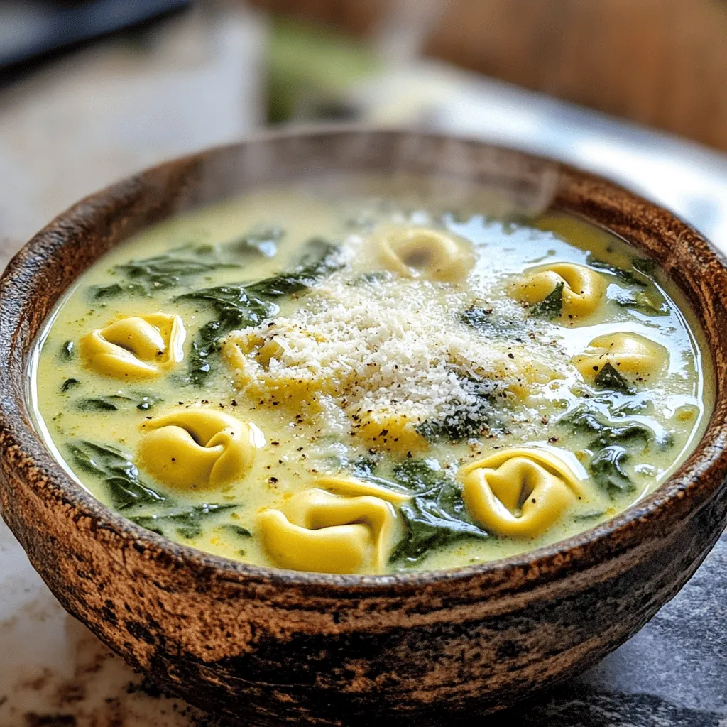To make Slow Cooker Creamy Tortellini Spinach Soup, gather these key items: - 1 tablespoon olive oil - 1 medium onion, diced - 3 cloves garlic, minced - 4 cups vegetable broth - 2 cups chopped fresh spinach - 1 package (9 oz) refrigerated cheese tortellini - 1 cup heavy cream - 1 teaspoon dried Italian seasoning - Salt and pepper to taste - Grated Parmesan cheese for serving These ingredients form the base of your soup. The tortellini gives it a nice bite, while the spinach adds color and nutrients. You can boost the taste of your soup by adding: - A pinch of red pepper flakes for heat - Fresh herbs like basil or parsley for freshness - A squeeze of lemon juice for brightness These extras can help you create a unique flavor profile that suits your taste buds. If you need to swap out ingredients, here are some ideas: - Use chicken broth instead of vegetable broth for a richer flavor. - Substitute half-and-half for heavy cream to cut calories. - Try frozen spinach instead of fresh if it's what you have on hand. These substitutions can help make the recipe work with what you have. Don't hesitate to get creative! Start by heating olive oil in a skillet over medium heat. Add the diced onion and cook it until it softens, which takes about 5 minutes. Then, add minced garlic and sauté for about 1 minute until you smell its great aroma. This step builds a strong flavor base for the soup. Transfer the onion and garlic mix to your slow cooker. Pour in 4 cups of vegetable broth, then add 1 teaspoon of dried Italian seasoning. Don’t forget to season it with salt and pepper to your liking. Cover the slow cooker and set it to cook. Choose low heat for about 4 hours or high heat for 2 hours. This slow cooking allows the broth and seasonings to blend well. After the cooking time, add 2 cups of chopped fresh spinach and 9 ounces of cheese tortellini. Stir gently to combine everything. Cover it again and cook on low for another 30 minutes. This helps the tortellini become tender. When the tortellini is soft, stir in 1 cup of heavy cream. Mix it until everything is well blended. Taste your soup and adjust the seasoning if needed. Serve the soup hot and sprinkle grated Parmesan cheese on top for added flavor. Enjoy your hearty bowl of creamy tortellini spinach soup! To make your soup shine, use fresh ingredients. Fresh spinach adds a bright taste. For a creamy texture, add the heavy cream just before serving. This keeps it thick and smooth. Taste your soup before serving. Adjust the salt and pepper to suit your taste. If you want more flavor, add crushed red pepper for heat. If your soup is too thick, add more vegetable broth. Mix it in slowly until you like the consistency. If it’s too thin, let it cook longer with the lid off. This helps some liquid evaporate. If the tortellini is tough, they may need more time. Cook them until they are tender and soft. Serve this soup hot. Top each bowl with grated Parmesan cheese. This adds a nice salty touch. Pair it with crusty bread for a complete meal. A simple side salad can balance the richness. Enjoy this comforting soup with friends or family for a warm gathering. {{image_2}} You can make this soup vegetarian by using vegetable broth. The cheese tortellini already adds great flavor. You can also add more veggies. Consider carrots, bell peppers, or mushrooms. These will add texture and taste. Fresh herbs like basil or parsley can also brighten up the soup. To make this recipe gluten-free, choose gluten-free tortellini. Many brands offer tasty options. Check the label to ensure they match your needs. You can also use quinoa or rice instead of tortellini. This will give you a hearty meal without the gluten. If you want more protein, try adding cooked chicken or turkey. Shredded rotisserie chicken works great. You can also add cooked sausage for a heartier soup. For a vegetarian option, add beans like cannellini or chickpeas. They will boost the protein while keeping it filling. To store your delicious soup, let it cool first. Pour it into an airtight container. Make sure to seal it well. You can keep it in the fridge for up to 3 days. If you want to save it longer, consider freezing it. For freezing, use a freezer-safe container. Leave some space at the top for expansion. The soup can stay frozen for up to 3 months. When you are ready to eat, thaw it in the fridge overnight. Reheat it on the stove over low heat. Stir often until it is warm. You can also use a microwave. Heat it in short bursts, stirring in between. The soup is safe to eat for 3 days in the fridge. If you freeze it, it lasts much longer. But always check for strange smells or colors before eating. If you see anything odd, throw it out. Safety first! This soup takes about 5 hours to prepare in a slow cooker. If you cook on low, it takes 4 hours. On high, it cooks in just 2 hours. After that, you'll need an extra 30 minutes to add the tortellini and spinach. This gives them time to cook and blend with the flavors. Yes, you can use frozen tortellini. Just add them at the same time as fresh ones. They may need a few more minutes to cook. Keep an eye on them to ensure they are tender. Frozen tortellini work great and save you time on prep. Absolutely! You can prepare the soup a day in advance. Just store it in the fridge after cooking. When you are ready to eat, reheat it on the stove. Add the cream right before serving to keep it fresh and creamy. This makes it easy for busy days. This blog post covers all you need for a tasty slow cooker soup. You learned about essential and optional ingredients, plus substitutions for your needs. We detailed how to prepare the soup and talked about tips, variations, and storage info. In the end, this soup is simple and fun to make. Enjoy experimenting and sharing it with others. Your slow cooker can create warm meals with ease. Now get cooking and delight in every bowl!