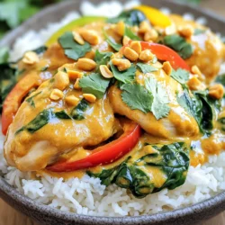 - 1.5 lbs boneless, skinless chicken thighs, cut into bite-sized pieces - 1 can (14 oz) coconut milk - 1/2 cup natural peanut butter - 3 tablespoons red curry paste These main ingredients create a rich and creamy base for our curry. Chicken thighs add flavor and tenderness. Coconut milk brings creaminess and a hint of sweetness. Peanut butter enriches the sauce with nutty goodness, while red curry paste adds a bold kick. - 1/4 cup soy sauce or tamari (for gluten-free) - 1 tablespoon brown sugar - 1 tablespoon fresh ginger, grated - 4 cloves garlic, minced - 1 bell pepper, sliced (any color) - 1 cup baby spinach The additional ingredients balance the flavors. Soy sauce or tamari enhances the umami taste. Brown sugar rounds out the dish with sweetness. Fresh ginger and garlic add depth, while bell pepper and spinach offer texture and nutrition. - Fresh cilantro, chopped - Chopped peanuts - Juice of 1 lime Garnishes elevate our dish. Fresh cilantro adds brightness and a fresh taste. Chopped peanuts bring crunch and nuttiness. A squeeze of lime juice adds acidity, balancing the richness of the curry. To start, gather your sauce ingredients. You need coconut milk, peanut butter, soy sauce, red curry paste, brown sugar, grated ginger, and minced garlic. In a slow cooker, combine these ingredients. Whisk them together until the mix is smooth and creamy. Next, add the chicken thighs. Make sure to cut them into bite-sized pieces first. Stir the chicken into the sauce, ensuring all pieces get coated well. This step is key for flavor. Now, slice your bell pepper and place it on top of the chicken. Cover your slow cooker and set it to cook. You can choose low for 6 to 7 hours. If you're short on time, the high setting works too, cooking it in 3 to 4 hours. The chicken should be tender and fully cooked when done. About 10 minutes before serving, stir in the baby spinach. This will give your dish a nice pop of color and nutrients. Let the spinach wilt slightly. Before you serve, taste the dish. Adjust the seasoning with salt, pepper, and a squeeze of lime juice to brighten the flavors. To serve, spoon the curry over steamed rice or quinoa. Both options soak up the sauce well. For garnishing, sprinkle fresh cilantro and chopped peanuts on top. This adds texture and flavor to the dish. Enjoy your meal! Using a slow cooker is simple and fun. Here are some best practices to follow: - Choose the right size: Pick a slow cooker that fits your meal size. A 6-quart pot is great for this recipe. - Layer wisely: Place denser items, like chicken, at the bottom. This helps them cook evenly. - Don't lift the lid: Every time you check, heat escapes. Keep the lid on for better results. To ensure flavor absorption, mix sauces well. Whisk the coconut milk and peanut butter before adding chicken. This helps the chicken soak up those yummy flavors. Adjusting spice levels is easy. If you like it hot, add more red curry paste or a dash of chili flakes. For milder tastes, reduce the paste or remove it entirely. Substituting ingredients is simple, too. If you need a gluten-free option, use tamari instead of soy sauce. You can also swap chicken for tofu or chickpeas for a plant-based dish. Maintaining the right sauce thickness is key. If it’s too thin, remove the lid for the last hour of cooking. This helps steam escape and thickens the sauce. If you find your dish overcooked, add a splash of coconut milk to soften the chicken. For undercooking, simply give it more time in the slow cooker. Check every 30 minutes until it's perfect. {{image_2}} You can change the protein in this dish. If you want a vegetarian option, try tofu. Firm tofu works best. You can also use vegetables like chickpeas or mushrooms. They soak up the sauce well and taste great. For nut butter, you can swap peanut butter for almond or cashew butter. Each nut butter gives a unique flavor. Just remember to adjust the salt, as some nut butters are saltier than others. Different regions in Thailand have unique flavors. You can tweak the spice level by using more or less red curry paste. For a milder dish, try adding coconut sugar instead of brown sugar. You can also add more veggies. Consider carrots, snap peas, or broccoli. These not only add color but also nutrition. Toss in legumes like lentils for extra protein and fiber. You can serve this dish as a soup or a thicker curry. If you want a soup, add more coconut milk and broth. This makes it lighter and perfect for dipping bread. To make a one-pot meal, serve it over rice or quinoa right in the bowl. This way, you combine all flavors in each bite. Enjoy garnishing with cilantro and chopped peanuts for extra crunch. To keep your Slow Cooker Thai Peanut Chicken Curry fresh, store leftovers in an airtight container. Place the curry in the fridge within two hours of cooking. It is best to eat it within three to four days. If you want to save it longer, you can freeze it. Use freezer-safe bags or containers for freezing. Make sure to label and date your containers. When you are ready to eat the leftovers, reheat them safely. The best methods are using the stove or microwave. If using the stove, heat over low to medium heat. Stir often to keep it from burning. For the microwave, use a microwave-safe bowl. Heat in short bursts, stirring in between. This will help keep the flavor and texture. You may want to add a splash of water or coconut milk to keep it creamy. In the fridge, your curry will last about three to four days. In the freezer, it can last up to three months. Freezing helps preserve the flavors well, but be sure to cool it first before freezing. When you are ready to eat, thaw it in the fridge overnight. Always check for any signs of spoilage before eating. This way, you can enjoy your delicious curry safely! Can I use chicken breast instead of thighs? Yes, you can use chicken breast. Chicken thighs have more fat, which adds flavor. If you choose breast, the dish may be less rich. Cook it until it reaches a safe temperature of 165°F. What if I don't have coconut milk? If you lack coconut milk, you can use almond milk or regular milk. The flavor will change, but the dish will still be tasty. You could also blend milk with some peanut butter for a creamier texture. How long can I store leftovers? You can store leftovers in the fridge for three to four days. Make sure to keep it in an airtight container. If you want to keep it longer, freeze it for up to three months. Can I make this dish ahead of time? Yes! You can prepare this dish a day ahead. Just cook it, let it cool, and store it in the fridge. Heat it up when you're ready to serve, and it will taste fresh. Is this recipe gluten-free? Yes, this recipe is gluten-free if you use tamari instead of soy sauce. Always check labels to ensure all ingredients are gluten-free. Vegetarian or vegan options for the recipe? To make it vegetarian or vegan, swap chicken for tofu or chickpeas. You can also use vegetable broth instead of chicken. The flavors will still shine through, making a delicious dish. This blog post shared a tasty slow cooker recipe featuring chicken thighs and a rich curry sauce. I also covered tips for enhancing flavors and variations to fit your needs. You learned how to store leftovers and reheat them safely. I hope you feel inspired to cook this dish. With simple steps and adjustments, you can make it your own. Enjoy the process and the delicious meal!