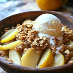 - Pears: For this crisp, I love using ripe Bartlett or Bosc pears. They are sweet and juicy, making them perfect for baking. Choose pears that yield slightly when pressed. This shows they are ripe and ready. - Spices: Cinnamon and nutmeg are my go-to spices for flavor. They bring warmth and depth to the dish. You can also add a pinch of ground ginger for extra zest if you like. - Sweeteners: Brown sugar adds a nice caramel flavor. If you prefer, try maple syrup or coconut sugar. These alternatives can give a unique taste while still sweetening the dish. - Rolled oats: I recommend using large rolled oats for the best texture. Brands like Quaker or Bob's Red Mill work well. If you need a substitute, try quick oats, but the texture will be softer. - Nuts: Walnuts and pecans are excellent choices for the topping. They add crunch and richness. You can also use almonds or hazelnuts if you prefer a different flavor. - Butter: Use unsalted butter for a cleaner taste. It allows you to control the saltiness in the dish. If you want a dairy-free option, coconut oil is a great alternative. To start, I peel the pears using a sharp knife. Hold the pear steady and carefully peel from top to bottom. Next, I cut the pear in half to remove the core. I use a small spoon to scoop out the seeds. For even slices, I cut each half into thin wedges. This helps them cook evenly and stay tender. In a large bowl, I mix the sliced pears with ground cinnamon, ground nutmeg, and brown sugar. I add a bit of lemon juice to brighten the flavors. I stir gently, making sure every pear slice gets coated. This ensures the spices blend in well with the pears. I preheat my oven to 350°F (175°C). I pour the pear mixture into a greased baking dish, spreading it out evenly. Then, I prepare the oat topping. I combine rolled oats, flour, chopped nuts, melted butter, and salt. I mix until it looks crumbly. I sprinkle this topping over the pears. I bake it for 30 to 35 minutes. The topping should turn a golden brown and the pears should bubble. I check for doneness by looking for this golden color and bubbling juices. A Warm Spiced Pear Crisp tastes amazing on its own, but you can make it even better. Here are some great ideas: - Ice Cream: A scoop of vanilla ice cream adds creaminess and balances the warm spice. - Whipped Cream: A dollop of whipped cream gives a light and fluffy touch. - Presentation: Serve in individual bowls for a fun twist. You can drizzle caramel sauce on top for added flavor. To make your Warm Spiced Pear Crisp just right, consider these tips: - Adjust Sweetness: If you prefer less sweetness, cut back on brown sugar. You can also try honey or maple syrup. - Spice Levels: Add more cinnamon or nutmeg if you love bold flavors. Start with a little, then taste and adjust. - Oat Topping Texture: For a crunchy topping, mix oats with nuts and butter until crumbly. Use cold butter to help keep it crispy. {{image_2}} You can switch pears for other fruits. Apples work great in this crisp. They add a nice crunch and sweetness. I also love using peaches for a juicy twist. Their flavor complements the spices well. Berries are another fun option. Try mixing in blueberries or raspberries. They add a pop of color and tang. The juicy berries will burst in your mouth. It’s a delightful surprise in every bite. If you need gluten-free options, you can use gluten-free oats. Make sure to check the label. You can also swap all-purpose flour for almond flour. This keeps the crisp tasty while meeting dietary needs. For vegan versions, use coconut oil instead of butter. It will give you that rich flavor without dairy. You can also try applesauce as a butter substitute. It adds moisture and sweetness to the topping. To keep leftovers fresh, store your Warm Spiced Pear Crisp in an airtight container. This helps maintain moisture and flavor. Place it in the fridge if you plan to eat it in a few days. For best results, try to finish it within three days. When you reheat, use your oven for optimal texture. Set the oven to 350°F (175°C) and warm it for about 10-15 minutes. This helps restore the crisp topping's crunch. You can also microwave it for a quick option, but be careful; microwaving can make the topping soft. If you want to store your crisp for longer, freezing is a great option. First, let it cool completely. Then, wrap it tightly in plastic wrap or foil. This step prevents freezer burn. Place the wrapped crisp in a freezer-safe bag for extra protection. You can freeze it for up to three months. When you’re ready to enjoy it, thaw it in the fridge overnight. After thawing, reheat it in the oven as mentioned above for the best taste and texture. Yes, you can use canned or frozen pears. Using these options is quick and easy. However, there are pros and cons. Pros: - Canned pears are already soft, so they save time. - Frozen pears are often picked at peak ripeness, so they taste good. Cons: - Canned pears might be too sweet. Rinse them to reduce sugar. - Frozen pears can release extra water. This may make your crisp soggy. You should bake the crisp for 30 to 35 minutes at 350°F (175°C). This time works well for most ovens. If you have a convection oven, it may cook faster. Tips: - Place the dish in the center of the oven for even heat. - Watch for a golden topping and bubbling pears. This means it's done. The best way to serve this crisp is warm. You can put it in individual bowls. Recommendations: - Top with vanilla ice cream for a sweet contrast. - Add whipped cream for a light touch. - Serve at gatherings or cozy nights in. It’s a great treat for any occasion! This blog post covered how to make a delicious warm spiced pear crisp. We explored the best ingredients, like pears and spices, along with topping options like oats and nuts. I shared step-by-step instructions for preparing and baking. You learned tips for serving and storage, plus variations for different tastes. Enjoying your warm spiced pear crisp will be a delightful experience. Experimenting with ingredients lets you create your own perfect dessert. Now, get cooking and savor every bite!