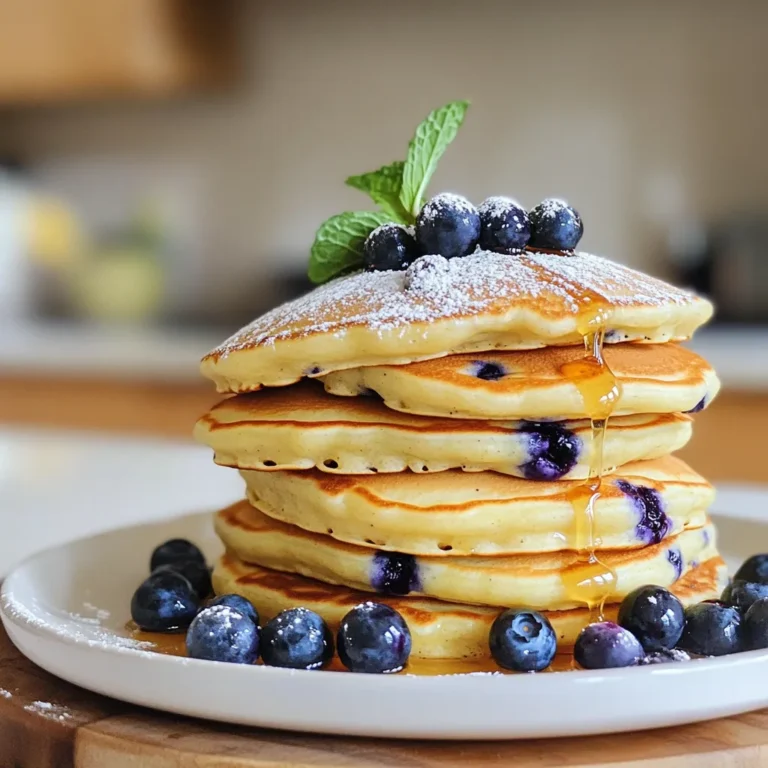 - 1 cup all-purpose flour - 1 tablespoon sugar - 1 teaspoon baking powder - 1/2 teaspoon baking soda - 1/4 teaspoon salt - 1 cup ricotta cheese - 2 large eggs - 1/4 cup milk - 2 tablespoons lemon juice - Zest of 1 lemon - 1 cup fresh blueberries (plus extra for garnish) - Butter or oil for cooking Choosing fresh ingredients makes a big difference in flavor. Use ripe blueberries for sweetness. Look for ricotta that feels creamy and smooth. Fresh lemons should feel heavy for their size. They will give you the best juice and zest. For flour, go for a brand you trust. Always check the expiration date. If you need a gluten-free option, try almond flour or oat flour. For dairy-free pancakes, use silken tofu instead of ricotta. You can substitute almond milk or oat milk for regular milk. If you prefer less sugar, use a sugar substitute like honey or maple syrup. For a different flavor, try using orange juice and zest instead of lemon. To make the batter, start by mixing the dry ingredients. In a medium bowl, whisk together: - 1 cup all-purpose flour - 1 tablespoon sugar - 1 teaspoon baking powder - 1/2 teaspoon baking soda - 1/4 teaspoon salt Mix these until they blend well. In a large bowl, combine the wet ingredients. Stir together: - 1 cup ricotta cheese - 2 large eggs - 1/4 cup milk - 2 tablespoons lemon juice - Zest of 1 lemon Mix until smooth. Now, combine both mixtures. Gradually add the dry mix to the wet mix. Stir gently until just combined. It’s okay if the batter is a bit lumpy. Finally, fold in: - 1 cup fresh blueberries Be gentle when folding to keep the blueberries whole. Heat your non-stick skillet or griddle over medium heat. Add a small amount of butter or oil to coat the surface. Pour 1/4 cup of batter for each pancake onto the skillet. Cook for about 3-4 minutes. You will see bubbles form on the surface, and the edges will look set. This shows they are ready to flip. Carefully flip the pancakes using a spatula. Cook for another 2-3 minutes until they turn golden brown. If you need more butter or oil, add it before the next batch. Repeat this until you finish the batter. Flipping pancakes can be tricky. Here are some tips: Wait for bubbles and set edges before flipping. This helps keep the pancake whole. Use a thin spatula to gently lift the edge before flipping. For serving, stack two or three pancakes on a plate. Add extra blueberries on top for a pop of color. A dusting of powdered sugar makes it look fancy. Drizzle some maple syrup or honey for added sweetness. A sprig of mint gives a fresh touch. Enjoy your delicious lemon blueberry ricotta pancakes! To make your pancakes fluffy, focus on a few key steps. First, use fresh baking powder and baking soda. These ingredients help the pancakes rise well. Also, don’t overmix the batter. A few lumps are okay. Overmixing can make the pancakes tough. Add the ricotta cheese gently. It adds moisture and richness. When you fold in the blueberries, do it lightly. This keeps the berries whole and the batter airy. Lastly, let the batter rest for a few minutes. This helps the pancakes puff up even more. If you have leftover pancakes, store them properly. Place them in an airtight container. You can keep them in the fridge for up to three days. To reheat, pop them in the toaster or microwave for a quick warm-up. For longer storage, freeze them. Place parchment paper between each pancake. This prevents them from sticking together. They can last up to two months in the freezer. When ready to eat, just reheat them in the toaster or oven. These pancakes shine with fresh toppings. I love to serve them with extra blueberries on top. A dusting of powdered sugar adds a sweet touch. For a burst of flavor, drizzle pure maple syrup or honey. You can add a dollop of whipped cream for creaminess. A sprig of mint makes the plate look fancy. Try serving with a side of crispy bacon or sausage for a savory balance. Enjoying these pancakes with a cup of coffee or tea makes the meal even better. {{image_2}} You can make these pancakes gluten-free. Use a 1:1 gluten-free flour blend. This blend works as a great substitute. Be sure to check that your baking powder is also gluten-free. The pancakes will still be light and fluffy. You can change the fruit in these pancakes. Try diced strawberries, raspberries, or even peaches. Each fruit adds a unique taste. Just make sure the fruit is fresh. You can mix and match for fun flavors. Adding a mix of fruits can also surprise your taste buds. You can spice up the flavor in many ways. Adding cinnamon or nutmeg gives warmth. A splash of vanilla extract can add sweetness. You can also try lemon extract for a stronger lemon taste. These small changes can make your pancakes really special. Experimenting with flavors can lead to new favorites. You can keep leftover pancakes in the fridge. Place them in an airtight container. They stay fresh for up to three days. Make sure they cool down before storing. This prevents sogginess. If you want to save pancakes for later, freezing is a great option. Let the pancakes cool completely. Then, stack them with parchment paper between each one. Place the stack in a freezer bag. It can last up to two months in the freezer. To enjoy your pancakes again, you can reheat them easily. For the microwave, place one pancake on a plate. Heat for 20-30 seconds. If you use the oven, set it to 350°F. Place pancakes on a baking sheet for about 10 minutes. They will taste fresh and fluffy! Yes, you can use frozen blueberries in this recipe. The pancakes will still taste great. However, frozen blueberries may bleed into the batter and change the color. To prevent this, toss the frozen blueberries in a bit of flour before adding them to the batter. This will help keep them from breaking apart too much. You can tell pancakes are done when bubbles form on the top. The edges will also start to look set. When you flip them, the bottom should be golden brown. Cook for about 2-3 more minutes after flipping. Keep an eye on them; you want them fluffy and not overcooked. These pancakes are wonderful on their own, but you can add a few toppings. Try maple syrup for sweetness. A dusting of powdered sugar gives a nice touch. Fresh blueberries on top add color and flavor. You can also serve them with yogurt or whipped cream for extra creaminess. This blog post covered everything you need for great pancakes. We discussed the key ingredients and their quality tips. I shared steps for making the batter, cooking, and serving. You learned ways to perfect fluffiness and store leftovers. We explored fun variations, like gluten-free options and added fruits. Lastly, I answered common questions about pancakes. Remember, making great pancakes is all about using good ingredients and following steps. Enjoy every bite!