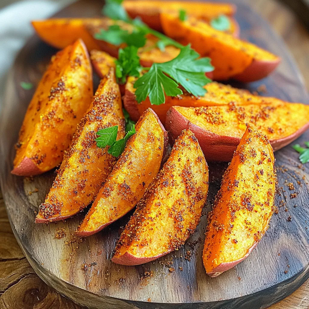 To make Air Fryer Cajun Sweet Potato Wedges, you need a few simple items. - 2 large sweet potatoes - 3 tablespoons olive oil - 1 tablespoon Cajun seasoning - 1 teaspoon garlic powder - 1/2 teaspoon smoked paprika - 1/2 teaspoon salt - 1/4 teaspoon black pepper - Fresh parsley (for garnish) These ingredients work together to create a tasty dish. Sweet potatoes give a natural sweetness. Cajun seasoning adds a spicy kick. Olive oil helps the wedges crisp up nicely. When choosing sweet potatoes, look for ones that are firm and smooth. Avoid any that have soft spots or blemishes. Fresh parsley not only adds color but a fresh taste, too. This mix of flavors makes the wedges a great side dish. You can serve them with burgers, fried chicken, or even on their own as a snack. Each bite offers a crunchy outside and a soft inside. Using these ingredients will ensure your wedges turn out perfect. Enjoy the process of making them! First, wash and scrub the sweet potatoes well. This step removes dirt and ensures a clean bite. Next, cut the sweet potatoes into wedges. Aim for uniform sizes. This helps them cook evenly. Now, grab a large mixing bowl. Combine the olive oil, Cajun seasoning, garlic powder, smoked paprika, salt, and black pepper. Stir well to mix the spices. Add the sweet potato wedges to this bowl. Toss them thoroughly in the seasoning mixture. You want every wedge coated well for maximum flavor. Preheat your air fryer to 400°F (200°C) for about 5 minutes. This step ensures the wedges cook evenly. Place the seasoned sweet potato wedges in the air fryer basket. Keep them in a single layer. Avoid overcrowding, as this affects crispiness. Cook for 15 to 20 minutes. Shake the basket halfway through cooking. This helps the wedges brown evenly. Once they are golden brown and crispy, remove them from the air fryer. Let them cool for a minute. Before serving, garnish with freshly chopped parsley for a pop of color. To get the best crispiness, cut your sweet potatoes into uniform wedges. This size helps them cook evenly. Make sure not to overcrowd the air fryer. If you add too many wedges at once, they will steam instead of fry. Fry them in batches if needed. This way, they will turn out crispy and golden. Feel free to change the spice levels to match your taste. If you want less heat, use less Cajun seasoning. For more flavor, add extra garlic powder or smoked paprika. You can also try other spices like chili powder or cumin. This lets you customize the taste just how you like it. Cajun sweet potato wedges are great alone, but they pair well with dips. Try serving them with ranch dressing or a spicy aioli for a fun twist. You can also sprinkle fresh parsley on top for a pop of color. Add a squeeze of lime or lemon juice for extra zing. These small touches make your dish even more appealing. {{image_2}} Want to mix it up? You can change the Cajun seasoning for fun. Try using a taco spice mix for a zesty twist. Want more heat? Add cayenne pepper. For a sweet touch, try a cinnamon blend. You can also explore spices from around the world. Mediterranean herbs like oregano and thyme can give a fresh taste. An Indian curry blend adds warmth and depth. Don’t be afraid to experiment with flavors you love! Sweet potatoes are great, but other veggies work well too. Try using regular potatoes for a classic taste. Zucchini or carrots can also be cut into wedges. Each veggie brings its unique flavor and texture. Keep in mind that cooking times may change. Regular potatoes may need a few minutes more. Zucchini cooks faster, so check them at 10 minutes. Always shake the basket halfway through to make sure they cook evenly. Once you finish your meal, let the sweet potato wedges cool down. This step helps keep them fresh. Place them in an airtight container. Glass or plastic containers work well. Make sure to store them in the fridge. They stay good for about 3 to 5 days. If you want to keep them longer, consider freezing. Use freezer-safe bags or containers. Just remember to label them with the date. To reheat, you have a few options. The air fryer is the best choice for crispiness. Preheat your air fryer to 350°F. Place the wedges in a single layer and heat for about 5 to 7 minutes. Shake the basket halfway through for even cooking. If you use a microwave, the wedges may get soft. Place them on a plate and cover with a paper towel. Heat in short bursts of 30 seconds until warm. If you want the best taste, stick with the air fryer. Cook sweet potato wedges for 15 to 20 minutes at 400°F (200°C). This time gives you crispy edges and a soft center. Shake the basket halfway through to help them cook evenly. If your wedges are thick, they might need a bit more time. Keep an eye on them to avoid burning. Yes, you can bake or fry them! For baking, preheat your oven to 425°F (220°C). Spread the seasoned wedges on a baking sheet in a single layer. Bake for 25 to 30 minutes, flipping halfway through. If you choose to fry, use hot oil in a deep pan and cook them until golden. Cajun seasoning is a zesty blend of spices. It often includes paprika, garlic powder, onion powder, black pepper, and cayenne. This mix adds a warm, spicy kick to dishes. You can buy it pre-made or mix your own for a fresh taste. Cajun sweet potato wedges pair well with many dishes. Try serving them with grilled chicken or fish. They also go great with a side of ranch or spicy mayo for dipping. Adding a fresh salad can balance the meal nicely. Enjoy! This blog post covered how to make Cajun sweet potato wedges. You learned about the needed ingredients, step-by-step prep, and air frying tips. I shared ways to customize flavors and how to store leftovers. In my view, these wedges are easy to make and delicious. I hope you try them for your next meal or snack. Enjoy the flavors and impress your family with this tasty dish!