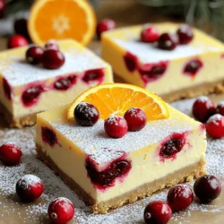 - 1 ½ cups graham cracker crumbs - ½ cup unsalted butter, melted - 2 tablespoons sugar - 2 (8 oz) packages cream cheese, softened - 1 cup granulated sugar - 2 large eggs - 1 teaspoon vanilla extract - Zest of 1 orange - ¼ cup fresh orange juice - 1 cup fresh cranberries, chopped - ¼ cup sugar (for cranberries) To make these delightful cheesecake bars, you need a mix of sweet and tangy flavors. The crust starts with graham cracker crumbs, which give a nice crunch. You will melt unsalted butter and mix it with sugar to bind the crumbs together. For the creamy filling, soft cream cheese is essential. It blends well with granulated sugar and eggs to create a smooth texture. The zest and juice from the orange add bright notes, while chopped fresh cranberries give a tart kick. - Alternatives for cream cheese: Use ricotta or Greek yogurt for a lighter filling. - Gluten-free graham cracker options: Look for gluten-free graham crackers or use almond flour mixed with butter. - Sweetener substitutions: You can replace granulated sugar with coconut sugar or a sugar substitute. These swaps can help if you have dietary needs or preferences. Each option keeps the essence of the bars while making them work for you. 1. Preheat your oven to 325°F (160°C). This step is key for even baking. 2. Prepare the baking dish. Line an 8x8 inch dish with parchment paper. Let it hang over the edges. This helps with easy removal later. 3. Make the graham cracker crust. In a bowl, mix: - 1 ½ cups graham cracker crumbs - ½ cup unsalted butter, melted - 2 tablespoons sugar Combine these ingredients well. Press this mixture into the bottom of your dish. Bake for 10 minutes and let it cool. 1. Combine cream cheese and sugar. In a large bowl, beat together: - 2 (8 oz) packages cream cheese, softened - 1 cup granulated sugar Mix until smooth and creamy. 2. Incorporate eggs, vanilla, and citrus flavors. Add 2 large eggs one at a time. Mix well after each one. Then add: - 1 teaspoon vanilla extract - Zest of 1 orange - ¼ cup fresh orange juice Blend until everything is combined and smooth. 1. Mix in cranberries and pour batter. In another bowl, toss: - 1 cup fresh cranberries, chopped - ¼ cup sugar (for cranberries) Coat the cranberries well. Gently fold this into your cheesecake batter. 2. Cooking time and temperature guidelines. Pour the mixture over the cooled crust. Spread it evenly. Bake for 30-35 minutes. The center should be set and jiggle slightly. 3. Remove from the oven. Let it cool to room temperature. Then, refrigerate for at least 4 hours or overnight to set completely. Using room temperature ingredients is key. Start by taking your cream cheese and eggs out of the fridge about 30 minutes before mixing. This helps the cheesecake blend smoothly. A smooth mix leads to a creamier texture. To avoid cracks in your cheesecake, bake it slowly. Keep your oven at 325°F (160°C). If your oven has hot spots, consider rotating the pan halfway through baking. You can also place a pan of water on the rack below. This adds moisture and helps your cheesecake bake evenly. Garnish your cheesecake bars for a stunning look. Dust the tops with powdered sugar for a snowy touch. Add a few whole cranberries and a slice of orange on top. This makes your bars pop and look festive. For special occasions, serve the cheesecake bars chilled on a decorative platter. You can also pair them with whipped cream or vanilla ice cream. This adds a creamy contrast and enhances the flavor. {{image_2}} You can easily elevate your cranberry orange cheesecake bars with some simple changes. Adding spices like cinnamon or nutmeg can enhance the flavor. Just a pinch can add warmth and depth. You might also try different fruit combinations. Consider using blueberries or raspberries for a new twist. Mixing fruits gives you a chance to play with flavors. Each one brings its own unique taste to the bars. If you want a vegan version, swap out the cream cheese for a plant-based alternative. Use silken tofu or cashew cream to keep it creamy. Substitute eggs with flaxseed or chia seeds mixed with water. This keeps the texture smooth while making it vegan. For those watching sugar, consider a low-sugar or keto-friendly version. You can replace granulated sugar with erythritol or stevia. This makes it a great option for various diets. To keep your cranberry orange cheesecake bars fresh, store them in the fridge. Place them in an airtight container. This will help them stay tasty for up to a week. If you want to keep them longer, freezing is a great option. Wrap each bar in plastic wrap. Then, place them in a freezer-safe bag. They can last for up to three months in the freezer. These bars can last about a week in the fridge. If you freeze them, they stay good for three months. Always check for spoilage before eating. Look for any off smells, discoloration, or a change in texture. If you notice any of these signs, it’s best to toss them. Enjoy your delicious dessert with peace of mind! Can I use frozen cranberries instead of fresh? Yes, you can use frozen cranberries. Just thaw them first. This helps them mix well into the cheesecake. Keep in mind, frozen cranberries may be a bit watery. You might need to drain them before use. What can I serve with these cheesecake bars? These bars are great on their own. You can serve them with whipped cream or vanilla ice cream. A drizzle of chocolate sauce adds a fun touch. Fresh orange slices also make a nice garnish. How do I tell when the cheesecake is done baking? Check the center of the cheesecake. It should be set but still slightly jiggly. If it is too firm, it may be overbaked. The edges should look set while the middle remains soft. What to do if the cheesecake cracks? If your cheesecake cracks, do not worry. It still tastes great! To avoid this, bake at a lower temperature. You can also try a water bath to keep the cheesecake moist. If it cracks after baking, cover it with whipped cream for a pretty fix. How to fix a runny cheesecake? If your cheesecake is runny, it might not be baked enough. Make sure to bake until the center is just set. If it's already cooked, try chilling it longer in the fridge. This can help it firm up. Ideas for accompaniments and pairings Pair these bars with a hot cup of tea or coffee. They also go well with a light salad. For a festive touch, serve alongside mulled wine during the holidays. Ideal occasions for serving these dessert bars These cheesecake bars are perfect for parties and potlucks. Bring them to family gatherings or holiday dinners. They also make a great treat for a weekend brunch with friends. Cranberry orange cheesecake bars are fun and easy to make. You can use simple ingredients and follow easy steps. Remember to try different flavors and adjust for your diet. Store any leftovers properly to keep them fresh. Enjoy these bars for any occasion, and impress your friends and family. With these tips, I hope you feel ready to bake your own delicious cheesecake bars!