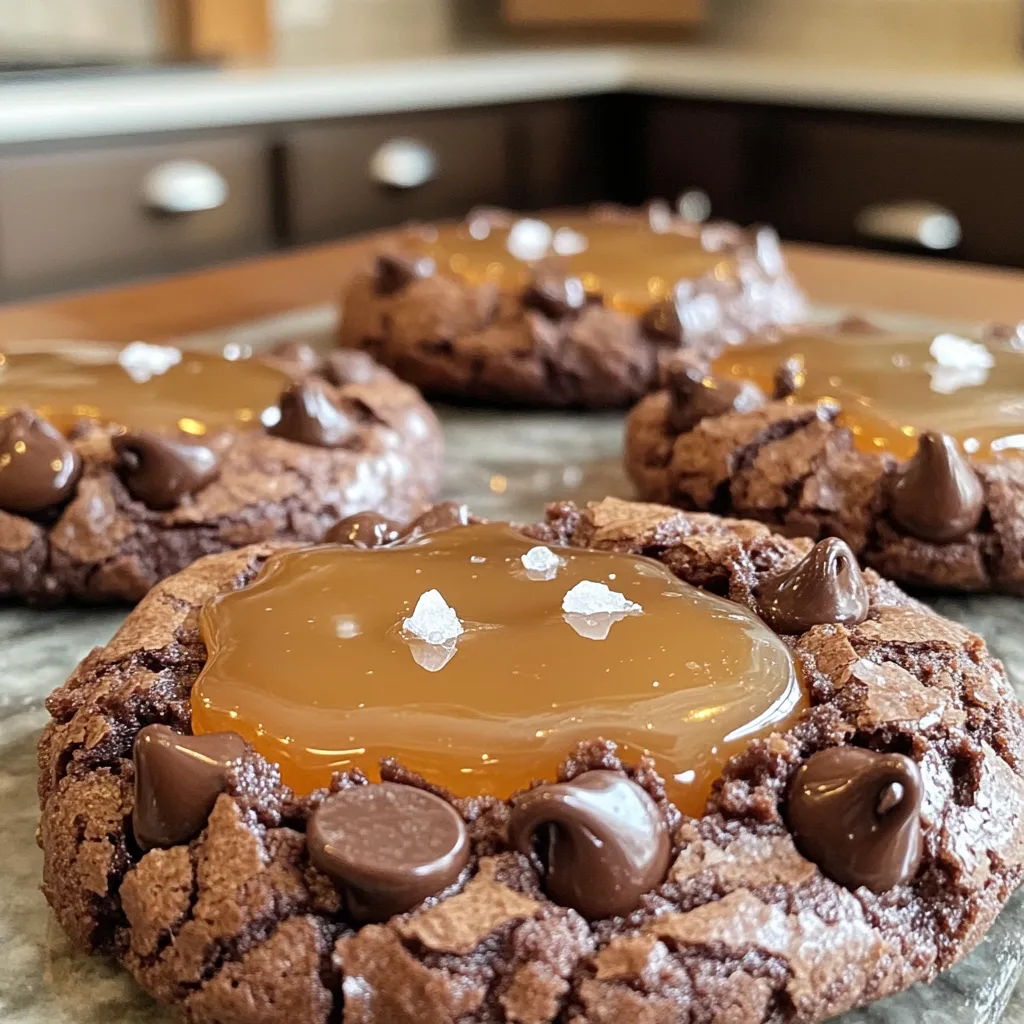 - 1 cup unsalted butter, melted - 1 cup brown sugar, packed - 1/2 cup granulated sugar - 2 large eggs - 2 teaspoons vanilla extract - 1 cup all-purpose flour - 1/2 cup unsweetened cocoa powder - 1/2 teaspoon baking powder - 1/2 teaspoon salt - 1 cup semi-sweet chocolate chips - 1/2 cup caramel sauce (store-bought or homemade) - Sea salt flakes for topping To make salted caramel brownie cookies, you need simple ingredients. The butter gives a rich taste. Both brown and granulated sugars add sweetness and texture. Eggs bind everything together, while vanilla brings out the flavor. Flour and cocoa powder form the base of the cookies, giving them a brownie-like texture. Baking powder helps them rise a bit. A pinch of salt balances the sweetness. Semi-sweet chocolate chips add pockets of melt-in-your-mouth goodness. Caramel sauce is the star of these cookies, adding a gooey center. Finally, sea salt flakes on top create a perfect contrast to the sweetness. This mix makes each bite a delight. You will love how these flavors work together. - Preheat your oven to 350°F (175°C). This step helps the cookies bake evenly. - Line your baking sheets with parchment paper. This prevents sticking and makes cleanup easy. - In a large bowl, mix the melted butter with brown and granulated sugar. Stir until smooth. - Add the eggs one at a time. Whisk well after each addition, then add the vanilla extract. - In another bowl, sift together the flour, cocoa powder, baking powder, and salt. This adds air and removes lumps. - Gradually mix the dry ingredients into the wet mixture. Stir until just combined to keep the cookies soft. - Chill the dough in the fridge for about 30 minutes. This makes it easier to scoop. - Once chilled, use a cookie scoop to portion dough onto the baking sheets. Space them about 2 inches apart. - Create an indent in the center of each cookie using your thumb. Spoon a small amount of caramel sauce into the indent. - Bake for 10-12 minutes. The edges should set, but the centers need to stay soft. - Once out of the oven, sprinkle each cookie with sea salt flakes. This adds a nice touch. Let them cool on the sheet for 5 minutes before moving to a wire rack. Chilling the dough is key for great cookies. It keeps them from spreading too much while baking. I recommend chilling for at least 30 minutes. This makes the dough easier to handle too. To ensure soft centers, don't overbake the cookies. You want the edges set while the centers remain slightly undercooked. They will firm up as they cool. Feel free to add nuts like walnuts or pecans for a crunch. You could also try different types of chocolate, such as dark or white chocolate chips. They bring different flavors to your cookies. If you want to adjust sweetness, use less sugar or try dark chocolate chips. These options can balance the flavors and make the cookies suit your taste better. {{image_2}} You can add fun flavors to your salted caramel brownie cookies. Try adding espresso or coffee for more depth. Just mix in about 1 tablespoon of instant coffee granules with your butter and sugars. This will give your cookies a rich, warm flavor. You can also use different flavored extracts. Instead of vanilla, try almond or hazelnut extract. Just use the same amount as the vanilla. This small change can make your cookies taste unique and special. If you need a gluten-free option, you can use almond flour instead of all-purpose flour. Almond flour gives your cookies a nice texture and flavor. Just use the same amount of almond flour as the regular flour. For vegan substitutions, replace the butter with coconut oil or vegan butter. Use flax eggs instead of regular eggs. To make a flax egg, mix 1 tablespoon of ground flaxseed with 2.5 tablespoons of water. Let it sit for 5 minutes to thicken. These changes make the cookies suitable for everyone! To keep your salted caramel brownie cookies fresh, use an airtight container. A glass or plastic container works well. You can also use a resealable bag. These will help keep the cookies soft. Store them at room temperature. They stay fresh for about four days. After that, they may dry out. You can freeze the cookie dough. Scoop each cookie onto a baking sheet and freeze them for about an hour. Once frozen, transfer the dough balls to a freezer bag. You can keep them for up to three months. To reheat frozen cookies, bake them straight from the freezer. Add a couple of extra minutes to the baking time. Enjoy warm, gooey cookies even after freezing! Store your cookies in an airtight container. This keeps them fresh for up to a week. If you want them to last longer, consider freezing them. For freezing, wrap each cookie in plastic wrap and place them in a freezer bag. They can stay good for three months. Yes! You can make the dough and chill it. Store it in the fridge for up to three days. If you want to keep it longer, freeze the dough. Just scoop the dough balls before freezing. You can bake them straight from the freezer. Check the edges of your cookies. They should look set but the center should still be soft. This means they are ready. They will continue to cook a bit after you take them out, so don’t wait too long. Absolutely! Homemade caramel adds a personal touch. Just make sure it’s thick enough to hold its shape in the cookie. This will give you that delightful, gooey center. To get that fudgy texture, don’t overmix your dough. Fold in the dry ingredients gently. Also, keep an eye on the baking time. Underbaking slightly will help keep that fudgy center. In this blog post, we explored the tasty world of salted caramel brownie cookies. You learned about essential ingredients and how to mix them for the best results. We covered key steps, like chilling the dough for a soft center. You got tips for making your cookies unique and even found storage advice for leftovers. Remember, baking is fun, so don't be afraid to experiment! Enjoy every sweet bite.