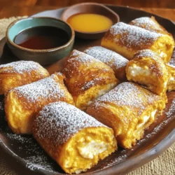 - 8 slices of bread (white or whole grain) - 1 cup pumpkin puree - 4 oz cream cheese, softened - 1/4 cup powdered sugar - 1 teaspoon vanilla extract - 1 teaspoon pumpkin pie spice For this recipe, the bread serves as a cozy wrap for the tasty filling. You can use white or whole grain bread. Both options work well. The pumpkin filling is the star of the show. It combines pumpkin puree, cream cheese, powdered sugar, vanilla extract, and pumpkin pie spice. This mix creates a creamy, sweet, and spiced flavor that makes each bite special. - 2 large eggs - 1/2 cup milk - 1 teaspoon cinnamon - 1 tablespoon sugar - 2 tablespoons butter (for frying) The egg mixture helps the roll-ups get a nice, golden color. You beat the eggs with milk for smoothness. The cinnamon sugar coating adds a sweet crunch. Just mix sugar with cinnamon for this. The butter is for frying. It adds flavor and helps the roll-ups crisp up nicely. To start, I mix the pumpkin puree with cream cheese in a medium bowl. I add powdered sugar, vanilla extract, and pumpkin pie spice. I keep mixing until the mixture is smooth and creamy. This filling shines with rich fall flavors. Next, I take my bread slices. I lightly flatten each one with a rolling pin. This makes them easier to roll up later. The flattened bread holds the filling perfectly. Now it's time to assemble the roll-ups. I take a slice of bread and spread a good amount of the pumpkin cheesecake mixture on one side. I make sure to cover it well, leaving a small border around the edges. Starting from one edge, I carefully roll the bread slice tightly around the filling. I pinch the edges to seal them. This keeps the tasty filling inside during cooking. For cooking, I heat a large skillet over medium heat. I add butter to coat the pan. This gives the roll-ups a nice golden color. In a shallow bowl, I whisk eggs and milk together until smooth. In another bowl, I mix sugar and cinnamon. I dip each roll-up into the egg mixture, coating all sides. Then, I place them seam side down in the skillet. I cook them for about 2-3 minutes on each side until they are golden brown and crispy. Once they are cooked, I roll the hot French toast in the cinnamon sugar mix. This adds a sweet crunch. I serve them warm, with maple syrup or whipped cream if desired. To get the best results, you need to cook these roll-ups evenly. Here are some tips: - Use medium heat. This helps to cook the roll-ups without burning them. If the heat is too high, they may brown too fast. - Check the skillet. Always make sure your skillet is hot before adding the roll-ups. You can test this by sprinkling a drop of water in the pan. If it sizzles, you’re ready to go. - Don’t overcrowd the pan. Cook in batches if needed. This keeps the heat steady and allows for even cooking. Presentation matters, especially with such a fun dish! Here are some ideas to make your roll-ups shine: - Arrange them on a platter. Place them in a neat row or a circle for a beautiful display. - Dust with powdered sugar. This adds a nice touch and makes them look fancy. - Add a drizzle of maple syrup. A small bowl on the side lets everyone dip as they please. - Garnish with whipped cream. A dollop of cream on top makes each bite even more delightful. - Sprinkle pumpkin pie spice. This adds color and hints at the flavors inside. Enjoy these tips to make your Pumpkin Cheesecake French Toast Roll Ups a crowd-pleaser! {{image_2}} You can easily change some ingredients to suit your taste. If you want a lower sugar option, try using honey or maple syrup instead of powdered sugar. For a dairy-free treat, swap the cream cheese with a plant-based version. Almond milk is a great choice if you need a dairy-free milk. Feel free to try different types of bread. Sourdough or cinnamon-raisin bread work well for added flavor. Whole grain bread gives a hearty bite. Choose what you love most! To add a crunch, toss in some chopped nuts. Walnuts or pecans pair nicely with pumpkin. You can also add chocolate chips for a sweet twist. They melt beautifully and add a rich flavor. For a special touch, use different spices. Try nutmeg or cardamom for a warm taste. These spices can change the whole feel of the dish. You can even mix and match to find your perfect blend! To keep your pumpkin cheesecake French toast roll-ups fresh, store them in the fridge. Place them in an airtight container. This helps to prevent them from drying out. Enjoy your leftovers within three days for the best taste. To reheat, use a skillet for best results. Heat the skillet over low heat. Add the roll-ups and cook until warm. This method keeps them crunchy. You can also use a microwave, but it may make them soft. If using a microwave, heat in short intervals, checking often. Enjoy your treat warm! Yes, you can prepare these roll-ups ahead of time. Make the pumpkin filling and spread it on the bread slices. Roll them up and place them in a single layer on a baking sheet. Cover with plastic wrap and store in the fridge for up to 24 hours. When ready to cook, dip them in the egg mixture and fry as usual. This makes breakfast quick and easy! These roll-ups are tasty on their own, but you can serve them with some great pairings. Try fresh fruit like strawberries or blueberries for a burst of flavor. A dollop of whipped cream adds sweetness, too. For drinks, coffee or spiced apple cider works well, giving a cozy feel to your meal. Yes, you can freeze them! After cooking, let the roll-ups cool completely. Place them in a single layer on a baking sheet and freeze for about an hour. Once frozen, transfer them to a freezer bag. To enjoy later, thaw them overnight in the fridge and reheat in a skillet or toaster oven. This keeps them warm and crispy! The Pumpkin Cheesecake Roll Ups are a fun and tasty treat. You learned about the main ingredients, how to mix the filling, and the best ways to cook them. I shared tips to make cooking easier, plus ideas for serving and storing leftovers. You can even switch up the flavors or ingredients to suit your taste. Remember, these roll ups are perfect for any meal. Enjoy trying this easy recipe, and feel free to get creative in the kitchen!