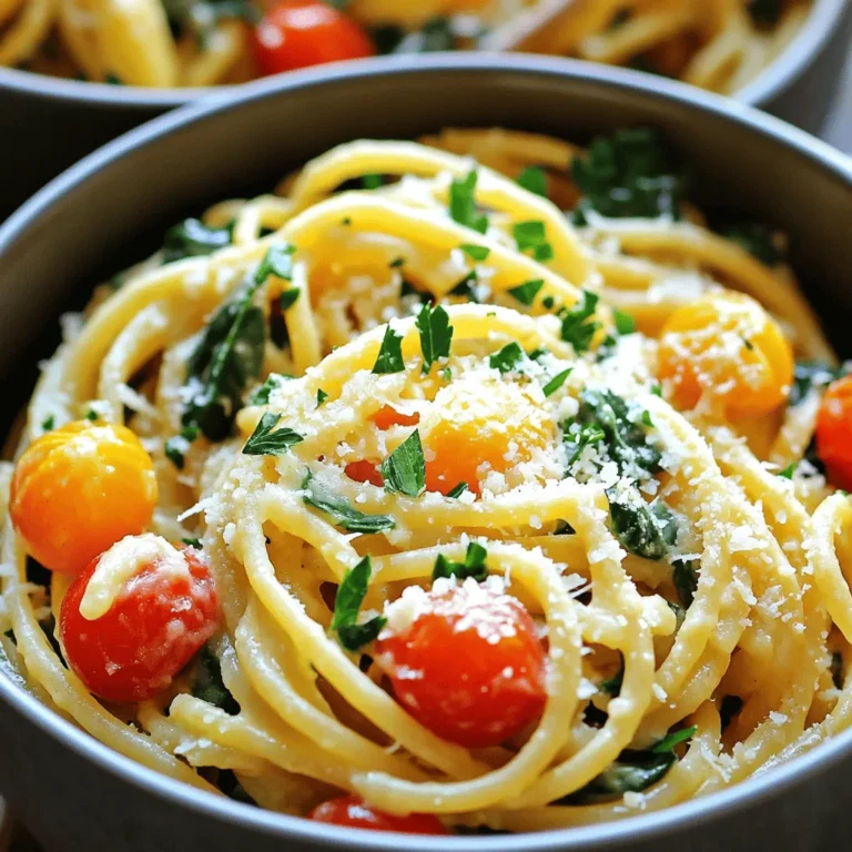 - 12 oz spaghetti - 4 cups vegetable broth - 1 cup grated Parmesan cheese (plus extra for serving) The main star of this dish is the spaghetti. You want a good quality spaghetti that cooks well. The vegetable broth adds rich flavor and keeps the dish light. Parmesan cheese gives that creamy, cheesy taste that makes this meal special. - 4 cloves garlic, minced - 2 tablespoons olive oil - 1 cup cherry tomatoes, halved Garlic is a key player here. It brings a strong, savory flavor. Olive oil helps to sauté the garlic and adds a nice richness. Cherry tomatoes add a burst of sweetness and color, making your dish vibrant and fresh. - 1 teaspoon red pepper flakes (optional) - Salt and black pepper to taste - 2 cups fresh spinach - Fresh parsley, chopped (for garnish) For a hint of heat, I use red pepper flakes. They can be adjusted based on your taste. Salt and black pepper enhance all the flavors. Fresh spinach adds a pop of green and nutrients. Finally, parsley not only looks nice but adds a fresh taste. To start, take a large pot or deep skillet. Heat 2 tablespoons of olive oil over medium heat. Once the oil is hot, add 4 cloves of minced garlic. Sauté the garlic for 1-2 minutes. You want it fragrant, but not brown. The smell of garlic fills the air and gets your taste buds ready for what's next. Now, it’s time to add the spaghetti. Measure out 12 ounces and toss it into the pot. Then, pour in 4 cups of vegetable broth. This will give your pasta great flavor. If you like a bit of heat, add 1 teaspoon of red pepper flakes too. Stir the mixture well to combine everything. Bring it to a boil. Once boiling, reduce the heat and cover the pot. Let it cook for about 10-12 minutes. Stir it occasionally to prevent sticking. The spaghetti should be al dente and most of the liquid absorbed. After the pasta cooks, take the pot off the heat. Mix in 1 cup of grated Parmesan cheese. This cheese melts into a creamy sauce. Next, add 2 cups of fresh spinach. Stir it in until the cheese melts and the spinach wilts. Season with salt and black pepper to your taste. If the dish seems dry, add a splash of vegetable broth. Now, it’s ready to serve! Enjoy your delicious one-pot garlic Parmesan spaghetti. To make sure your spaghetti is al dente, cook it just right. Al dente means the pasta should have a slight bite. Start tasting it a minute or two before the package says. Remove it from heat when you like the texture. Adjusting flavors is key to a great dish. If you want more garlic, add an extra clove. For a kick, add more red pepper flakes. Taste as you go. This way, you can tailor it to fit your taste. Serving your spaghetti in deep bowls makes it look fancy. It also keeps the sauce from spilling over. Once plated, sprinkle extra chopped parsley on top for color. Add some grated Parmesan for a rich finish. It makes your dish more inviting. One big mistake is overcooking the pasta. If you cook it too long, it becomes mushy. Keep an eye on it and taste often. Another mistake is skipping the seasoning steps. Don’t forget to add salt and pepper. These small steps bring out the flavors in your dish. Always season to your taste for the best results. {{image_2}} You can easily make this dish to fit different diets. For gluten-free options, use gluten-free spaghetti. There are many brands that taste great. Just check the package for cooking times. If you want a vegan version, skip the Parmesan cheese. You can use nutritional yeast instead. It gives a cheesy flavor without dairy. Add more veggies like mushrooms or bell peppers for extra taste. You can change the flavor by adding protein. Chicken or shrimp works well in this dish. Cook the protein in the pan before adding the garlic. Then, follow the same steps to add the pasta. You can also mix in different vegetables. Zucchini, broccoli, or bell peppers add color and nutrients. Just chop them up and add them with the cherry tomatoes. Try different cheeses for a new taste. Pecorino Romano or asiago can add a sharp flavor. If you want a creamier texture, use cream cheese or mascarpone. Adjust the amount based on your taste preferences. More cheese makes it richer, while less keeps it lighter. You can store One-Pot Garlic Parmesan Spaghetti in the fridge for up to three days. Make sure to place it in an airtight container. This helps keep it fresh and tasty. If you want to freeze leftovers, let the spaghetti cool first. Then, divide it into portions and place it in freezer-safe bags. Remove as much air as possible. This way, it stays good for up to two months. To reheat your spaghetti, use a pan on low heat. Add a splash of vegetable broth or water to keep it moist. Stir gently to avoid burning. You can also use a microwave, but cover it with a damp paper towel. This keeps the moisture in. Enjoy your meal just like it was fresh! To make this dish vegetarian, swap the vegetable broth for chicken broth. You can also use any vegetable stock you like. This keeps the flavors rich and tasty without meat. Some brands offer great veggie broths that taste just as good. Yes, you can use any pasta shape you enjoy. Penne, fusilli, or even gluten-free pasta work well. Just adjust the cooking time as needed. Thin pasta may cook faster, while thicker shapes may take longer. Always check the package for timing. To add heat, mix in more red pepper flakes. Start with a bit and taste as you go. You can also add crushed red pepper for a stronger kick. If you like, toss in some fresh jalapeños or chili oil for extra flavor. This blog post shared how to make One-Pot Garlic Parmesan Spaghetti. We covered essential ingredients, like spaghetti and vegetable broth, and added flavors with garlic and tomatoes. In the instructions, I explained how to sauté garlic and cook the spaghetti perfectly. I also offered tips for presentation, storage, and fun variations. Now you have the tools to create a delicious meal that fits your taste. Enjoy making it your own!