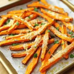 You need one pound of fresh carrots. Choose firm, bright carrots for the best taste. Cut them into fry shapes. This helps them cook evenly and get crispy. The main seasonings are simple yet flavorful. You will use: - 2 tablespoons of olive oil - 3 cloves of garlic, minced - 1 teaspoon of garlic powder - 1 teaspoon of smoked paprika - Salt and pepper to taste Olive oil helps the fries crisp up well. Garlic adds a strong and tasty punch. Smoked paprika gives a nice depth of flavor, while salt and pepper balance it all. Don't forget the cheese! You will need: - 1/2 cup of grated Parmesan cheese This cheese adds a savory and rich touch. For garnish, use fresh parsley, chopped. It makes the dish look nice and adds a pop of color. First, I set the oven to 425°F (220°C). This high heat will help the fries get crispy. Next, I line a baking sheet with parchment paper. This makes cleanup easy and helps the fries not stick. I take 1 pound of carrots and cut them into fry shapes. I try to keep them even, so they cook the same. In a large bowl, I add the carrot fries. I drizzle in 2 tablespoons of olive oil. Then, I add 3 cloves of minced garlic, 1 teaspoon of garlic powder, and 1 teaspoon of smoked paprika. I sprinkle salt and pepper to taste. I mix everything well. I want each carrot fry to be coated with the tasty mix. I spread the carrot fries out on the baking sheet in one layer. I bake them for 20 minutes. When the time is up, I take the baking sheet out of the oven. I sprinkle 1/2 cup of grated Parmesan cheese over the fries. Then, I put them back in the oven for another 10 to 15 minutes. I watch closely until they turn golden brown and crispy. Lastly, I take them out and let them cool a bit. I like to garnish with chopped parsley for a fresh touch. To get your carrot fries crispy, make sure they are cut evenly. Thinner pieces will cook faster and get nice and crunchy. Toss them well with olive oil and seasonings. This helps them brown. Use parchment paper on your baking sheet; it keeps the fries from sticking. Spread the carrots out in a single layer. They need room to breathe while baking. If they are too close, they will steam instead of roast. You can mix up the flavors in this dish easily. Try adding a pinch of cayenne for some heat. A sprinkle of cumin can give a warm, earthy taste. If you like herbs, fresh thyme or rosemary work well too. For a smoky flavor, increase the smoked paprika. You can even swap the Parmesan cheese for a different type, like Pecorino Romano, for extra bite. These carrot fries are great on their own, but they shine with dip. Try them with a creamy ranch or tangy yogurt sauce. They also pair nicely with grilled chicken or fish. Serve them as a side to a fresh salad for a complete meal. Don't forget to garnish with fresh parsley for a pop of color! Enjoy them hot for the best taste. {{image_2}} You can change up the flavor of your carrot fries easily. Try using different spices. For a kick, add chili powder or cayenne pepper. You can also go sweet with cinnamon and nutmeg. Mix and match to find your favorite blend. Each option gives a new taste to the fries. Parmesan is great, but there are many other cheeses you can use. Feta adds a tangy taste. Cheddar brings a sharp flavor. For something creamy, try goat cheese. Each cheese can change the texture and taste. Just sprinkle it on before the last bake. If you want to make these fries vegan, it’s simple. Just skip the cheese or use a vegan cheese. Nutritional yeast is a great option too. It gives a cheesy flavor without dairy. You can enjoy these fries while keeping them plant-based and tasty. After you make Garlic Parmesan Roasted Carrot Fries, let them cool. Once cool, place them in an airtight container. Keep the container in the fridge. They stay fresh for about three days. If you want to keep them longer, freezing is a great choice. To reheat, use an oven or an air fryer. Preheat your oven to 400°F (200°C). Spread the carrot fries on a baking sheet. Heat them for about 10 minutes. This helps them regain some crunch. Avoid using a microwave, as it makes them soft. You can freeze carrot fries before or after baking. To freeze before baking, spread the raw carrot fries on a baking sheet. Freeze them for about an hour. Once frozen, transfer them to a freezer bag. If you freeze them after baking, let them cool first. Place them in an airtight container. They can last for up to three months in the freezer. When ready, bake them straight from frozen, adding a few extra minutes to the cook time. Yes, you can use baby carrots. They save time since they are already cut. Just slice them into fry shapes for even cooking. The taste will be similar, but the texture might differ slightly. Baby carrots tend to be softer, so keep an eye on them while baking. To make these fries vegan, skip the Parmesan cheese. You can use nutritional yeast instead. It adds a cheesy flavor without dairy. You can also try vegan cheese options that melt well. Just ensure you check the ingredients to keep it plant-based. These carrot fries pair well with many dishes. Serve them as a side with grilled chicken or fish. They also work great with burgers or sandwiches. For a light meal, add a fresh salad. A tasty dip, like ranch or hummus, can enhance the flavor too. This blog post covered all you need to make Garlic Parmesan Roasted Carrot Fries. We explored fresh carrots, key seasonings, and how to enhance flavors. You learned the steps to prep and bake them for a delicious treat. Tips for crispiness and serving suggestions added even more value. Remember, you can get creative with flavors and adjust storage methods to suit your needs. Keep experimenting, and enjoy making these fries again!