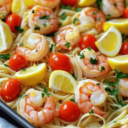 - 1 pound large shrimp, peeled and deveined Use large shrimp for a satisfying bite. Their size helps them cook evenly and stay juicy. - 2 tablespoons olive oil Olive oil adds richness and helps the flavors blend. It also prevents sticking. - 4 cloves garlic, minced Garlic gives the dish its bold flavor. Fresh garlic brings great taste to any meal. - Zest and juice of 2 lemons Lemon adds brightness and freshness. The zest gives a strong lemon flavor, while the juice adds balance. - 1 teaspoon red pepper flakes (adjust to taste) Red pepper flakes add a nice kick. You can add more or less based on your spice preference. - 1 teaspoon dried oregano Oregano adds depth and a touch of earthiness. It pairs well with seafood and lemon. - 1 teaspoon dried thyme Thyme gives a warm flavor. It complements both the shrimp and herbs in this dish. - Salt and pepper to taste Adjust salt and pepper to enhance all the flavors. A little sprinkle can make a big difference. - 8 ounces linguine or spaghetti, dry Use linguine or spaghetti for a classic touch. Both types hold sauce well and cook nicely. - 2 cups cherry tomatoes, halved Cherry tomatoes add sweetness and color. They burst with flavor when roasted. - Fresh parsley, chopped (for garnish) Parsley adds a fresh, green touch. It brightens the dish and makes it look great. - Lemon wedges (for serving) Lemon wedges are perfect for squeezing over the dish. They enhance the flavor even more. 1. Preheat your oven to 400°F (200°C). This gets your oven ready for baking. 2. In a large bowl, mix: - 2 tablespoons olive oil - 4 cloves garlic, minced - Zest and juice of 2 lemons - 1 teaspoon red pepper flakes - 1 teaspoon dried oregano - 1 teaspoon dried thyme - Salt and pepper to taste This mix is your marinade. It gives flavor to the shrimp. 3. Add 1 pound of large shrimp to the marinade. Make sure they are well coated. Let them sit for about 15 minutes. This helps the shrimp soak up the flavors. 4. On a large sheet pan, spread 8 ounces of dry linguine in the center. This will cook with the shrimp and absorb all the tasty juices. 5. Arrange the marinated shrimp on top of the linguine. Scatter 2 cups of halved cherry tomatoes around the shrimp. This adds color and sweetness to the dish. 6. Drizzle any remaining marinade over the shrimp and pasta. You want every bite to be full of flavor. 7. Pour 4 cups of water over the linguine and other ingredients on the sheet pan. This helps cook the pasta evenly. 1. Bake in the preheated oven for 15-20 minutes. The shrimp should turn pink and be cooked through. The pasta should be tender. Stir halfway through to ensure even cooking. 2. Once done, remove the pan from the oven. Garnish with fresh parsley. This adds a fresh look and taste. Use a fork to check if the shrimp are firm and the pasta is soft. Enjoy your meal straight from the pan! To avoid overcooking the shrimp, keep a close eye on them. Shrimp cook fast. They turn pink when done. Bake them for 15 to 20 minutes. Stir halfway through to ensure even cooking. If you notice them curling tightly, remove them right away. For ideal pasta cooking on a sheet pan, use dry linguine or spaghetti. Spread it evenly in the center. Add four cups of water over the pasta and other ingredients. This method cooks the pasta perfectly while the shrimp bake. To boost flavor, try adding fresh herbs like basil or dill. These herbs add a nice touch. You can also use fresh garlic instead of minced for a stronger taste. For spice levels, adjust red pepper flakes based on your taste. If you like heat, add more. If you prefer mild, use less. Start small, then taste as you go. This way, you’ll find your perfect balance. {{image_2}} You can switch the shrimp for another protein. Chicken works well in this dish. It adds a nice flavor and is easy to find. Just cut the chicken into small pieces and follow the same marinade steps. You might also try fish, like salmon or cod. These fish will cook quickly and soak up the lemon and herb flavors well. For a heartier dish, add more vegetables. Broccoli, bell peppers, or zucchini can boost the nutrients. Toss them in the marinade with the shrimp. They will roast nicely in the oven. Consider side dishes that go well with shrimp scampi. A fresh green salad adds a crisp touch. You can also serve garlic bread for a tasty treat. Pair this dish with a light drink. A chilled white wine, like Sauvignon Blanc, is a great choice. If you prefer non-alcoholic drinks, try lemonade or sparkling water. Both will complement the lemony flavors. Store your leftover shrimp scampi in an airtight container. This keeps it fresh and prevents odors. You should refrigerate it right after it cools down. Leftovers can stay in the fridge for up to three days. After that, the quality may drop. If you want to keep it longer, freeze it. It can last up to three months in the freezer. Just remember to use a freezer-safe container for best results. To reheat shrimp scampi, you want to keep the shrimp tender and the pasta nice. The best way is to use the oven. Preheat it to 350°F (175°C). Place the leftovers in an oven-safe dish and cover it with foil. Heat for about 15 minutes. This will help avoid overcooking the shrimp. You can also use the microwave. If you choose this method, do it in short bursts. Heat for about 1-2 minutes, stirring in between. This ensures even heating. When it’s done, let it sit for a minute. This helps the heat spread evenly. Enjoy your meal as if it was fresh! Can I use frozen shrimp instead of fresh? Yes, you can use frozen shrimp. Just thaw them first. Place them in a bowl of cold water for about 10-15 minutes. This will help them defrost quickly and safely. Once thawed, pat them dry before marinating. This step helps the marinade stick better. What type of pasta works best for this recipe? Linguine or spaghetti works best for this shrimp scampi. Both types cook well in the oven with the shrimp and sauce. Their shape holds the flavors nicely. If you prefer, you can also use other long pasta shapes. Just make sure to adjust the cooking time if needed. How can I make this dish gluten-free? To make this dish gluten-free, swap out regular pasta for gluten-free pasta. Many brands offer great options that cook similarly. Just check the package for cooking times. This way, you keep the same taste and texture while avoiding gluten. Ideas for a vegetarian version of shrimp scampi For a vegetarian version, replace shrimp with vegetables. Zucchini, bell peppers, or mushrooms work well. You can also add chickpeas for protein. Just adjust the cooking time. Aim for tender veggies that soak up the flavors from the marinade. This keeps the dish tasty and satisfying. This blog post covered a delicious shrimp scampi recipe. We discussed the key ingredients, like large shrimp and tasty herbs. I shared step-by-step instructions for preparation and cooking. You found tips to avoid overcooking shrimp and enhance flavors. We explored fun variations, including alternative proteins and serving ideas. Finally, I offered storage info and addressed common questions, like using frozen shrimp. Shrimp scampi is easy to make and enjoyable. You can try your own twists and share it with others!