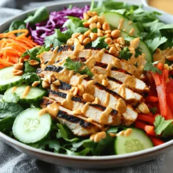 - 2 grilled chicken breasts, sliced - 4 cups mixed greens (spinach, arugula, romaine) - 1 cup shredded carrots - 1 red bell pepper, thinly sliced - 1 cup cucumber, thinly sliced - ½ cup red cabbage, shredded - ¼ cup chopped fresh cilantro - ¼ cup green onions, sliced - ½ cup roasted unsalted peanuts, roughly chopped The main ingredients in this salad create a perfect blend of tastes and textures. The grilled chicken adds protein and flavor. The mixed greens give a fresh crunch. Shredded carrots and red bell pepper add sweetness and color. The cucumber brings a cool touch, while red cabbage adds a nice crunch. Fresh herbs like cilantro and green onions add a burst of flavor. Finally, the roasted peanuts provide a satisfying crunch and nutty taste. - ¼ cup creamy peanut butter - 2 tablespoons soy sauce (or tamari for gluten-free) - 2 tablespoons lime juice - 1 tablespoon honey or maple syrup - 1 teaspoon sesame oil - 1-2 tablespoons water (to thin the dressing as needed) - Fresh herbs (cilantro, green onions) - Roasted unsalted peanuts The peanut dressing is what makes this salad shine. Creamy peanut butter serves as the base. Soy sauce adds a salty depth. Lime juice brings a zesty brightness. Honey or maple syrup adds a hint of sweetness. Sesame oil gives it richness. You can thin the dressing with water until you reach your desired consistency. Top your salad with fresh herbs and peanuts for added flavor and crunch. This combination makes every bite exciting and fresh! To start, grab a medium bowl. In this bowl, you will whisk together the peanut butter, soy sauce, lime juice, honey, and sesame oil. Make sure the mix is smooth and creamy. If the dressing is too thick, add water slowly. Start with one tablespoon, then mix again. Keep adding until you reach the right consistency. This should be thick but pourable. Set this dressing aside for later. Next, take a large salad bowl. Layer the mixed greens at the bottom. You can use spinach, arugula, or romaine. These greens form a fresh base. After that, add the shredded carrots, sliced red bell pepper, cucumber, and red cabbage. Each layer adds color and crunch. Once you have all the veggies in, it’s time to add the chicken. Place the sliced grilled chicken on top of the veggies. This will make the salad hearty and filling. Now, let’s make it pretty and tasty! Sprinkle the chopped cilantro and sliced green onions over the salad. Then, add the chopped peanuts for some crunch. Just before serving, drizzle the peanut dressing over the top. Toss the salad gently to mix all the flavors together. Finally, take a taste. If it needs more flavor, adjust with extra salt or lime juice. Serve this salad fresh for the best taste! To make the peanut dressing fit your needs, consider substitutions. If you're avoiding soy, use tamari instead. For a sweeter taste, you can swap honey with maple syrup. Each change can add a new flavor. If you want a thinner dressing, add more water. Start with one tablespoon and mix well. Keep adding until you like the consistency. For a thicker dressing, use less water or more peanut butter. A beautiful salad makes eating more fun. For a nice touch, garnish with extra cilantro or peanuts on top. This adds color and crunch. You can also sprinkle sesame seeds for a special look. When mixing, use a wide bowl. This helps all the ingredients blend well. It also makes serving easier and keeps the salad looking great. To save time, prepare salad parts ahead. You can slice the veggies and chicken in advance. Keep them in separate containers. This way, they stay fresh and crispy. Store the dressing in a jar in the fridge. This lets you grab it quickly. Just mix it up before you use it again. Keeping ingredients separate helps the salad stay fresh longer. {{image_2}} You can easily make this salad vegetarian. One great option is substituting chicken with tofu. Tofu absorbs flavors well and adds protein. Choose firm tofu for the best texture. You can also use other proteins. Chickpeas are a fantastic choice. They add a nice crunch and a creamy texture. Tempeh is another option; it has a nutty flavor that pairs well with the dressing. Want to mix up the flavors? Adding fruits can brighten the dish. Mango gives a sweet touch, while avocado adds creaminess. Both fruits complement the peanut dressing nicely. You can also try different dressings. A sesame dressing can add a nutty twist. Ginger dressing gives a nice zing. Do not hesitate to experiment with flavors you love. If you like spice, you can kick it up a notch. Adding chili flakes brings heat without overpowering the salad. A dash of sriracha can also enhance the flavor and heat. For sweetness, you can adjust the honey or maple syrup. If you prefer a less sweet taste, just use less. This way, you make the salad perfect for your palate. To keep your Thai peanut chicken salad fresh, store it in an airtight container. This method helps maintain flavor and texture. You can keep the salad in the fridge for up to three days. Make sure to place it in a cool part of the fridge. You can freeze this salad, but it is not the best choice. Freezing can change the texture of the greens and veggies. If you want to freeze, consider freezing the dressing separately. This keeps the dressing fresh and ready for use when you thaw the salad. For reheating chicken, use a microwave or stovetop. If using a microwave, place the chicken in a bowl and cover it with a damp paper towel. Heat it for about one minute. On the stovetop, warm the chicken in a skillet over medium heat for about 3-5 minutes. Once the chicken is heated, mix it back into the salad. Enjoy! You can enjoy this salad with different proteins. If you want a vegetarian option, use tofu. Firm tofu works best. Just cube it and pan-fry until golden. Other great options include chickpeas or tempeh. Both are tasty and packed with protein. You can also use shrimp or grilled fish if you prefer seafood. You can store this salad in the refrigerator for about 3 days. Keep the dressing separate if you want it to last longer. Look for signs of spoilage. If the greens get slimy or the salad smells off, it's time to toss it. Freshness is key to enjoying this dish. Yes, you can make the dressing ahead of time. Store it in an airtight container. This keeps it fresh for up to a week. To maintain flavor and consistency, give it a quick stir before using. If it thickens, add a little water to thin it out. This keeps your dressing delicious and ready to go. This blog post presented a tasty Thai Peanut Chicken Salad recipe. You learned about the main ingredients, from grilled chicken to fresh herbs. I shared how to create a creamy peanut dressing and assemble your salad step by step. You now have tips on meal prep and variations for dietary needs. In conclusion, this salad is simple, tasty, and adaptable. Whether you’re meal prepping or looking for a fresh meal, this recipe has you covered. Enjoy creating your perfect version of this salad!
