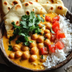 For this creamy coconut chickpea curry, gather these main items: - 1 can (15 oz) chickpeas, rinsed and drained - 1 can (14 oz) coconut milk - 1 medium onion, diced - 3 cloves garlic, minced - 1-inch piece ginger, grated - 1 can (14 oz) diced tomatoes - 2 tablespoons vegetable oil - Salt to taste These ingredients form the base of your dish, giving it rich flavor and texture. Spices make the curry shine. Here are the key spices you'll need: - 1 tablespoon curry powder - 1 teaspoon cumin - 1 teaspoon coriander - 1/2 teaspoon turmeric - 1/2 teaspoon chili powder (adjust for spice) These spices bring warmth and depth. They work together to create a balanced taste. Garnishes add freshness and color to the dish. Consider these options: - Fresh cilantro, chopped You can serve this curry with cooked rice or warm naan to make it a full meal. Gather all your ingredients first. This makes cooking smooth and fun. You need: - 1 can (15 oz) chickpeas, rinsed and drained - 1 can (14 oz) coconut milk - 1 medium onion, diced - 3 cloves garlic, minced - 1-inch piece ginger, grated - 1 can (14 oz) diced tomatoes - 1 tablespoon curry powder - 1 teaspoon cumin - 1 teaspoon coriander - 1/2 teaspoon turmeric - 1/2 teaspoon chili powder (adjust for spice preference) - 2 tablespoons vegetable oil - Salt to taste - Fresh cilantro, chopped (for garnish) - Cooked rice or naan (for serving) Chopping the onion, garlic, and ginger takes just a few minutes. Make sure to rinse the chickpeas well. This removes excess salt and makes them clean. Start by heating the vegetable oil in a large skillet. Use medium heat. Add the diced onions once the oil is hot. Sauté them for about 5 minutes until they are soft and clear. Then stir in the minced garlic and grated ginger. Cook these for 1 to 2 minutes. You want them fragrant, not burned. Next, add the spices. Sprinkle in the curry powder, cumin, coriander, turmeric, and chili powder. Stir the spices for 1 minute. This helps release their yummy flavors. Now, add in the diced tomatoes with their juices and the chickpeas. Mix everything well and let it cook for about 5 minutes. The mixture should start to bubble. After that, pour in the coconut milk. Give it a good stir and raise the heat. Bring it to a gentle simmer. Once it simmers, reduce the heat to low. Let it cook for about 10 to 15 minutes. Stir it occasionally. This helps the sauce thicken and gets all the flavors to blend. Finally, season with salt to taste. You can adjust the spices if you want more heat. For a creamier curry, let it simmer longer. The longer it cooks, the thicker it will get. If it becomes too thick, add a splash of water or more coconut milk. This keeps it from drying out. Always taste your curry before serving. Adjust the salt or spice if needed. Garnishing with fresh cilantro adds a nice touch. It makes the dish look pretty and fresh. Serve over rice or with warm naan for the best meal. Enjoy your cooking! When making Creamy Coconut Chickpea Curry, watch out for a few common mistakes. First, don’t rush the cooking of onions. Sauté them until they turn soft and clear. This builds a solid base for your dish. Second, be careful with spices. Too much can overwhelm the flavor. Start with small amounts and adjust to taste. Lastly, avoid skipping the simmering step. This lets the flavors meld together, creating a richer taste. To boost flavor, consider adding fresh herbs like basil or mint. These herbs add freshness that brightens the dish. You can also toss in a squeeze of lime juice for a zesty kick. For texture, add some diced bell peppers or spinach. They bring color and nutrients, making the dish even better. If you like crunch, serve the curry with crispy fried onions on top. Using the right tools can make cooking easier. A large skillet or wok is ideal for this recipe. It gives you space to sauté and simmer. A wooden spoon or spatula helps stir without scratching your pan. If you have a lid for your skillet, use it while simmering. This traps heat and helps the curry cook evenly. Lastly, have measuring spoons handy to ensure your spice amounts are just right. {{image_2}} You can easily boost this creamy coconut chickpea curry with some veggies. Adding vegetables makes the dish more colorful and healthy. Here are some great options: - Spinach - Bell peppers - Carrots - Sweet potatoes - Green beans Chop them into small pieces. Sauté the veggies with the onions in the first step. This way, they cook just right and stay tender. If you want to add meat, try chicken or shrimp. These proteins cook well with the spices in this curry. For chicken, use boneless thighs or breasts, cut into chunks. For shrimp, choose large ones and add them in the last few minutes of cooking. This keeps them juicy and tender. Do you like it hot or mild? You can adjust the spice level to fit your taste. For a milder version, skip the chili powder or use less. If you love heat, add more chili powder, or even some fresh chopped chili. Taste as you go to find your perfect balance. To store your creamy coconut chickpea curry, let it cool first. Place it in an airtight container. This helps keep the flavors fresh. It will last for about 3 to 4 days in the fridge. When ready to eat, check for any changes in smell or color. Always trust your senses! You can freeze this curry, too! Use a freezer-safe container for best results. It will stay good for up to 3 months. To avoid freezer burn, leave some space at the top. When you want to eat it, thaw it in the fridge overnight. This keeps the texture nice. Reheat your curry on the stove for even warming. Use low heat and stir often. You can also microwave it in a bowl. Cover it to keep moisture in. Heat for about 2 to 3 minutes. Always check the temperature before serving. Enjoy! You can use almond milk or soy milk for a lighter flavor. If you want creaminess, try cashew cream. Both options add a nice texture but may change the taste. You can also mix half almond milk with half cream for a richer feel. To spice things up, add more chili powder. You can also use fresh chopped chili peppers or a dash of hot sauce. For a smoky flavor, try adding smoked paprika. Start with a little, then taste as you go. It’s easier to add more than to take it out! Yes, this curry is great for meal prep. It stores well in the fridge for about 4 days. Just reheat it on the stove or in the microwave. You can also freeze it for up to 3 months. Make sure to cool it first before freezing. This way, you always have a tasty meal ready! This blog post covered the key ingredients and cooking steps for making a delicious curry. We explored essential spices, various cooking tips, and common mistakes to avoid. You learned how to enhance flavor and texture and various storage methods for your leftovers. In conclusion, preparing curry can be simple and fun. With these guidelines, you can make dishes that suit your taste. Enjoy your cooking journey and feel free to experiment!