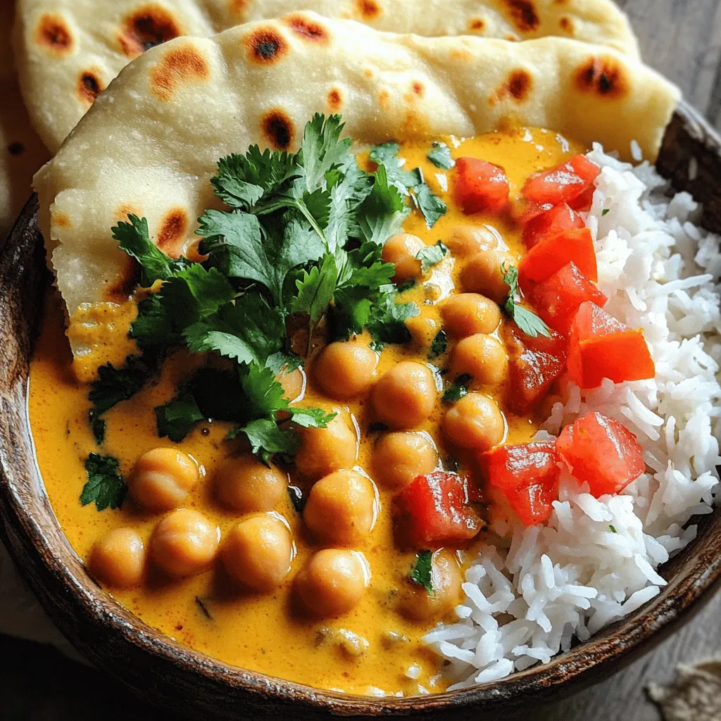 For this creamy coconut chickpea curry, gather these main items: - 1 can (15 oz) chickpeas, rinsed and drained - 1 can (14 oz) coconut milk - 1 medium onion, diced - 3 cloves garlic, minced - 1-inch piece ginger, grated - 1 can (14 oz) diced tomatoes - 2 tablespoons vegetable oil - Salt to taste These ingredients form the base of your dish, giving it rich flavor and texture. Spices make the curry shine. Here are the key spices you'll need: - 1 tablespoon curry powder - 1 teaspoon cumin - 1 teaspoon coriander - 1/2 teaspoon turmeric - 1/2 teaspoon chili powder (adjust for spice) These spices bring warmth and depth. They work together to create a balanced taste. Garnishes add freshness and color to the dish. Consider these options: - Fresh cilantro, chopped You can serve this curry with cooked rice or warm naan to make it a full meal. Gather all your ingredients first. This makes cooking smooth and fun. You need: - 1 can (15 oz) chickpeas, rinsed and drained - 1 can (14 oz) coconut milk - 1 medium onion, diced - 3 cloves garlic, minced - 1-inch piece ginger, grated - 1 can (14 oz) diced tomatoes - 1 tablespoon curry powder - 1 teaspoon cumin - 1 teaspoon coriander - 1/2 teaspoon turmeric - 1/2 teaspoon chili powder (adjust for spice preference) - 2 tablespoons vegetable oil - Salt to taste - Fresh cilantro, chopped (for garnish) - Cooked rice or naan (for serving) Chopping the onion, garlic, and ginger takes just a few minutes. Make sure to rinse the chickpeas well. This removes excess salt and makes them clean. Start by heating the vegetable oil in a large skillet. Use medium heat. Add the diced onions once the oil is hot. Sauté them for about 5 minutes until they are soft and clear. Then stir in the minced garlic and grated ginger. Cook these for 1 to 2 minutes. You want them fragrant, not burned. Next, add the spices. Sprinkle in the curry powder, cumin, coriander, turmeric, and chili powder. Stir the spices for 1 minute. This helps release their yummy flavors. Now, add in the diced tomatoes with their juices and the chickpeas. Mix everything well and let it cook for about 5 minutes. The mixture should start to bubble. After that, pour in the coconut milk. Give it a good stir and raise the heat. Bring it to a gentle simmer. Once it simmers, reduce the heat to low. Let it cook for about 10 to 15 minutes. Stir it occasionally. This helps the sauce thicken and gets all the flavors to blend. Finally, season with salt to taste. You can adjust the spices if you want more heat. For a creamier curry, let it simmer longer. The longer it cooks, the thicker it will get. If it becomes too thick, add a splash of water or more coconut milk. This keeps it from drying out. Always taste your curry before serving. Adjust the salt or spice if needed. Garnishing with fresh cilantro adds a nice touch. It makes the dish look pretty and fresh. Serve over rice or with warm naan for the best meal. Enjoy your cooking! When making Creamy Coconut Chickpea Curry, watch out for a few common mistakes. First, don’t rush the cooking of onions. Sauté them until they turn soft and clear. This builds a solid base for your dish. Second, be careful with spices. Too much can overwhelm the flavor. Start with small amounts and adjust to taste. Lastly, avoid skipping the simmering step. This lets the flavors meld together, creating a richer taste. To boost flavor, consider adding fresh herbs like basil or mint. These herbs add freshness that brightens the dish. You can also toss in a squeeze of lime juice for a zesty kick. For texture, add some diced bell peppers or spinach. They bring color and nutrients, making the dish even better. If you like crunch, serve the curry with crispy fried onions on top. Using the right tools can make cooking easier. A large skillet or wok is ideal for this recipe. It gives you space to sauté and simmer. A wooden spoon or spatula helps stir without scratching your pan. If you have a lid for your skillet, use it while simmering. This traps heat and helps the curry cook evenly. Lastly, have measuring spoons handy to ensure your spice amounts are just right. {{image_2}} You can easily boost this creamy coconut chickpea curry with some veggies. Adding vegetables makes the dish more colorful and healthy. Here are some great options: - Spinach - Bell peppers - Carrots - Sweet potatoes - Green beans Chop them into small pieces. Sauté the veggies with the onions in the first step. This way, they cook just right and stay tender. If you want to add meat, try chicken or shrimp. These proteins cook well with the spices in this curry. For chicken, use boneless thighs or breasts, cut into chunks. For shrimp, choose large ones and add them in the last few minutes of cooking. This keeps them juicy and tender. Do you like it hot or mild? You can adjust the spice level to fit your taste. For a milder version, skip the chili powder or use less. If you love heat, add more chili powder, or even some fresh chopped chili. Taste as you go to find your perfect balance. To store your creamy coconut chickpea curry, let it cool first. Place it in an airtight container. This helps keep the flavors fresh. It will last for about 3 to 4 days in the fridge. When ready to eat, check for any changes in smell or color. Always trust your senses! You can freeze this curry, too! Use a freezer-safe container for best results. It will stay good for up to 3 months. To avoid freezer burn, leave some space at the top. When you want to eat it, thaw it in the fridge overnight. This keeps the texture nice. Reheat your curry on the stove for even warming. Use low heat and stir often. You can also microwave it in a bowl. Cover it to keep moisture in. Heat for about 2 to 3 minutes. Always check the temperature before serving. Enjoy! You can use almond milk or soy milk for a lighter flavor. If you want creaminess, try cashew cream. Both options add a nice texture but may change the taste. You can also mix half almond milk with half cream for a richer feel. To spice things up, add more chili powder. You can also use fresh chopped chili peppers or a dash of hot sauce. For a smoky flavor, try adding smoked paprika. Start with a little, then taste as you go. It’s easier to add more than to take it out! Yes, this curry is great for meal prep. It stores well in the fridge for about 4 days. Just reheat it on the stove or in the microwave. You can also freeze it for up to 3 months. Make sure to cool it first before freezing. This way, you always have a tasty meal ready! This blog post covered the key ingredients and cooking steps for making a delicious curry. We explored essential spices, various cooking tips, and common mistakes to avoid. You learned how to enhance flavor and texture and various storage methods for your leftovers. In conclusion, preparing curry can be simple and fun. With these guidelines, you can make dishes that suit your taste. Enjoy your cooking journey and feel free to experiment!