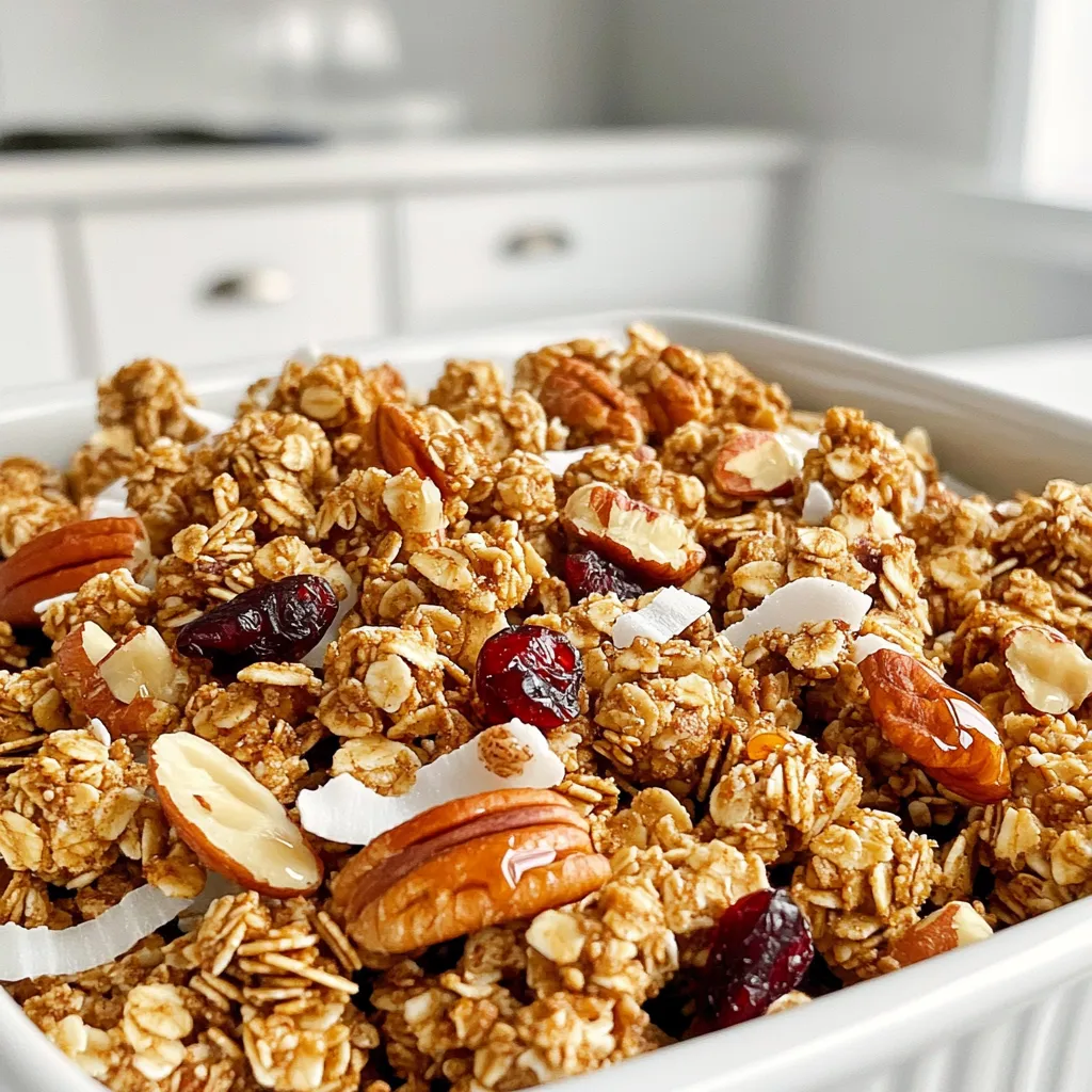 To make Maple Pecan Granola Clusters, you need these ingredients: - 2 cups rolled oats - 1 cup pecans, chopped - 1/2 cup almonds, chopped - 1/2 cup unsweetened coconut flakes - 1/2 teaspoon cinnamon - 1/4 teaspoon salt - 1/2 cup pure maple syrup - 1/4 cup coconut oil, melted - 1 teaspoon vanilla extract - 1/2 cup dried cranberries (optional) Each of these items plays an important role in flavor and texture. The oats form the base. Pecans and almonds add crunch and healthy fats. Coconut flakes bring a light sweetness. Cinnamon gives warmth and depth. Salt enhances all the flavors. Maple syrup acts as a natural sweetener and binder. Coconut oil helps to crisp the granola. Vanilla extract adds a lovely aroma. Dried cranberries add a tart touch if you choose to include them. This tasty granola is not just delicious; it is also nourishing. Each serving has: - Calories: 250 - Protein: 5g - Carbohydrates: 30g - Dietary Fiber: 4g - Sugars: 9g - Fat: 13g - Saturated Fat: 8g These values can change based on your ingredient choices. For example, if you skip the cranberries, you can lower the sugar content. This granola provides energy and keeps you full, making it a smart breakfast or snack choice. If you need alternatives, I have some great options. - Rolled oats: You can use quick oats or gluten-free oats if you prefer. - Pecans: Walnuts or hazelnuts work well if you want a different nut. - Almonds: Try sunflower seeds or pumpkin seeds for a nut-free version. - Coconut flakes: Omit them or use other dried fruits for a different texture. - Maple syrup: Honey or agave syrup can be good substitutes. - Coconut oil: Use vegetable oil or butter if you like. These substitutes allow you to tailor the recipe to your taste or dietary needs. Feel free to mix and match as you like! 1. Preheat your oven to 350°F (175°C). This helps get a nice crunch. 2. Line a baking sheet with parchment paper. This keeps the granola from sticking. 3. In a large bowl, mix together: - 2 cups rolled oats - 1 cup pecans, chopped - 1/2 cup almonds, chopped - 1/2 cup unsweetened coconut flakes - 1/2 teaspoon cinnamon - 1/4 teaspoon salt This mix gives great flavor and texture. 4. In another bowl, whisk together: - 1/2 cup pure maple syrup - 1/4 cup coconut oil, melted - 1 teaspoon vanilla extract This adds sweetness and moisture. 5. Pour the wet mix over the dry ingredients. Stir well to coat everything. 6. Spread the mixture on the prepared baking sheet in an even layer. Pack it down tightly. This helps form those tasty clusters. 7. Bake for 20 to 25 minutes. Stir halfway to ensure even baking. Look for a golden brown color. Avoid burning by watching closely. 8. When done, take it out and let it cool completely on the baking sheet. It will harden while cooling. 9. Once cool, break it into clusters. If you like, mix in 1/2 cup dried cranberries. 10. Store your granola clusters in an airtight container. They stay fresh at room temperature for up to two weeks. To get those crunchy clusters, pack the mixture tightly on the baking sheet. When you press it down, it helps the granola stick together. Also, bake it at 350°F. Stir it halfway through to ensure even cooking. Keep an eye on it, so it doesn't burn. The golden color means it's ready. Let it cool completely on the sheet. It will harden as it cools, forming nice clusters. One common mistake is not packing the granola tightly. If you do this, your clusters will fall apart. Another mistake is baking at too high a temperature. This can lead to burnt granola. Always use parchment paper to prevent sticking. Lastly, don’t skip the cooling step. It’s crucial for keeping those clusters intact. To make this granola gluten-free, use certified gluten-free oats. Check labels on all ingredients to ensure they are gluten-free. For a vegan option, use maple syrup and coconut oil, which are both plant-based. You can also skip the dried cranberries or use a vegan version of dried fruit. This way, everyone can enjoy your tasty treat! {{image_2}} You can boost the taste of your Maple Pecan Granola Clusters easily. Try adding spices like nutmeg or ginger for warmth. A bit of cocoa powder can add a chocolate twist. For a fruity flavor, mix in freeze-dried berries right before baking. Each option gives a new layer to the taste. Feel free to change up the nuts and seeds. Walnuts, cashews, or hazelnuts can work well too. You can also toss in pumpkin seeds or sunflower seeds for crunch and nutrition. Mixing different nuts brings a fun texture and flavor. Just keep the total to about one and a half cups to maintain the balance. If you want to swap the maple syrup, there are great options. Honey or agave syrup can serve as good substitutes. For a sugar-free choice, use mashed bananas or applesauce. Each sweetener can change the flavor profile slightly, so try them out to find your favorite. To keep your maple pecan granola clusters fresh, use an airtight container. Glass jars or plastic containers work well. Store them at room temperature away from direct sunlight. This protects the clusters from moisture and keeps them crunchy. You can also use vacuum-sealed bags for extra protection. When stored correctly, your granola can last for up to two weeks. For the best taste, eat it within the first week. If you notice any changes in smell or texture, it may be time to toss it. Keep an eye out for any signs of spoilage, like odd smells or mold. If your granola goes stale, don’t worry! You can easily revive it. Preheat your oven to 300°F (150°C). Spread the stale granola on a baking sheet. Bake for about 5-10 minutes. This gentle heat will help restore its crunch. Let it cool before storing it again. Enjoy your tasty clusters once more! Yes, you can make these clusters ahead of time. They store well. After baking and cooling, place them in an airtight container. They stay fresh for up to two weeks. This makes them a great snack for busy days. To help your clusters stick, pack the mixture tightly on the baking sheet. Press it down firmly before baking. The heat helps the mixture bond. Make sure to let them cool completely on the sheet. This step is key for forming nice clusters. You can enjoy these clusters in many ways. Try them with yogurt and fresh fruit for breakfast. They also make a great snack on their own. You can sprinkle them on top of salads for extra crunch. Mix them into trail mix for an energy boost. The options are endless! This blog post covered key areas for making Maple Pecan Granola Clusters. We detailed ingredients, explained preparation steps, and provided useful tips. You learned how to avoid common mistakes and make tasty variations. Storing and reviving stale granola were also discussed. In summary, these guidelines help you create delicious clusters easily. Try the tips and enjoy your granola in many ways. You’ll love the taste and texture of your homemade snack. Happy baking!