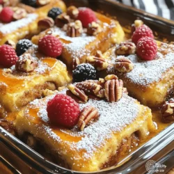 To make a delicious Cinnamon Roll French Toast Casserole, gather these key items: - 2 cans of refrigerated cinnamon rolls (16 oz each) - 6 large eggs - 1 cup milk - 1/2 cup heavy cream - 1 cup maple syrup (plus more for serving) - 1 tablespoon vanilla extract - 1 teaspoon ground cinnamon - 1/4 teaspoon nutmeg - Pinch of salt These ingredients create the soft base and sweet flavor of the dish. The cinnamon rolls give it a comforting taste, while the eggs and cream provide a rich custard. You can add some fun textures and flavors with these extras: - 1/2 cup chopped pecans or walnuts These nuts bring a nice crunch. They blend well with the soft cinnamon rolls and add depth to every bite. Finish your casserole with these bright and tasty toppings: - Powdered sugar for dusting - Fresh berries for garnish Dusting with powdered sugar adds sweetness. Fresh berries not only look great but also give a fresh contrast to the rich flavors. Start by preheating your oven to 375°F (190°C). Grease a 9x13-inch baking dish with cooking spray or butter. This step helps the casserole not stick. Next, open the cans of refrigerated cinnamon rolls. Cut each roll into quarters. Place the pieces evenly in the greased dish. This makes sure each bite has that sweet cinnamon flavor. In a large bowl, whisk together the eggs, milk, heavy cream, maple syrup, vanilla extract, ground cinnamon, nutmeg, and a pinch of salt. Mix well until it is smooth and creamy. Now, pour this egg mixture over the cinnamon roll pieces. Make sure to coat them evenly. If you want, sprinkle the chopped pecans or walnuts on top. This adds a nice crunch. Using a spatula, gently press down on the cinnamon roll pieces. This helps them soak up the custard mixture. You want every piece to be rich and tasty. Place the baking dish in the preheated oven. Bake for 25-30 minutes. You will know it's ready when the casserole is golden brown and cooked through. The top should look puffy and inviting. Once baked, take the casserole out of the oven. Let it cool for about 10 minutes. This cooling time helps set the dish. Before you serve, drizzle some extra maple syrup on top. Dust with powdered sugar to add sweetness. For a pop of color, garnish with fresh berries. Serve warm in squares for an easy, delightful breakfast! Serve this warm, cut into squares. Drizzle with extra syrup for a sweet touch. Dust with powdered sugar for a nice look. Fresh berries add color and flavor. You can also serve it with whipped cream for extra creaminess. Do not skip greasing the baking dish. This helps prevent sticking. Make sure to cut the cinnamon rolls into small pieces. If they are too large, they won’t soak up the mix well. Avoid overbaking; keep an eye on it. You want a golden brown top, not a dry one. You can prepare this casserole the night before. Just follow the recipe but cover it and chill it in the fridge. In the morning, bake it straight from the fridge. This saves time and is great for busy mornings. You can also freeze leftovers. Just let them cool, then store them in airtight containers. {{image_2}} You can change the flavor of your Cinnamon Roll French Toast Casserole easily. Try adding chocolate chips for a sweet twist. You can also use fruit like apples or berries. They add a fresh taste and fun texture. If you love spice, add more nutmeg or even ginger. Each change brings a new taste to the dish. Making this dish fit your diet is simple. For a lighter version, use low-fat milk instead of regular milk. You can also swap heavy cream for a plant-based milk. If you need a gluten-free option, look for gluten-free cinnamon rolls. These adjustments keep the flavor while meeting your needs. Don't worry if you lack some ingredients. You can swap maple syrup for agave nectar or honey. This change gives a different kind of sweetness. If you don't have eggs, try using a mix of ground flaxseed and water. This works well and keeps the dish together. You can store leftover Cinnamon Roll French Toast Casserole in the fridge. Place it in an airtight container for best results. It will stay fresh for up to three days. If you want to save it longer, consider freezing it. To reheat, simply take a piece out of the fridge. Place it on a microwave-safe plate. Heat it in the microwave for about 30 seconds. Check if it's warm enough, then enjoy! You can also reheat it in the oven. Preheat to 350°F (175°C) and bake for about 10-15 minutes. To freeze, cut the casserole into squares. Wrap each piece tightly in plastic wrap. Then, place them in a freezer bag. They will stay good for up to two months. When ready to eat, thaw it in the fridge overnight. Then, reheat as mentioned before. You can tell the casserole is done when it is golden brown on top. The edges should be firm, and the center should not jiggle. A toothpick should come out clean when you poke it in the center. If you see moist crumbs, it needs a few more minutes. Yes, you can definitely use homemade cinnamon rolls. Make sure they are soft and fresh. Cut them into quarters just like the store-bought ones. Homemade rolls can add a special touch to your casserole. Just keep an eye on the baking time, as they may take a bit longer. You can get creative with toppings! Here are some ideas: - Chopped nuts like pecans or walnuts - Fresh fruit, such as sliced bananas or strawberries - Chocolate chips for a sweet twist - A drizzle of cream cheese icing - Whipped cream for extra fluffiness Feel free to mix and match your favorites. Enjoy the fun of making it your own! In this article, we explored key ingredients and step-by-step instructions for making a delicious casserole. We covered tips for serving and common mistakes to avoid. We also discussed variations to suit different diets and preferences, plus how to store leftovers. Cooking can be fun and easy! Keep these tips in mind as you create your dish. Enjoy the process and share your creations with friends and family. Happy cooking!