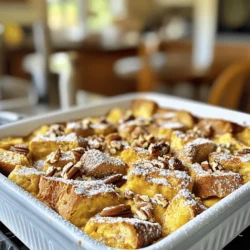 - 1 loaf of challah or brioche bread, cut into 1-inch cubes - 4 large eggs - 2 cups milk - 1 cup pure pumpkin puree - 1/4 cup maple syrup - 1 tablespoon vanilla extract - 1 tablespoon ground cinnamon - 1 teaspoon ground nutmeg - 1/2 teaspoon ground ginger - 1/4 teaspoon salt - 1/2 cup chopped pecans (optional) - Powdered sugar for dusting (optional) These ingredients create a warm, cozy dish. The bread forms a soft base. The pumpkin puree brings rich flavor. The spices add warmth and sweetness. You can use other bread types if you like. Sourdough or whole wheat bread works well. Eggs can be replaced with flax eggs for vegan options. Use almond milk or oat milk instead of regular milk. For a sweeter option, use honey instead of maple syrup. Chopped pecans add a nice crunch. You can also add walnuts or raisins for more texture. Top with whipped cream for added indulgence. A drizzle of caramel sauce enhances the flavor, making it even more special. Dust with powdered sugar for a beautiful finish. 1. Start by preheating your oven to 350°F (175°C). This ensures even cooking. 2. Grease a 9x13-inch baking dish. A non-stick spray or butter works well. 3. In a large mixing bowl, whisk together these ingredients: - 4 large eggs - 2 cups milk - 1 cup pure pumpkin puree - 1/4 cup maple syrup - 1 tablespoon vanilla extract - 1 tablespoon ground cinnamon - 1 teaspoon ground nutmeg - 1/2 teaspoon ground ginger - 1/4 teaspoon salt 4. Mix until everything is combined well. This will be your custard base. 5. Cut a loaf of challah or brioche bread into 1-inch cubes. Add the bread to the egg mixture. 6. Stir gently to coat all the bread pieces. Let it soak for 15 minutes. 7. If you like, fold in 1/2 cup of chopped pecans for a crunchy texture. 1. After soaking, pour the bread mixture into the greased baking dish. Spread it out evenly. 2. Place the dish in the oven and bake for 35-40 minutes. Watch for a golden brown top. 3. Check if the center is set. You can do this by gently shaking the dish. 4. Once it’s done, take it out and let it cool for a few minutes. - Oven Variations: All ovens are different. Keep an eye on your casserole. - Covering: If the top browns too fast, cover it with foil halfway through baking. - Testing Doneness: Use a toothpick. It should come out clean from the center. - Resting Time: Let it cool for a few minutes before serving. This helps the flavors settle. To get the best texture, use fresh challah or brioche bread. This bread stays soft and soaks up the mixture well. Cut the bread into 1-inch cubes. This size helps each piece soak evenly. Letting the bread sit in the egg mixture for 15 minutes is key. This step gives it a nice, creamy feel. If you want a crispy top, bake it a bit longer. Just watch it closely so it doesn't burn. Serve this casserole warm for the best taste. It looks nice on a large platter. Dust it with powdered sugar just before serving. You can also add whipped cream on top for a sweet touch. For a fun twist, drizzle extra maple syrup over it. This adds more flavor and makes it extra special. Pair it with fresh fruit like berries or bananas for a colorful plate. Coffee is a great choice with this dish. A rich, dark roast really enhances the pumpkin flavor. You could also serve hot apple cider. Its sweet and spiced notes match well with the casserole. For a fun twist, try a pumpkin spice latte. This drink adds to the fall vibe. For kids, a glass of milk or a sweet fruit juice works well too. Choose drinks that balance the sweet and spicy notes in the casserole. {{image_2}} You can add seasonal flavors to your casserole. Try mixing in apple slices for a sweet twist. Diced pears also bring a nice touch. A sprinkle of cranberries can add color and tartness. You could even add a hint of orange zest for some brightness. Each of these options makes your dish unique and fun. While I love using challah or brioche, you can switch things up. Use sourdough for a tangy flavor. Whole wheat bread adds a nutty taste and extra fiber. Even cinnamon raisin bread can bring sweetness. Just remember to cut the bread into cubes. This helps it soak up the egg mixture well. For a gluten-free version, you can choose gluten-free bread. There are many options available now. Just make sure it is sturdy enough to hold the mixture. You can also use almond milk instead of regular milk. This keeps the dish creamy while being gluten-free. Enjoy your delicious Pumpkin Spice French Toast Casserole without worry! After enjoying your Pumpkin Spice French Toast Casserole, store leftovers in an airtight container. This keeps the dish fresh. Place it in the fridge. It will last up to three days. Make sure it cools down before sealing it. For best taste, eat it within this time frame. To enjoy your casserole again, reheat it in the oven. Preheat your oven to 350°F (175°C). Place the casserole in a baking dish. Cover it with foil to keep it moist. Heat for about 15-20 minutes. Check if it’s warm all the way through before serving. If you want to save some for later, freezing is a good option. First, let the casserole cool completely. Then, cut it into portions. Wrap each piece tightly in plastic wrap. Place the wrapped pieces in a freezer-safe bag or container. Label the bag with the date. It can last up to three months in the freezer. When you’re ready to enjoy, thaw it in the fridge overnight and reheat as mentioned before. Yes, you can prepare this casserole a day ahead. Just mix the ingredients as directed. Then, cover it and refrigerate overnight. This helps the bread soak up the pumpkin mixture. In the morning, all you need to do is bake it. This makes serving easy for brunch or special occasions. Your casserole is done when the top is golden brown. You should also check the center. Insert a knife; it should come out clean. If it’s still wet, bake for a few more minutes. Keep an eye on it to avoid burning the top. This casserole pairs well with many sides. Consider fresh fruit like strawberries or bananas. Maple syrup is a classic choice for drizzling. You could also add whipped cream for a creamy touch. For drinks, try coffee or spiced apple cider. These will complement the warm flavors of the casserole perfectly. In this article, we explored the key ingredients and steps for making a delicious casserole. We covered ingredient swaps, add-ins, and even storage tips. Mastering baking and serving techniques can elevate your dish. Remember, you can adapt flavors to fit any season. Keep experimenting with alternatives to suit your needs. I hope this guide fuels your passion for creating tasty meals. With these insights, you’ll feel confident in the kitchen. Now, go make your Pumpkin Spice French Toast Casserole shine!