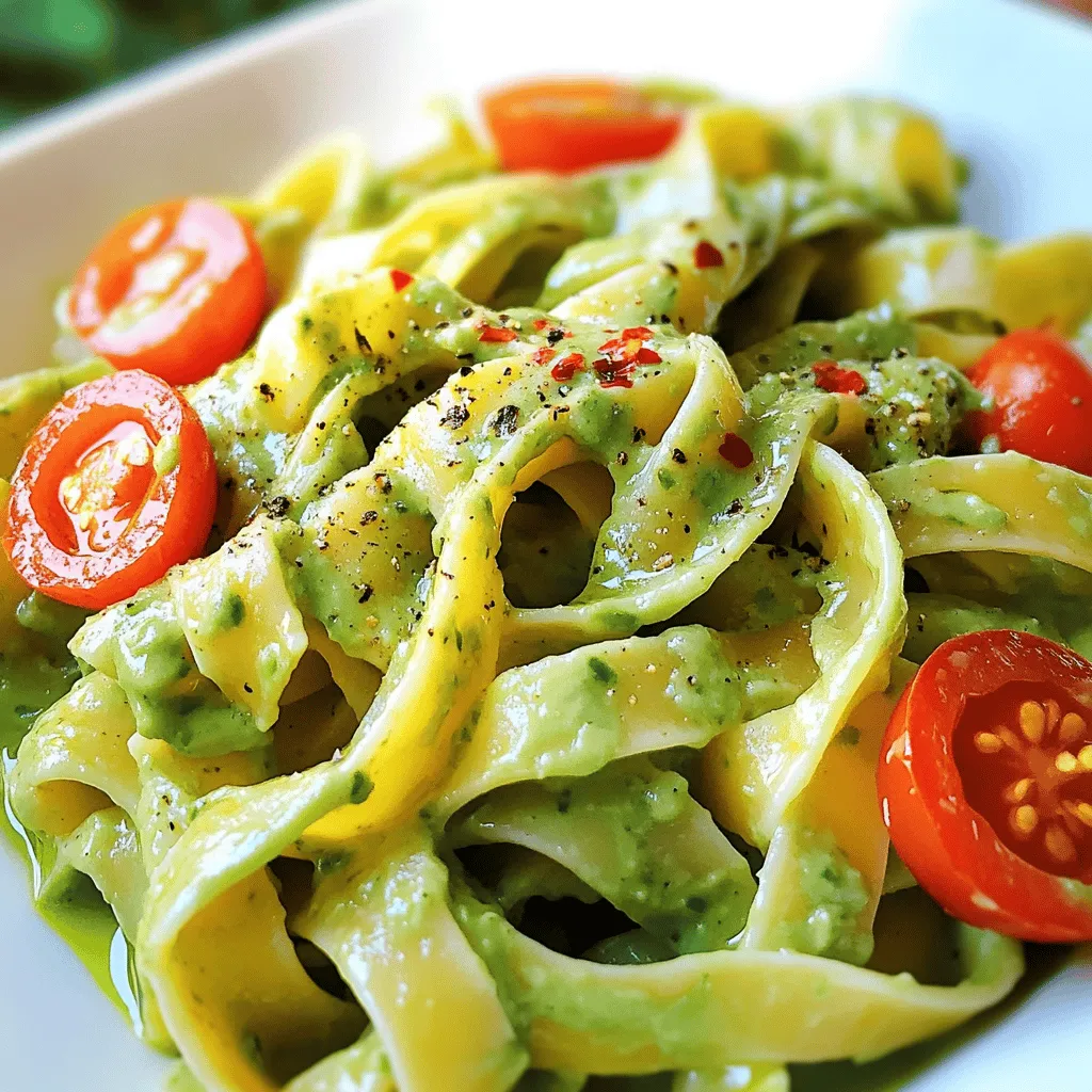 For this creamy avocado cilantro pasta, you'll need these key items: - 2 ripe avocados, pitted and peeled - 1 cup fresh cilantro leaves, packed - 2 cloves garlic - 2 tablespoons lime juice - 1/4 cup olive oil These ingredients create a rich, smooth sauce that coats the pasta perfectly. The avocados add creaminess, while cilantro brings fresh flavor. Garlic and lime juice enhance the taste, making each bite a delight. You can use different types of pasta for this dish. Spaghetti and fettuccine work well. Both types hold the sauce nicely. If you prefer gluten-free options, look for rice or quinoa pasta. These choices also blend well with the creamy sauce. To make your dish even better, consider adding garnishes. Here are two great options: - Cherry tomatoes, halved - Crushed red pepper flakes (for heat) The cherry tomatoes add a pop of color and sweetness. Crushed red pepper flakes give a spicy kick if you like some heat. To cook the pasta, start by filling a large pot with water. Add enough salt to make it taste like the sea. Bring the water to a boil. Once boiling, add your pasta. For al dente pasta, follow the package instructions, usually around 8-10 minutes. You want it firm but cooked. Before draining, remember to reserve 1 cup of that starchy pasta water. This will help later. Next, you will make the avocado sauce. Grab a blender or food processor. Add the ripe avocados, fresh cilantro, garlic, lime juice, olive oil, salt, and black pepper. Blend until smooth and creamy. If the sauce is too thick, add a bit of the reserved pasta water. This will help achieve the right consistency. You want it silky, not too runny. Now it’s time to mix the pasta and sauce. In the same pot you used for cooking, add the drained pasta. Pour the creamy avocado sauce over it. Toss gently until every strand is coated. If it feels dry, add more reserved pasta water a little at a time. This will keep your dish creamy and delicious. To get the best avocados, look for a few signs. A ripe avocado feels slightly soft when you squeeze it gently. If it's hard, it needs more time to ripen. If it feels mushy, it may be overripe. At the store, check the skin for dark green or black color. Avoid avocados with large dents or dark spots. If you find some that are firm, you can buy them. Just let them ripen at home for a few days. To make your dish even better, try adding fresh herbs like basil or parsley. You can also add spices like cumin or chili powder for extra flavor. This will give your pasta a nice twist. Balancing flavors is key. The lime juice adds brightness and cuts the creaminess of the avocado. If you like it spicy, sprinkle some crushed red pepper flakes on top when you serve. If you want to save time, you can make the avocado sauce ahead. Store it in an airtight container in the fridge. To keep it green, press plastic wrap directly onto the sauce before sealing the lid. When you reheat the sauce, do it gently. Use low heat on the stove and add a splash of water or olive oil. This will help keep the creamy texture smooth. Enjoy your meal prep! {{image_2}} You can add proteins to this dish for extra flavor and nutrition. Grilled chicken adds a nice smoky taste. Just slice it and mix it in with the pasta. Shrimp works well too. Cook it lightly, then toss it with the pasta. If you prefer plant-based options, try chickpeas or tofu. Both will soak up the creamy sauce and add a good bite. To make this dish vegan, swap out any non-vegan ingredients. Use a vegan pasta to keep it fully plant-based. You can also replace the olive oil with a vegan butter. Another great option is to add nutritional yeast. It gives a cheesy flavor without dairy. Mix it in the sauce for a tasty twist. To kick up the heat, add jalapeños to the sauce. Start with a small amount, then blend it in. This will give your pasta a spicy kick. You can also change the herbs. Try adding basil or parsley for a different taste. Each herb will bring a new flavor to the dish. Experiment and find what you love best! To keep your creamy avocado cilantro pasta fresh, use airtight containers. Glass containers work well. They do not stain or hold smells. Store the pasta in the fridge. It stays fresh for up to three days. After that, it may lose flavor and texture. You can freeze the avocado sauce if you have leftovers. Start by placing it in a freezer-safe bag or container. Make sure to remove as much air as possible. This helps prevent freezer burn. The sauce can freeze for up to three months. When you want to use it, thaw it in the fridge overnight. You can also use the microwave on a low setting. Reheating is easy. You can microwave the pasta, but be careful. Microwaving can dry it out. Instead, try the stovetop for better results. Add a splash of water or olive oil to keep it creamy. Heat it on low while stirring. This way, the pasta stays nice and smooth. Enjoy your pasta warm! Yes, you can make this dish ahead of time. To prep, cook the pasta and make the avocado sauce separately. Store them in airtight containers. Keep the pasta in the fridge for up to three days. The sauce can also last three days but may brown slightly. To avoid browning, add a little extra lime juice to the sauce. When ready to serve, combine the pasta and sauce. Heat gently on the stove, adding reserved pasta water if needed for creaminess. If you dislike cilantro, don’t worry! You can use parsley or basil instead. Both of these herbs add a fresh taste. You can also try mint for a different flavor. For a spicy kick, add a bit of arugula. Each option will change the taste but will still make the dish tasty. Feel free to experiment with your favorite herbs! Yes, this recipe is healthy and full of good stuff. The main ingredient, avocado, is packed with healthy fats. These fats help keep your heart strong. Avocados also have vitamins E, K, and C. They offer fiber, which helps your digestion. The pasta provides energy, especially if you choose whole grain. This dish is a great way to enjoy a nutritious meal that's both creamy and delicious! This blog post covered everything you need to make a creamy avocado pasta dish. We explored the main ingredients, pasta choices, and optional garnishes. I shared step-by-step instructions for cooking pasta and making the sauce. You also learned tips for selecting avocados, enhancing flavor, and meal prep. Finally, we discussed variations and storage ideas. Try this recipe your way. Whether it’s adding protein or adjusting flavors, make it yours! Enjoy your cooking journey!