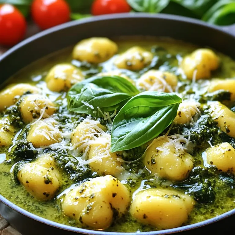 - 1 pound potato gnocchi - 2 cups fresh spinach leaves - 1 cup cherry tomatoes, halved - 1 cup heavy cream - 1/2 cup basil pesto - 1 cup vegetable broth - 1/2 cup grated Parmesan cheese - 2 tablespoons olive oil - 1 teaspoon garlic powder - Salt and pepper to taste - Fresh basil leaves for garnish For this creamy one-pot pesto gnocchi, let’s focus on the key ingredients. Potato gnocchi serves as the base. This fluffy pasta cooks quickly and absorbs flavors well. Fresh spinach adds color and nutrients. It wilts nicely for a tender bite. Cherry tomatoes provide sweetness and a juicy burst. Halving them helps them cook faster. Heavy cream creates a rich sauce. It makes the dish creamy and comforting. Basil pesto brings a fresh, herbaceous flavor. It's the star of this dish. Next, we have our pantry staples. Vegetable broth adds depth. It enhances the overall taste of the dish. Grated Parmesan cheese offers a salty kick. Mixing it in makes the sauce even richer. Olive oil is essential for sautéing. It adds healthy fats and a nice flavor. Garlic powder gives a subtle garlic taste. It’s a quick way to boost flavor. Finally, don’t forget salt and pepper. They enhance everything. For garnish, fresh basil leaves add a pop of color and extra flavor. Gather these ingredients. You’re ready to make a delicious meal! - Sautéing spinach Start by heating olive oil in a large pot over medium heat. Add fresh spinach leaves. Sauté them for about two minutes until they wilt. This step adds a nice flavor and bright color to your dish. - Cooking cherry tomatoes Next, add halved cherry tomatoes to the pot. Cook for another two minutes. This will soften them and release their juices, making the dish taste even better. - Adding liquids for simmering Pour in one cup of vegetable broth and one cup of heavy cream. Add one teaspoon of garlic powder for extra flavor. Stir everything together and bring it to a gentle simmer. This mixture creates a creamy base for your gnocchi. - Incorporating gnocchi Gently add one pound of potato gnocchi to the simmering mix. Cook for about three to five minutes. Stir occasionally until the gnocchi float to the surface. This means they are ready and tender. - Stirring in pesto and Parmesan Now, stir in half a cup of basil pesto and half a cup of grated Parmesan cheese. Mix well until the sauce is creamy and coats the gnocchi. The pesto adds a fresh flavor that brightens the dish. - Seasoning and serving Finally, season with salt and pepper to taste. Remove from heat. Plate your creamy gnocchi and garnish it with fresh basil leaves. This adds a lovely touch and a burst of freshness to your meal. - Choosing the best pesto: Use a fresh basil pesto for bright flavor. You can buy it or make your own. If you prefer, try sun-dried tomato pesto for a twist. - Additional spices and herbs: Add a pinch of red pepper flakes for heat. Oregano and thyme work well too. Fresh herbs like parsley can also add a nice touch. - One-pot cooking benefits: One-pot meals save time and clean-up. You get all the flavors to blend nicely. This method keeps the gnocchi soft and tender. - Avoiding overcooked gnocchi: Cook gnocchi until they float, but don’t leave them too long. This way, they stay firm and chewy. Stir gently to prevent sticking. - Plating techniques: Use a large spoon to lift the gnocchi onto plates. Make a small well in the center for a nice look. - Best garnishes to use: Finish with fresh basil leaves on top. A sprinkle of grated Parmesan adds a lovely touch too. You can also use a drizzle of olive oil for shine. {{image_2}} You can make this dish even better with added veggies. Try using kale or arugula instead of spinach. Both add a nice crunch and flavor. Seasonal swaps are also fun. In summer, add zucchini or bell peppers. In fall, use butternut squash or mushrooms. These changes keep the meal fresh and exciting. Want to make it heartier? Adding protein is easy. You can toss in cooked chicken or shrimp. These pair well with the creamy sauce. If you prefer vegetarian options, think about chickpeas or lentils. They add protein and texture without meat. If you need gluten-free options, look for gluten-free gnocchi. Many brands make delicious choices. Check the ingredients to ensure they fit your needs. You may also need to adjust other ingredients. Some pesto brands have gluten, so read labels carefully. This helps keep your meal safe and tasty. You can store leftovers in the fridge. Place any unused creamy pesto gnocchi in an airtight container. This helps keep it fresh. Use a glass or plastic container with a tight lid. It stops air from getting in and keeps the flavors strong. Can you freeze creamy pesto gnocchi? Yes, you can! Just let it cool first. Then, put it in freezer-safe bags or containers. Remove as much air as you can before sealing. To reheat frozen servings, let it thaw in the fridge overnight. Then, warm it on the stove over low heat. Add a splash of broth or cream to keep it creamy. Signs of spoilage include off smells or mold. If it smells sour, it’s best to throw it away. Enjoy your creamy pesto gnocchi within 3 to 5 days if stored in the fridge. For frozen servings, use them within 2 to 3 months for the best taste. One-pot pasta is a cooking method where you prepare the entire dish in one pot. This method saves time on cleanup and cooking. You add all ingredients together, which allows the flavors to blend well. It’s perfect for busy days or quick meals. You get a tasty dish without many dishes to wash. Yes, you can make creamy one-pot pesto gnocchi vegan. Here are some easy swaps: - Use plant-based gnocchi instead of regular gnocchi. - Replace heavy cream with coconut cream or cashew cream. - Use nutritional yeast instead of Parmesan cheese for a cheesy flavor. - Use vegetable broth for added depth without animal products. To add heat, try these options: - Mix in red pepper flakes while cooking. - Add chopped fresh jalapeños or serranos to the pot. - Use spicy pesto instead of regular pesto. - Try a dash of hot sauce when serving to control the heat. These simple tips will bring a kick to your creamy gnocchi dish without losing its tasty flavor. This blog laid out a simple, tasty recipe for creamy pesto gnocchi. We covered the main ingredients, pantry staples, and even some fun variations. You can make this dish your own with different veggies or proteins. Remember to store it right for the best taste later. If you want to impress your friends or family, use the tips for flavor and presentation. Cooking can be fun and rewarding, so dive in and enjoy every bite!