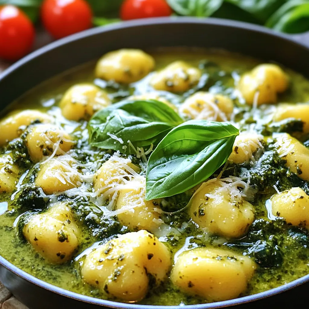 - 1 pound potato gnocchi - 2 cups fresh spinach leaves - 1 cup cherry tomatoes, halved - 1 cup heavy cream - 1/2 cup basil pesto - 1 cup vegetable broth - 1/2 cup grated Parmesan cheese - 2 tablespoons olive oil - 1 teaspoon garlic powder - Salt and pepper to taste - Fresh basil leaves for garnish For this creamy one-pot pesto gnocchi, let’s focus on the key ingredients. Potato gnocchi serves as the base. This fluffy pasta cooks quickly and absorbs flavors well. Fresh spinach adds color and nutrients. It wilts nicely for a tender bite. Cherry tomatoes provide sweetness and a juicy burst. Halving them helps them cook faster. Heavy cream creates a rich sauce. It makes the dish creamy and comforting. Basil pesto brings a fresh, herbaceous flavor. It's the star of this dish. Next, we have our pantry staples. Vegetable broth adds depth. It enhances the overall taste of the dish. Grated Parmesan cheese offers a salty kick. Mixing it in makes the sauce even richer. Olive oil is essential for sautéing. It adds healthy fats and a nice flavor. Garlic powder gives a subtle garlic taste. It’s a quick way to boost flavor. Finally, don’t forget salt and pepper. They enhance everything. For garnish, fresh basil leaves add a pop of color and extra flavor. Gather these ingredients. You’re ready to make a delicious meal! - Sautéing spinach Start by heating olive oil in a large pot over medium heat. Add fresh spinach leaves. Sauté them for about two minutes until they wilt. This step adds a nice flavor and bright color to your dish. - Cooking cherry tomatoes Next, add halved cherry tomatoes to the pot. Cook for another two minutes. This will soften them and release their juices, making the dish taste even better. - Adding liquids for simmering Pour in one cup of vegetable broth and one cup of heavy cream. Add one teaspoon of garlic powder for extra flavor. Stir everything together and bring it to a gentle simmer. This mixture creates a creamy base for your gnocchi. - Incorporating gnocchi Gently add one pound of potato gnocchi to the simmering mix. Cook for about three to five minutes. Stir occasionally until the gnocchi float to the surface. This means they are ready and tender. - Stirring in pesto and Parmesan Now, stir in half a cup of basil pesto and half a cup of grated Parmesan cheese. Mix well until the sauce is creamy and coats the gnocchi. The pesto adds a fresh flavor that brightens the dish. - Seasoning and serving Finally, season with salt and pepper to taste. Remove from heat. Plate your creamy gnocchi and garnish it with fresh basil leaves. This adds a lovely touch and a burst of freshness to your meal. - Choosing the best pesto: Use a fresh basil pesto for bright flavor. You can buy it or make your own. If you prefer, try sun-dried tomato pesto for a twist. - Additional spices and herbs: Add a pinch of red pepper flakes for heat. Oregano and thyme work well too. Fresh herbs like parsley can also add a nice touch. - One-pot cooking benefits: One-pot meals save time and clean-up. You get all the flavors to blend nicely. This method keeps the gnocchi soft and tender. - Avoiding overcooked gnocchi: Cook gnocchi until they float, but don’t leave them too long. This way, they stay firm and chewy. Stir gently to prevent sticking. - Plating techniques: Use a large spoon to lift the gnocchi onto plates. Make a small well in the center for a nice look. - Best garnishes to use: Finish with fresh basil leaves on top. A sprinkle of grated Parmesan adds a lovely touch too. You can also use a drizzle of olive oil for shine. {{image_2}} You can make this dish even better with added veggies. Try using kale or arugula instead of spinach. Both add a nice crunch and flavor. Seasonal swaps are also fun. In summer, add zucchini or bell peppers. In fall, use butternut squash or mushrooms. These changes keep the meal fresh and exciting. Want to make it heartier? Adding protein is easy. You can toss in cooked chicken or shrimp. These pair well with the creamy sauce. If you prefer vegetarian options, think about chickpeas or lentils. They add protein and texture without meat. If you need gluten-free options, look for gluten-free gnocchi. Many brands make delicious choices. Check the ingredients to ensure they fit your needs. You may also need to adjust other ingredients. Some pesto brands have gluten, so read labels carefully. This helps keep your meal safe and tasty. You can store leftovers in the fridge. Place any unused creamy pesto gnocchi in an airtight container. This helps keep it fresh. Use a glass or plastic container with a tight lid. It stops air from getting in and keeps the flavors strong. Can you freeze creamy pesto gnocchi? Yes, you can! Just let it cool first. Then, put it in freezer-safe bags or containers. Remove as much air as you can before sealing. To reheat frozen servings, let it thaw in the fridge overnight. Then, warm it on the stove over low heat. Add a splash of broth or cream to keep it creamy. Signs of spoilage include off smells or mold. If it smells sour, it’s best to throw it away. Enjoy your creamy pesto gnocchi within 3 to 5 days if stored in the fridge. For frozen servings, use them within 2 to 3 months for the best taste. One-pot pasta is a cooking method where you prepare the entire dish in one pot. This method saves time on cleanup and cooking. You add all ingredients together, which allows the flavors to blend well. It’s perfect for busy days or quick meals. You get a tasty dish without many dishes to wash. Yes, you can make creamy one-pot pesto gnocchi vegan. Here are some easy swaps: - Use plant-based gnocchi instead of regular gnocchi. - Replace heavy cream with coconut cream or cashew cream. - Use nutritional yeast instead of Parmesan cheese for a cheesy flavor. - Use vegetable broth for added depth without animal products. To add heat, try these options: - Mix in red pepper flakes while cooking. - Add chopped fresh jalapeños or serranos to the pot. - Use spicy pesto instead of regular pesto. - Try a dash of hot sauce when serving to control the heat. These simple tips will bring a kick to your creamy gnocchi dish without losing its tasty flavor. This blog laid out a simple, tasty recipe for creamy pesto gnocchi. We covered the main ingredients, pantry staples, and even some fun variations. You can make this dish your own with different veggies or proteins. Remember to store it right for the best taste later. If you want to impress your friends or family, use the tips for flavor and presentation. Cooking can be fun and rewarding, so dive in and enjoy every bite!