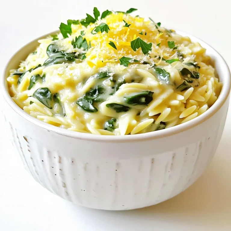 To make One-Pot Garlic Parmesan Orzo with Spinach, you need simple and fresh ingredients. Here’s what you'll need: - 1 cup orzo pasta - 2 tablespoons olive oil - 4 cloves garlic, minced - 4 cups vegetable broth - 2 cups fresh spinach, chopped - 1/2 cup grated Parmesan cheese - 1/4 cup heavy cream (or plant-based cream) - 1 teaspoon Italian seasoning - Salt and pepper to taste - Zest of 1 lemon (for garnish) - Fresh parsley, chopped (for garnish) Each ingredient plays a key role in flavor and texture. Orzo pasta serves as the base, soaking up the broth. Olive oil adds richness while garlic brings a punch of flavor. The vegetable broth gives depth, and spinach adds color and nutrients. Parmesan cheese provides creaminess and a savory taste. Heavy cream enhances the dish's richness, making it comforting. Italian seasoning ties everything together with herbs, while salt and pepper help balance flavors. Finally, lemon zest and fresh parsley brighten the dish and add a fresh finish. With these ingredients, you're set to create a delicious, one-pot meal that’s both easy and satisfying. 1. Heating the olive oil Start by placing a large pot or skillet over medium heat. Add 2 tablespoons of olive oil. Let the oil warm for about a minute. This step adds flavor and helps cook the garlic. 2. Sautéing the garlic Next, add 4 cloves of minced garlic to the hot oil. Sauté for about 1 minute. You want it fragrant but not browned. Browned garlic can taste bitter, so keep a close eye on it. 3. Toasting the orzo pasta Stir in 1 cup of orzo pasta. Toast the orzo for about 2 minutes. Keep stirring to prevent it from sticking. This step gives the pasta a nice nutty flavor. 4. Adding vegetable broth and cooking orzo Pour in 4 cups of vegetable broth. Bring the mixture to a boil. Once boiling, reduce the heat to a simmer. Cook uncovered for about 8-10 minutes. The orzo should be al dente, and most of the liquid should be absorbed. 5. Stirring in spinach and incorporating cheese and cream Now, add 2 cups of chopped fresh spinach. Stir until it wilts, which takes about 2 minutes. Lower the heat, then mix in 1/2 cup of grated Parmesan cheese and 1/4 cup of heavy cream. Combine everything until it looks creamy and delicious. By following these steps, you will create a delightful one-pot meal filled with garlic, cheese, and fresh spinach. Each step builds flavor and makes the dish rich and satisfying. Enjoy the process and the yummy result! - Ensuring proper orzo cooking: To cook orzo well, use enough broth. The orzo should soak up the flavors. Keep an eye on it. Stir often to prevent sticking. Cook until it is al dente, slightly firm to the bite. This usually takes about 8 to 10 minutes. - Maximizing flavor with garlic: Fresh garlic gives the best taste. Sauté it just until fragrant. If it browns, it can taste bitter. Stir the garlic into the olive oil before adding the orzo. This helps the flavor spread throughout the dish. - Techniques to achieve creaminess: To make your dish creamy, add heavy cream and cheese at the end. Mix well until smooth. Let the dish sit for a few minutes after cooking. This helps it thicken and become even creamier. - Garnishing tips with lemon zest and parsley: Brighten your dish with lemon zest. It adds a fresh, zesty touch. Use fresh parsley for color and flavor. Sprinkle both on top before serving. This will make your dish look vibrant and inviting. - Serving style ideas: Serve the orzo in warm bowls. This keeps it cozy and enjoyable. You can also pair it with a simple salad. This adds a nice crunch and freshness to your meal. {{image_2}} You can change up the greens you use in this dish. Instead of spinach, try kale or Swiss chard. Both add a nice pop of color and nutrients. You can also use arugula for a peppery kick. If you want a non-dairy option for cream, consider using coconut cream or cashew cream. Both give a rich texture without dairy. Almond milk can work too, but it may be thinner. For cheese, Parmesan is classic, but you can switch it up. Try feta for a tangy twist or goat cheese for creaminess. Nutritional yeast is a great option for a dairy-free cheese flavor. Want to add protein? Chicken or shrimp works great here. Cook them separately and stir them in before serving. You can also add cooked beans for a plant-based protein option. To enhance the flavor, add herbs like basil or thyme. A little red pepper flake can bring some heat. Fresh herbs added at the end will elevate the taste too. Mixing in a pinch of smoked paprika can add depth to the dish. To store leftovers of your One-Pot Garlic Parmesan Orzo with Spinach, follow these steps: - Let the orzo cool: Allow it to cool for about 20 minutes. This helps prevent condensation in the storage container. - Use airtight containers: Choose a container with a tight seal to keep the orzo fresh. Glass or plastic containers work well. - Refrigerate promptly: Place the container in the fridge within two hours of cooking. This keeps it safe to eat later. - Consume within three days: For the best taste, eat the leftovers within three days. Reheating your orzo can be simple. Here’s how to do it right: - Use low heat: When reheating, use a skillet or saucepan over low heat. This helps keep the creaminess intact. - Add a splash of broth or cream: If the orzo looks dry, add a little vegetable broth or cream. This will restore its creamy texture. - Stir often: Keep stirring the orzo as it heats. This prevents it from sticking and ensures even warmth. - Avoid the microwave: Microwaving can make the orzo dry or rubbery. If you must use it, do so in short bursts, stirring in between. Following these tips will help you enjoy your orzo dish even after the first serving! You can tell orzo is done when it is soft but still firm. It should have a slight bite, known as al dente. This usually takes about 8 to 10 minutes of cooking. Keep tasting as it cooks to find the perfect texture. Yes, you can use other types of pasta. Try small shapes like ditalini or even penne. Adjust the cooking time based on the pasta you choose. Remember, different pasta will change the dish's texture. Yes, you can make this dish ahead of time. Cook it and let it cool. Store it in an airtight container in the fridge for up to three days. When ready to eat, just reheat it gently on the stove or in the microwave. Garlic Parmesan orzo pairs well with many dishes. Try serving it with grilled chicken or fish. You can also add a side salad or roasted vegetables. This adds color and nutrition to your meal. This blog post covered how to make a tasty Garlic Parmesan Orzo. We went through the needed ingredients, like orzo pasta and fresh spinach, and detailed the step-by-step process. You learned tips for cooking and presenting the dish, along with variations to switch things up. In the end, this dish is quick, flavorful, and easy to adapt. I encourage you to try it and enjoy the creamy goodness!