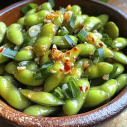 - 2 cups frozen edamame pods - 2 tablespoons olive oil - 4 cloves garlic, minced - 1 teaspoon red pepper flakes (adjust to taste) - 1 tablespoon soy sauce - 1 tablespoon sesame oil - 1 teaspoon fresh lime juice - Sea salt, to taste - Sliced green onions for garnish In this recipe, frozen edamame is the star. You can find them in most grocery stores. The olive oil helps sauté the garlic, making it fragrant and delicious. The garlic adds depth, while red pepper flakes bring a kick. You can adjust the spice to your liking. Soy sauce and sesame oil round out the flavor. They create a savory base that pairs well with the edamame. Fresh lime juice adds brightness. Sea salt enhances all the flavors. Lastly, sliced green onions add a nice touch. They make your dish look appealing and add a pop of freshness. Enjoy making this simple yet tasty snack! - Bring water to a boil. - Cook edamame for 3-5 minutes until tender. - Drain and set aside. Start by filling a medium pot with water. Turn on the heat and wait for it to boil. Once it bubbles, add your frozen edamame pods. You want them to cook until they are tender but not mushy. Three to five minutes is perfect. After cooking, drain the edamame in a colander. This step is key to keep them fresh and crisp. Set them aside while you prepare the spicy garlic mixture. - Heat olive oil in a skillet. - Sauté minced garlic until golden. - Add red pepper flakes and cook briefly. Now, grab a large skillet. Pour in two tablespoons of olive oil and heat it over medium heat. Once hot, add the minced garlic. Stir it for about one minute until it turns golden. Be careful not to let it burn! After the garlic is fragrant, sprinkle in the red pepper flakes. Cook for another minute to release their spicy flavor. - Toss cooked edamame with garlic mixture. - Stir in soy sauce and sesame oil. - Let cook for additional 1-2 minutes. Next, add your drained edamame to the skillet. Toss them well to coat with the garlic and spice mix. Then pour in soy sauce and sesame oil. Stir everything together and let it cook for another one to two minutes. This helps the flavors blend nicely. - Drizzle lime juice and mix. - Season with sea salt. - Garnish with green onions if desired. Finally, take your cooked edamame off the heat. Drizzle fresh lime juice over the top and mix it in. Season with sea salt to taste. If you want to add a pop of color, sprinkle sliced green onions on top. This gives a fresh look and an extra crunch. Serve the edamame warm for a tasty snack! To get the best texture, cook the edamame for 3 to 5 minutes. If you cook it too long, it can become mushy. You want it tender, yet firm. After cooking, draining the edamame well is key. If you leave water in, the dish can become watery. For spice, adjust the red pepper flakes to suit your taste. Start with one teaspoon, then add more if you like it hotter. Fresh ingredients make a big difference. Use fresh garlic and lime juice for a brighter taste. This makes each bite pop! Minute Spicy Garlic Edamame pairs well with many dishes. Try it with grilled chicken or fish for a nice contrast. You can also serve it as an appetizer or snack at parties. People love to munch on it with drinks! {{image_2}} You can change the spice level to suit your taste. For a mild version, use less red pepper. Just add half a teaspoon of red pepper flakes. This keeps the flavor without too much heat. If you like it spicy, add more chili oil. Just one extra teaspoon can really kick it up. Don’t have olive oil? Try avocado oil instead. It adds a nice flavor too. You can also switch the soy sauce for tamari if you need it gluten-free. This swap keeps the taste rich and savory. Want to add some crunch? Toasted sesame seeds are perfect. Just sprinkle them on top before serving. You can also use fresh herbs, like cilantro or parsley. They add a fresh twist and brighten up the dish. To keep your Minute Spicy Garlic Edamame fresh, place it in an airtight container. This helps prevent moisture loss and keeps the flavors intact. Store it in the fridge right away to ensure safety. When stored this way, the edamame lasts for up to three days. After that, the flavor may fade, and the texture might change. To enjoy your edamame again, the best way to reheat it is in a skillet. Heat it over low to medium heat, stirring often. This method helps maintain the taste and texture. You can also microwave it for about 30 seconds. If you use the microwave, cover it with a damp paper towel. This keeps the edamame moist. Avoid reheating more than once for the best flavor. Yes, you can freeze edamame again after cooking. Make sure it is completely cool before freezing. Place it in a freezer-safe bag. Remove as much air as you can before sealing. When stored properly, frozen edamame can last up to three months. To use frozen edamame, just boil it for a few minutes until heated through. This way, you can enjoy your spicy snack anytime! It takes just 5 minutes to prep and about 10 minutes to cook. The total time involved is 15 minutes. This quick recipe makes it easy to enjoy a tasty snack or side dish in no time! Yes, you can use fresh edamame! Fresh edamame may have a slightly better texture. However, it takes longer to cook. Boil fresh edamame for about 5-7 minutes until tender. Make sure to taste them to check for doneness. You can serve this dish with rice or noodles for a complete meal. It pairs nicely with grilled chicken or fish. You can also enjoy it as an appetizer at parties. Add it to a veggie platter for a fun snack option! In summary, this blog post guides you through making Minute Spicy Garlic Edamame. You learned about the key ingredients, step-by-step cooking instructions, and tips for perfecting flavor and texture. You can customize the spice level and toppings to suit your taste. Remember, storing leftovers properly keeps them fresh. Whether as a snack or a side, this dish offers great flavor. Enjoy your cooking adventure with edamame, and let your taste buds celebrate!